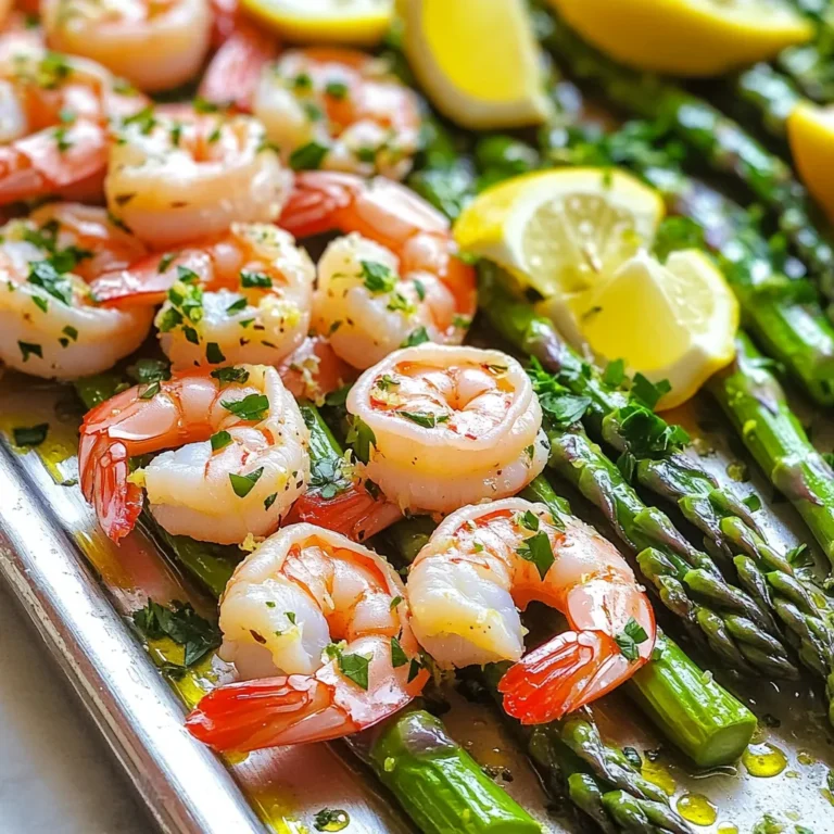 - 1 lb large shrimp, peeled and deveined - 1 lb asparagus, trimmed - 3 tablespoons olive oil - 3 tablespoons fresh lemon juice - Zest of 1 lemon - 4 cloves garlic, minced - 1 teaspoon dried oregano - 1 teaspoon dried thyme - Salt and pepper to taste - Lemon wedges, for serving - Fresh parsley, chopped (for garnish) To make this dish shine, start with large shrimp. They offer great texture and flavor. Choose fresh asparagus for a crisp bite. Olive oil adds richness, while fresh lemon juice brings a bright zing. For seasoning, lemon zest adds a burst of citrus. Minced garlic gives depth and warmth. Dried oregano and thyme bring earthy notes. Adjust salt and pepper to your taste. Don’t forget the finishing touches! Lemon wedges add a fresh squeeze when serving. Chopped parsley brightens up the plate and adds color. Each ingredient plays a key role in this delicious meal. - Preheat the oven to 400°F (200°C). - In a large bowl, whisk together: - 3 tablespoons olive oil - 3 tablespoons fresh lemon juice - Zest of 1 lemon - 4 cloves garlic, minced - 1 teaspoon dried oregano - 1 teaspoon dried thyme - Salt and pepper to taste This marinade brings lots of flavor to the shrimp. You want to mix it well so that every shrimp gets coated. - Add the shrimp to the bowl and toss to coat them in the marinade. - On a sheet pan, arrange the asparagus. Drizzle with a little olive oil and sprinkle with salt and pepper. Toss to coat. - Make space in the middle of the sheet pan and lay the marinated shrimp in a single layer. The shrimp should sit in the middle, while the asparagus surrounds them. This setup helps everything cook evenly. - Bake the shrimp and asparagus in the oven for 10-12 minutes. The shrimp will turn pink and opaque, while the asparagus becomes tender-crisp. - Carefully remove the pan from the oven. Garnish the dish with fresh parsley. Serving it with lemon wedges on the side adds a bright touch. You can squeeze the lemon on top for extra zing! - Cook shrimp for 10-12 minutes. This keeps them juicy. - Check for pink and opaque color. This means they’re done. - Avoid cooking too long. Overcooked shrimp become rubbery. - Make sure they are in a single layer. This helps them cook evenly. - Always choose bright green, firm asparagus. It tastes best. - Thicker stems need more time. Cook them for about 15 minutes. - If your asparagus is thin, check at 10 minutes. You want them tender but firm. - Pair this dish with rice or quinoa for a full meal. - A fresh salad with lemon vinaigrette works well too. - Try adding a sprinkle of chili flakes for a kick. - Serve with more lemon wedges for an extra burst of flavor. {{image_2}} You can change the taste of your dish easily. Try adding spices or herbs. For instance, fresh basil or dill works great with shrimp. You can also mix in some paprika for a smoky twist. If you like a bit of heat, add chili flakes. Just a pinch can make a big difference! Adjust these flavors to suit your taste buds. This dish can fit many diets. If you need a gluten-free option, check your seasonings. Most dried herbs are gluten-free, but always read the labels. You can also make this meal vegetarian. Swap shrimp for hearty veggies like bell peppers or zucchini. Just be sure to adjust cooking times for softer veggies. Want to switch up the protein? Chicken works well in this recipe. Cut chicken breasts into bite-sized pieces. Cook them the same way you would the shrimp. For a plant-based version, use tofu. Press and cube the tofu, then marinate it just like the shrimp. This will soak up all those lovely lemon and herb flavors. To store leftovers, place the shrimp and asparagus in an airtight container. This keeps them fresh and tasty. You can keep them in the fridge for up to three days. After that, the shrimp may lose their flavor and texture. If you want to freeze the dish, let it cool completely first. Place the shrimp and asparagus in a freezer-safe bag. Remove as much air as possible before sealing. You can freeze it for up to three months. For thawing, move it to the fridge overnight before reheating. This helps keep the texture nice. To reheat, you have a few options. You can use the oven, microwave, or stovetop. If using the oven, set it to 350°F (175°C). Place the dish in a baking dish and cover it to keep it moist. Heat for about 10 minutes. In the microwave, heat in short bursts. Stir in between to ensure even heating. This way, the shrimp stays juicy and the asparagus remains crisp. Cooking shrimp takes about 10 to 12 minutes. The shrimp should turn pink and opaque. This quick cooking time helps keep them tender and juicy. If you overcook shrimp, they can become tough. Watch them closely as they cook. Yes, you can use frozen shrimp. Just make sure to thaw them first. The best way to thaw shrimp is to place them in cold water for 15 to 20 minutes. You can also leave them in the fridge overnight. Once thawed, peel and devein if needed. Shrimp should be cooked to an internal temperature of 120°F (49°C). Using a food thermometer can help you check this. When shrimp reach this temperature, they are safe to eat. They should also look pink and feel firm to the touch. This blog post covered an easy shrimp and asparagus recipe. We explored the main ingredients like shrimp, asparagus, and olive oil. You learned simple steps for preparing, cooking, and serving this dish. I shared tips for perfect shrimp and alternatives for asparagus. Finally, we discussed how to store leftovers and answered common questions. Now, it’s your turn. Gather the ingredients and try the recipe. Enjoy a tasty meal that’s simple and quick to make. You’ll impress your family and friends!