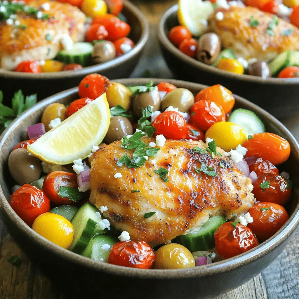 - 4 boneless, skinless chicken thighs - 2 cups cherry tomatoes, halved - 1 cup cucumbers, diced - 1 bell pepper (red or yellow), sliced - 1 red onion, sliced - 1 cup Kalamata olives, pitted and halved The main ingredients for this dish are simple and fresh. Chicken thighs bring flavor and moisture. The vegetables add color and crunch. I love using cherry tomatoes for their sweetness. Cucumbers and bell peppers add a nice, crisp texture. Red onions give a mild bite, while Kalamata olives provide a salty kick. - Feta cheese, crumbled (optional for serving) - Cooked quinoa or rice (for serving) Feta cheese is a great topping, but it’s not needed. It adds creaminess and saltiness if you choose it. Quinoa or rice makes this meal heartier. Both options are great for soaking up the sauce. - Fresh herbs - Spices To season the chicken and veggies, I use a mix of dried oregano, garlic powder, salt, and pepper. This blend gives a Mediterranean flair. Fresh parsley adds a bright touch on top. You can also use other herbs like basil or mint for extra flavor. Always adjust the spices to fit your taste. - Preheat your oven to 400°F (200°C). - Line a large sheet pan with parchment paper for easy cleanup. - In a small bowl, mix together: - 3 tablespoons olive oil - 2 tablespoons lemon juice - 2 teaspoons dried oregano - 1 teaspoon garlic powder - Salt and pepper to taste This mix will be your marinade. - Place the 4 boneless, skinless chicken thighs on one side of the prepared sheet pan. - Pour half of the marinade over the chicken. Make sure it is well coated. - On the other side, arrange: - 2 cups cherry tomatoes, halved - 1 cup cucumbers, diced - 1 sliced bell pepper (red or yellow) - 1 sliced red onion - 1 cup Kalamata olives, pitted and halved - Drizzle the remaining marinade over the vegetables and toss to combine. - Bake in the preheated oven for 25-30 minutes. - Check that the chicken is cooked through. The internal temperature should reach 165°F. - The vegetables should be tender and flavorful. To ensure juicy chicken, use bone-in thighs if you like. They stay moist and tender. If you prefer boneless, skinless thighs, marinate them well. Use a mix of olive oil, lemon juice, and spices. Let the chicken soak for at least 30 minutes. This adds great flavor. For the best vegetables, choose colorful options like bell peppers, cherry tomatoes, and red onions. These not only taste great but also look appealing. Roast them for 25-30 minutes at 400°F. They should be soft yet crisp. Serve your Mediterranean chicken bowls in deep bowls for a nice look. Add a lemon wedge for a pop of color. Sprinkle fresh parsley on top for a touch of green. For extra flavor, drizzle olive oil or add tzatziki sauce. You can also offer crumbled feta cheese to enhance taste. {{image_2}} You can swap proteins in this dish for a new twist. Try using: - Boneless, skinless chicken breasts for a leaner option. - Shrimp for a quick-cooking seafood choice. - Tofu for a plant-based protein. For vegetables, think outside the box. You could use: - Zucchini or yellow squash for a summer touch. - Broccoli or asparagus for extra crunch. - Spinach or kale for a leafy boost. Adjust the spice level to fit your taste. If you like heat, add: - Crushed red pepper flakes for a kick. - Smoked paprika for a warm flavor. Toppings can elevate your meal. Consider: - Avocado slices for creaminess. - A dollop of tzatziki sauce for a cool contrast. - Toasted pine nuts for crunch. Make this dish gluten-free easily. Just ensure your: - Quinoa or rice is certified gluten-free. For a vegan option, you can: - Replace chicken with chickpeas or lentils. - Omit feta cheese or use a plant-based substitute. These variations let you explore new tastes while keeping the heart of the dish intact. Enjoy your cooking adventure! To store your Mediterranean chicken bowls, place leftovers in an airtight container. This keeps flavors fresh and prevents spills. The dish stays good for about 3 to 4 days in the fridge. Make sure to let it cool before sealing to avoid steam buildup. If you want to save some for later, freezing is a great option. Divide the chicken and vegetables into portions and place them in freezer-safe bags. Press out excess air to avoid freezer burn. It’s best to use them within 2 to 3 months for the best taste. To thaw, simply place the bag in the fridge overnight. This gradual thawing helps keep the texture. You can also use the microwave on low power if you're in a hurry. When it's time to eat again, reheating is key. The oven is best for keeping chicken tender. Preheat to 350°F and bake for about 15 minutes. You can also use a microwave, but be careful. Heat in short bursts to avoid drying out the chicken. Adding a splash of water can help keep it moist. How long to bake chicken at 400°F? Bake chicken thighs for 25 to 30 minutes at 400°F. Use a meat thermometer to check. The internal temperature should reach 165°F. This ensures the chicken is safe to eat and juicy. Can I use frozen chicken thighs? Yes, you can use frozen chicken thighs. However, adjust your baking time. It may take an extra 10 to 15 minutes to cook through. Always check the internal temperature before serving. Can I meal prep Mediterranean chicken bowls? Absolutely! These bowls are perfect for meal prep. Cook the chicken and veggies, then store them in containers. You can keep them in the fridge for up to four days. This makes for quick and tasty lunches. How to reheat effectively? To reheat, use the microwave or oven. If using a microwave, heat for one to two minutes. If using the oven, preheat to 350°F and heat for about 10 minutes. This keeps the chicken tender and the veggies flavorful. What can I substitute for olives? If you don't like olives, you can skip them. Try adding some capers for a salty taste. You can also use pickles or artichoke hearts for a different flavor. Is feta necessary for this dish? Feta is optional. It adds creaminess and flavor, but you can leave it out. You can use another cheese like goat cheese or even a dairy-free option if needed. This blog post covered the essentials for making a delicious Mediterranean chicken dish. I shared the key ingredients, preparation steps, and baking tips. You learned about ingredient swaps and variations to make it your own. Storing leftovers properly helps keep your meal fresh. The FAQs section addressed common questions for easy meal prep. Enjoy experimenting with this recipe to find your favorite version. Happy cooking!