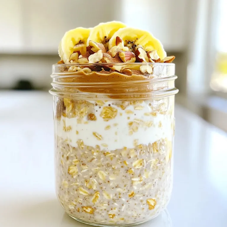 - 1 cup rolled oats - 2 cups unsweetened almond milk (or any milk of choice) - 1/2 cup Greek yogurt (or dairy-free yogurt) - 2 tablespoons natural peanut butter - 1 tablespoon chia seeds - 1 tablespoon maple syrup or honey (for sweetness) - 1/2 banana, sliced (for topping) - 2 tablespoons chopped nuts (optional, for crunch) - A sprinkle of cinnamon (for flavor) What is the protein content? This recipe packs about 20 grams of protein per serving. What is the caloric breakdown? Each serving has around 350 calories, depending on your choices. What are other key nutrients? You also get fiber, healthy fats, and vitamins from the ingredients. Using oats and peanut butter boosts energy and keeps you full. Greek yogurt adds creaminess and protein, while chia seeds contribute omega-3s. You can add sweetness with honey or maple syrup, but it is not necessary. Customize your oats with bananas, nuts, or spices. This recipe is not just filling; it is also fun to make! - In a large mixing bowl, combine: - 1 cup rolled oats - 2 cups unsweetened almond milk - 1/2 cup Greek yogurt - 2 tablespoons natural peanut butter - 1 tablespoon chia seeds - 1 tablespoon maple syrup (if using) - 1 teaspoon vanilla extract - Stir until well combined. Make sure there are no clumps of peanut butter. The mixture should look creamy and smooth. - Divide the mixture evenly into two airtight containers. - Seal each container tightly. - Refrigerate overnight. This helps the oats soak up the milk and flavors. - In the morning, stir the oats well before serving. - If the oats are too thick, add a splash of milk to reach your desired consistency. - Top with sliced banana, chopped nuts, and a sprinkle of cinnamon for the best results. Enjoy! Preparing High Protein Peanut Butter Overnight Oats is easy. Here are some best practices: - Make a big batch. You can double or triple the recipe. Store in jars for the week. - Use airtight containers. This keeps the oats fresh longer. - Prep the night before. You will save time in the morning. You can adjust the consistency of your oats. If your oats are too thick, add more milk. Here’s how: - Start with a splash. Add a little at a time until you reach your goal. - Stir well. This helps mix the milk evenly into the oats. Make your oats even better with some extra flavors. Here are some ideas: - Try spices. A pinch of nutmeg or cardamom adds depth. - Add toppings. Sliced almonds, coconut flakes, or berries give great texture and taste. - Mix in protein powder. This boosts the protein even more. These tips can help you enjoy your oats every time! {{image_2}} You can easily change the flavor of your overnight oats. Here are two fun ideas: - Chocolate peanut butter option: Add 2 tablespoons of cocoa powder to the oat mix. This gives a rich, chocolatey taste. Pair it with chocolate chips for an extra treat. - Berry-infused overnight oats: Add 1/2 cup of mixed berries. Blueberries and strawberries work great. You can mix them in or layer them on top. You can swap some ingredients based on your needs. Here are two common swaps: - Non-dairy alternatives: Use soy or oat milk if you prefer. Both options work well in this recipe. For yogurt, try coconut yogurt. It gives a creamy texture and taste. - Substitute for Greek yogurt: You can use any dairy-free yogurt. This keeps the recipe tasty while being friendly to your diet. Get creative with how you serve these oats! Here are two fun serving ideas: - Serving as a parfait: Layer the oats with fruit and nuts in a glass. This makes a pretty presentation and adds flavor. - Incorporating into smoothies: Blend the overnight oats with your favorite fruits and some milk. This gives you a filling smoothie that is packed with protein. To keep your overnight oats fresh, use airtight containers. Choose glass or BPA-free plastic jars. Make sure the lid closes tightly to prevent air. Store them in the fridge right after preparation. This way, they stay cool and safe to eat. You should eat your overnight oats within 3 to 5 days. After this time, the oats may spoil. Signs of spoilage include a sour smell or a change in color. If you see mold, throw them away immediately. Always trust your senses when checking freshness. Yes, you can freeze overnight oats! They freeze well for up to 3 months. To freeze, use airtight containers and leave some space for expansion. When you're ready to eat, thaw them in the fridge overnight. You can also use the microwave for a quick thaw. Just add a splash of milk to restore creaminess. Yes, you can use quick oats. Quick oats cook faster and absorb liquid quickly. They will make your oats softer and creamier. If you prefer a thicker texture, stick with rolled oats. Rolled oats give a nice chewiness. To boost protein, add more Greek yogurt or protein powder. You can also use nut butter, like almond or sunflower seed butter. Adding seeds, like hemp or pumpkin, is another great way. These options keep your oats tasty and filling. Yes, overnight oats are safe to make in bulk. Prepare them for up to four days. Use airtight containers to keep them fresh. Just remember to top them fresh each day. Enjoy different toppings for variety! In this post, we explored the simple ingredients for delicious overnight oats. You learned the step-by-step prep and storage methods. I shared tips for meal prep and ways to tweak flavors. These oats are not just easy to make, but they fit into many diets. You can have fun with different toppings and flavors. Enjoy your tasty and healthy breakfast any day of the week!