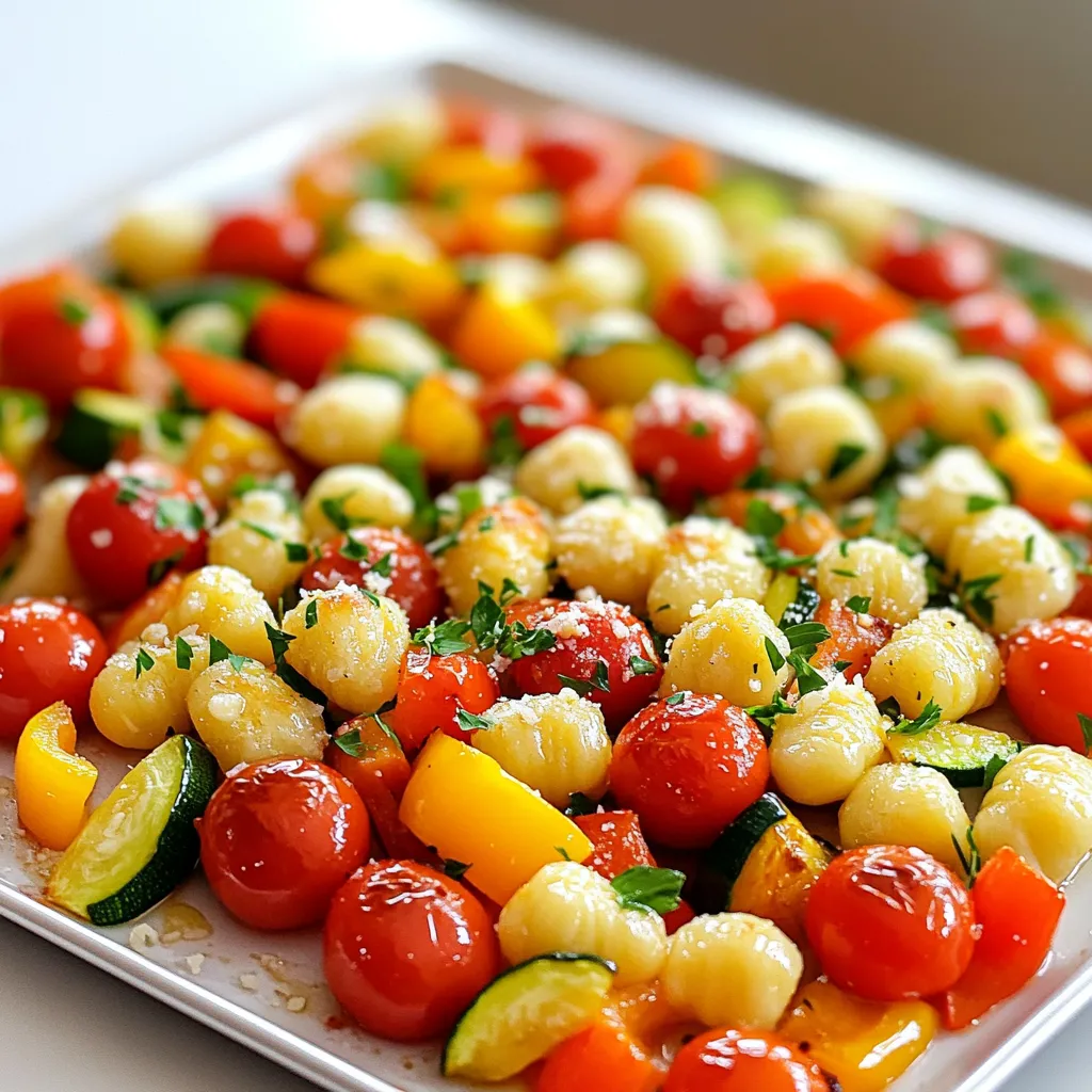 - 1 package (16 oz) gnocchi - 2 cups cherry tomatoes, halved - 1 cup zucchini, diced - 1 cup bell peppers, diced (any color) - 1/2 cup red onion, sliced - 4 tablespoons unsalted butter, melted - 4 cloves garlic, minced Gnocchi is soft and pillowy. It makes a perfect base for this dish. You can find it in the pasta section. Fresh vegetables add color and flavor. Cherry tomatoes burst with sweetness, while zucchini and bell peppers bring crunch. Red onion adds a nice bite. The garlic and butter mixture ties everything together. It gives the dish a rich, savory taste. - 1 teaspoon dried Italian herbs (oregano, basil, thyme) - Salt and pepper to taste - Fresh parsley, chopped (for garnish) - Grated Parmesan cheese (optional, for serving) The dried Italian herbs add depth to the garlic butter. Salt and pepper enhance all the flavors. Fresh parsley gives a bright finish. You can add grated Parmesan for extra creaminess. It melts beautifully over the hot gnocchi and veggies. This combination brings out the best in each ingredient. Enjoy making this dish your own! First, you need to preheat your oven to 400°F (200°C). Line a large baking sheet with parchment paper. This helps with cleanup later. In a big bowl, mix the gnocchi, cherry tomatoes, zucchini, bell peppers, and red onion together. Make sure everything is evenly mixed for the best flavor. Next, melt 4 tablespoons of unsalted butter in a small bowl. Add 4 minced garlic cloves and 1 teaspoon of dried Italian herbs. Season with salt and pepper to taste. Stir the mixture well until it blends smoothly. Pour this garlic butter over your gnocchi and veggies. Toss everything together until each piece is coated evenly. This step is key for great flavor. Now, spread the mixture evenly onto the prepared sheet pan. Make sure the gnocchi and veggies are in a single layer. Bake in your preheated oven for 20 to 25 minutes. Halfway through, give it a good stir. This helps everything cook evenly. When the gnocchi turn golden and the veggies are tender, it’s done! Enjoy the wonderful aroma filling your kitchen! Set your oven to 400°F (200°C) for this dish. This hot temperature helps the gnocchi brown nicely. It also cooks the veggies just right, making them tender and juicy. When you mix the garlic butter with the gnocchi and vegetables, coat everything evenly. This gives every bite great flavor. If some pieces lack butter, they won’t taste as good. To check if your dish is done, look for golden gnocchi and soft veggies. They should look a little crispy, not burnt. If your oven runs hot, check it a few minutes early. If it runs cool, you may need extra time. Stir halfway through cooking to help everything cook evenly. You can add more flavor with extra seasonings. Try red pepper flakes for heat or lemon zest for brightness. If you want a different fat, use olive oil or vegan butter. Both will work well and give a nice taste. These small changes can make your dish unique and exciting! {{image_2}} You can use many other vegetables in this dish. Broccoli and asparagus add great flavor. Carrots, green beans, or even spinach work well too. When choosing veggies, think about what is in season. Seasonal veggies taste fresh and can change the dish's look and taste. For example, summer squash shines in the summer, while root veggies like carrots or sweet potatoes work well in fall. Adding protein can make this meal more filling. Chicken, shrimp, or tofu are great choices. If you add chicken, cut it into small pieces to cook faster. Shrimp cooks quickly, so add them in the last 10 minutes of baking. For tofu, use firm tofu and cube it for even cooking. Remember, adding protein may change the cooking time. Check the protein to ensure it is cooked through. You can make this dish vegan or gluten-free with a few swaps. For vegan gnocchi, look for brands made from potato flour or rice flour. For butter, use vegan butter or olive oil. Both options keep the dish tasty and satisfying. To maintain flavor, add a splash of lemon juice or nutritional yeast for a cheesy taste. These changes let everyone enjoy this yummy meal! After enjoying your delicious sheet-pan garlic butter gnocchi and veggies, store any leftovers in the fridge. Use an airtight container for best results. Leftovers will stay fresh for about three days. This method keeps the flavors locked in and maintains texture. When it's time to enjoy your leftovers, you have two great options: the oven or the microwave. For the oven, preheat it to 350°F (175°C). Spread the gnocchi and veggies on a baking sheet and heat for about 10-15 minutes. This method keeps the dish crispy. If you prefer the microwave, place your meal in a microwave-safe dish. Heat in 30-second bursts, stirring in between. This way, you heat it evenly. To avoid sogginess, cover the dish loosely with a paper towel. This helps steam escape while keeping the food moist. You can tell when the gnocchi is cooked by checking its color and texture. The gnocchi should turn golden brown and puff up slightly. The edges will look crispy, and the center should feel soft. To test it, you can also taste a piece. It should be tender and chewy, not hard. Yes, you can use frozen gnocchi! Just add them directly to the mixing bowl without thawing. They will cook while baking. You may need to extend the baking time by a few minutes to ensure they heat through completely. This dish pairs well with a simple green salad or garlic bread. You can also serve it with a light soup, like minestrone. Roasted asparagus or steamed broccoli can add more veggies to your meal. Yes, you can prep this dish ahead of time. Mix the gnocchi and veggies with the garlic butter, then store it in the fridge for up to 24 hours. When ready to cook, simply spread it on the baking sheet and follow the baking instructions. Absolutely! You can substitute butter with olive oil or vegan butter. These options will give a different flavor but will still taste great. If you want a lighter option, try using vegetable broth to help with the seasoning. This recipe combines gnocchi, fresh veggies, and a garlic butter mix for a tasty dish. We covered steps for preparation, baking, and tips to enhance flavors. You can adjust recipe ingredients, add protein, or make it vegan. Proper storage and reheating keep your meal fresh. With this guide, you're ready to create a satisfying meal that fits your taste. Enjoy cooking and experimenting with your flavors!
