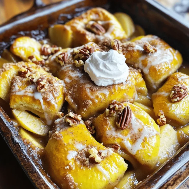 - 3 large Granny Smith apples, peeled and sliced - 1 tablespoon lemon juice - 1/2 cup brown sugar - 1 teaspoon cinnamon - 1 package of refrigerated cinnamon rolls (with icing) - 1/4 cup butter, melted - 1/2 cup chopped pecans (optional) - 1/2 teaspoon nutmeg - Whipped cream or vanilla ice cream for serving You need three large Granny Smith apples for great tartness. The lemon juice helps keep the apples fresh and bright. Use half a cup of brown sugar to add sweetness and depth. One teaspoon of ground cinnamon gives that cozy flavor we love. Grab one package of cinnamon rolls, which comes with icing for drizzling later. You will need a quarter cup of melted butter to soak into the rolls. If you want a nutty crunch, add half a cup of chopped pecans. Lastly, you can serve this cobbler with whipped cream or a scoop of vanilla ice cream for a special touch. You can customize this dessert to your taste. Consider adding raisins for a chewy texture. A pinch of ginger can add a warm spice. You could also swap the nuts for granola for extra crunch. For a sweeter twist, try drizzling caramel sauce over the top before serving. This way, you can make this dessert your own. First, set your oven to 350°F (175°C). This step is vital for even baking. Make sure your oven is hot enough before you start. In a big bowl, mix these items: - 3 large Granny Smith apples, peeled and sliced - 1 tablespoon lemon juice - 1/2 cup brown sugar - 1 teaspoon cinnamon - 1/2 teaspoon nutmeg Toss the apple slices well. This helps coat them with the sweet mix. The lemon juice adds a nice zing that balances the sweetness. Grab your package of refrigerated cinnamon rolls. Cut each roll into quarters. Scatter those pieces over the apple mix in the baking dish. This gives a lovely, gooey texture. If you want extra crunch, sprinkle in 1/2 cup of chopped pecans. Next, drizzle 1/4 cup of melted butter over the cinnamon roll pieces. This ensures they soak up the buttery goodness. Place your dish in the preheated oven. Bake for 35-40 minutes. Watch for golden brown and puffy cinnamon rolls. The apples should be tender, too. While it bakes, warm the icing packet in a bowl of warm water. This makes it easy to drizzle later. After baking, let the cobbler cool for 5-10 minutes. Then, drizzle the warm icing on top. Enjoy your warm cobbler with whipped cream or vanilla ice cream! Choose Granny Smith apples for this recipe. They are tart and firm, perfect for baking. Tart apples hold their shape and add a nice contrast to sweet flavors. Look for apples that are shiny and smooth, with no bruises. Fresh apples make your cobbler taste great. To get the best texture, use refrigerated cinnamon rolls. These rolls are soft and fluffy. Cut them into quarters for even baking. This allows the edges to brown and crisp while the inside stays soft. Drizzle melted butter on top to enhance flavor and moisture. Consider adding chopped pecans for crunch. They add a nutty flavor that complements the apples well. You can also mix in a pinch of nutmeg for warmth. If you love raisins, throw some in for sweetness. These add-ins make the cobbler even more delightful. {{image_2}} You can use many apples for this recipe. Granny Smith gives a tart taste. Honeycrisp adds sweetness and crunch. Fuji apples are juicy and flavorful. Mix and match your favorites for a unique twist. Explore different apple blends for new flavors. Each type brings its own charm to your cobbler. You can get creative with toppings. Instead of pecans, try walnuts or almonds. You can also sprinkle oats for a crunchy layer. Crushed cookies can add sweetness and texture. If you want something sweet, add caramel sauce on top. You might even try whipped cream or yogurt for a fresh touch. These options make your cobbler fun and different every time. For a vegan cobbler, use plant-based butter. You can swap regular cinnamon rolls for vegan ones. Check labels to ensure they are dairy-free and egg-free. For gluten-free, try gluten-free cinnamon rolls. You can also use gluten-free flour for the apple mixture. These swaps let everyone enjoy this dessert, no matter their diet. To store your delicious cobbler, let it cool first. Then, cover it tightly with plastic wrap or foil. You can keep it in the fridge for up to three days. This helps to keep the flavors fresh and tasty. If you want to enjoy it later, storing it well is key! When you are ready to eat your cobbler again, preheat your oven to 350°F (175°C). Place the cobbler in an oven-safe dish. Cover it with foil to keep it from drying out. Heat for about 15-20 minutes or until it’s warm all the way through. This way, you keep the yummy texture and flavor intact. If you want to freeze the cobbler, let it cool completely first. Cut it into squares and place them in a freezer-safe container. You can also wrap individual pieces in plastic wrap. It stays good for up to three months in the freezer. When you crave a piece, thaw it overnight in the fridge before reheating. Enjoy your sweet treat anytime! Cinnamon Roll Apple Cobbler can last up to three days in the fridge. Make sure you cover it well. This keeps it fresh and tasty. If you want to enjoy it later, store it in an airtight container. The flavors will stay strong, and the cobbler will remain soft. Yes, you can use homemade cinnamon rolls. They add a special touch to the cobbler. Just make sure they are baked before adding them to the apples. Cut them into pieces for even cooking. This way, they mix well with the apples and soak up all the flavors. You can substitute brown sugar with white sugar mixed with molasses. Use one cup of white sugar and one tablespoon of molasses. Mix them well, and you'll get a flavor similar to brown sugar. You can also use coconut sugar or maple syrup if you want a different taste. We covered the key parts of making Cinnamon Roll Apple Cobbler. You learned about the ingredients and their measurements. The step-by-step process helps you bake a delicious treat easily. Use the tips for the best apples and perfect texture. Explore fun variations to keep it fresh. Store leftovers right, so nothing goes to waste. Enjoy every bite of your scrumptious cobbler! Happy baking!