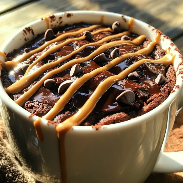 - 1 scoop chocolate protein powder - 2 tablespoons almond flour - 1 tablespoon unsweetened cocoa powder - 1/4 teaspoon baking powder - 1 tablespoon natural peanut butter - 1 tablespoon honey or maple syrup - 1/4 cup unsweetened almond milk (or any milk of choice) - A pinch of salt - Optional: Dark chocolate chips for added richness - Chocolate protein powder: Boosts muscle growth and helps with recovery. - Almond flour: Rich in healthy fats and low in carbs. Great for energy. - Cocoa powder: Packed with antioxidants, it lifts your mood. - Baking powder: Helps the cake rise for a fluffy texture. - Natural peanut butter: Provides protein and healthy fats to keep you full. - Honey or maple syrup: Natural sweetener that gives quick energy. - Unsweetened almond milk: Low in calories and dairy-free for easy digestion. - Salt: Enhances flavors in the cake. - Dark chocolate chips: Adds extra richness and flavor. - Protein powder: Use a plant-based protein for vegan diets. - Almond flour: Swap with oat flour or coconut flour for nut allergies. - Honey: Replace with agave syrup for a vegan option. - Almond milk: Use soy, oat, or coconut milk if allergic to nuts. 1. Grab a microwave-safe mug. Make sure it can hold the cake. 2. In the mug, mix the dry ingredients: chocolate protein powder, almond flour, cocoa powder, baking powder, and salt. Stir them well. This ensures an even flavor. 3. Add the wet ingredients: peanut butter, honey (or maple syrup), and almond milk. 4. Mix until the batter is smooth. Look out for lumps. If you want, stir in dark chocolate chips. They add a nice touch! - Use a fork or small whisk. They help break up the peanut butter easily. - Scrape the sides of the mug often. This gets all the dry bits mixed in. - Don’t overmix. Just mix until everything is blended well. Overmixing makes the cake tough. - Microwave the mug cake for 1 minute on high. Start with that time. - Check the center. If it’s wet, microwave in 10-second bursts. - Usually, it takes between 60-90 seconds total to cook. - Let it cool for a minute. The mug will be hot! Enjoy your cake warm. To get the best texture, use fresh ingredients. Old baking powder can ruin your cake. Mix the dry and wet ingredients well. This helps avoid lumps and ensures a smooth batter. If you want a richer taste, add dark chocolate chips. They melt and create a gooey center that is hard to resist. One common mistake is overcooking the cake. Start with one minute in the microwave. Then check for doneness. If it looks wet, microwave it in 10-second bursts. Another mistake is not measuring ingredients correctly. Use measuring spoons and cups for accuracy. Too much almond flour can make your cake dry. For a fun twist, top your mug cake with extra peanut butter. A drizzle on top adds flavor and looks great. You can also sprinkle cocoa powder for a nice finish. Pair the cake with a scoop of ice cream if you want something extra special. Enjoy it warm for the best experience! {{image_2}} You can change up your mug cake by using different flavors. Instead of chocolate protein powder, try vanilla. Vanilla adds a light touch and pairs well with fruits. You could also add spices like cinnamon for warmth. Want a nutty twist? Use almond butter instead of peanut butter. Toss in some chopped nuts or dried fruit for added texture. Not all protein powders are the same. If you use plant-based protein, the texture might differ. You may need to add a little more almond milk to keep it moist. If you use whey protein, stick to the original amounts for best results. Always check the serving size on the protein label for accurate measurements. For a vegan option, replace honey with maple syrup. This keeps the sweetness while staying plant-based. Use a gluten-free flour blend if you need a gluten-free mug cake. Almond flour is a great choice and works well in this recipe. You can also try oat flour for a different flavor and texture. Storing leftover mug cake is easy. Once it cools, cover it tightly. You can use plastic wrap or a small container. This keeps the cake moist. It is best to store it in the fridge. It will stay fresh for about 2-3 days. When you're ready to eat your mug cake, reheating is key. Place the mug cake in the microwave. Heat it for 10-15 seconds. Check if it's warm enough. If not, heat in short bursts. This helps keep it fluffy and moist. The mug cake is best when fresh. However, if you want to freeze it, go for it! Wrap it well in plastic or foil. Store it in an airtight bag. It can last up to a month in the freezer. When you're ready to enjoy it, thaw it in the fridge overnight. Reheat it as before for a tasty treat. Yes, you can make mug cakes without protein powder. You can replace it with more almond flour or use oat flour. This change will alter the texture a bit but still create a tasty treat. Ensure you adjust the liquid to keep the cake moist. A High-Protein Chocolate Peanut Butter Mug Cake has about 350 calories. This count may vary based on your chosen ingredients, like the type of milk or sweetener. It packs a good amount of protein and healthy fats, making it a satisfying choice. You can multiply the recipe for more servings, but it’s best to make each mug cake separately. When you cook multiple cakes in one mug, they might not cook evenly. Each cake needs space to rise and cook properly in the microwave. If you need a substitute for almond flour, try using oat flour or coconut flour. Oat flour gives a nice texture, while coconut flour absorbs more liquid. If using coconut flour, reduce the amount slightly and increase the liquid to keep the cake moist. The high-protein chocolate peanut butter mug cake is simple and tasty. We covered the key ingredients, their benefits, and alternative options for different diets. You learned how to prepare and cook the cake to get the perfect texture. We shared tips to avoid common mistakes and ways to elevate your treat. Remember, this cake is flexible; you can customize flavors and adjust ingredients. Proper storage helps maintain freshness, so follow the best practices we discussed. Enjoy this fun recipe any time you crave a quick and nutritious treat!