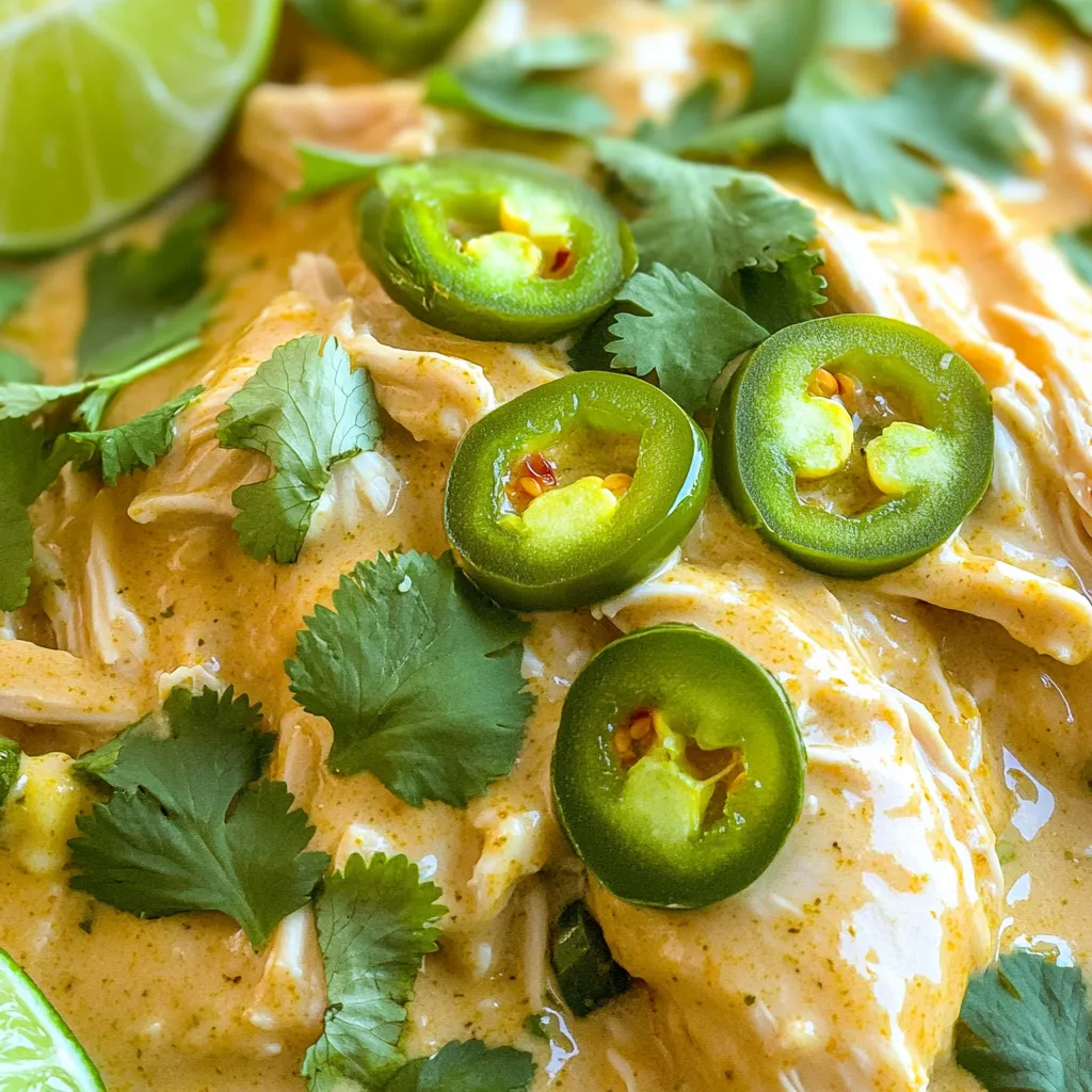 - 2 lbs boneless, skinless chicken breasts - 8 oz cream cheese, softened - 1 cup shredded cheddar cheese - 1 cup diced jalapeños (fresh or pickled) The main ingredients are simple and tasty. The chicken breasts provide a great base. They are lean and soak up the flavors well. The cream cheese adds a rich, creamy texture. The cheddar cheese gives it a nice sharpness. Jalapeños bring the heat and flavor. You can use fresh jalapeños for a spicy kick or pickled for a tangy twist. - 2 tsp garlic powder - 1 tsp onion powder - 1 tsp smoked paprika - 1 cup chicken broth For seasonings, garlic powder and onion powder add depth. Smoked paprika gives a warm, smoky flavor. These spices mix well with the chicken and cheese. Chicken broth keeps everything moist and adds more flavor. - Fresh cilantro - Lime wedges Garnishes can make your dish pop. Fresh cilantro adds a bright color and fresh taste. Lime wedges provide a zesty finish. Squeeze lime over the chicken for a burst of flavor. These garnishes make your meal look and taste great. To start, place 2 lbs of boneless, skinless chicken breasts in the slow cooker. Make sure they are spread out evenly. This helps them cook well. Next, grab a mixing bowl. Combine these ingredients: - 8 oz cream cheese, softened - 1 cup shredded cheddar cheese - 1 cup diced jalapeños (fresh or pickled) - 1 cup chicken broth - 2 tsp garlic powder - 1 tsp onion powder - 1 tsp smoked paprika - Salt and pepper to taste Mix everything well until it’s smooth and creamy. This cheese mixture gives the chicken a rich flavor. Now, pour the cheese mixture over the chicken in the slow cooker. Make sure the chicken is well-coated. Cover the slow cooker with its lid. You can cook on low for 6-7 hours or on high for 3-4 hours. The chicken is done when it's tender and fully cooked. Once the chicken is cooked, use two forks to shred it right in the slow cooker. Mix it with the creamy sauce for extra flavor. For serving, you can put the chicken on rice, in tortillas, or over a salad. It’s a tasty and easy meal! Add fresh cilantro or extra jalapeño slices on top for a fun touch. Serve with lime wedges for a zesty kick. To make sure your chicken is tender, use boneless, skinless chicken breasts. Place them at the bottom of the slow cooker. This helps them cook evenly. The key is cooking on low heat for 6 to 7 hours. If you are in a hurry, you can cook on high for 3 to 4 hours. Whichever method you choose, check that the chicken reaches 165°F. This ensures it is safe to eat. When it’s time to serve, shred the chicken right in the slow cooker. Mixing it with the creamy sauce makes each bite tasty. If you want to change the cream cheese, you can use Greek yogurt or cottage cheese. These options still keep the dish creamy. For the cheddar cheese, try Monterey Jack or pepper jack for extra flavor. If you want a dairy-free option, use cashew cream or vegan cream cheese. These substitutes work well and still taste great. Plating is important for a nice look. Serve the Jalapeño Popper Chicken on a bed of rice or inside warm tortillas. To make it pop, garnish with fresh cilantro and extra jalapeño slices. This adds color and freshness. Lime wedges on the side give a zesty kick that brightens the dish. A beautiful plate makes the meal more fun to eat! {{image_2}} To boost the heat, you can add more jalapeños. You might also use spicy cheese. Try using pepper jack cheese instead of cheddar. Adding hot sauce to the cheese mixture works well too. You can mix in crushed red pepper flakes for extra spice. Taste as you go to find the right level for you. For a meat-free dish, swap chicken with plant-based proteins. Use chickpeas or shredded jackfruit as great options. Both will soak up the flavors nicely. Ensure the cooking time is similar to chicken. This way, you keep that tender texture while making it plant-based. To make it extra cheesy, add different cheese varieties. You can mix in mozzarella for a stretchier texture. Cream cheese is a must for creaminess, but you can also add feta for a tangy kick. Experimenting with different cheese blends can create unique flavors. Don't be shy to try a little bit of everything! Store leftover Jalapeño Popper Chicken in an airtight container. Let it cool first. Place it in the fridge within two hours of cooking. This keeps it safe and fresh. Consume the leftovers within three to four days for best taste. You can freeze this delicious dish for later. First, let it cool completely. Then, place it in a freezer-safe container. Make sure to leave some space for expansion. Seal it tightly and label it with the date. To reheat, thaw it in the fridge overnight. Warm it in the microwave or on the stove until hot. In the fridge, your Jalapeño Popper Chicken lasts three to four days. If you freeze it, it can last for up to three months. After this time, the flavor may fade, but it will still be safe to eat. Always check for any signs of spoilage before consuming. You can cook this dish on low for 6 to 7 hours. If you are in a hurry, use the high setting. It takes about 3 to 4 hours on high. The chicken will be tender and full of flavor with either method. Yes, you can make this dish spicier. Use more jalapeños if you like heat. You could also add a pinch of cayenne pepper or red pepper flakes. Taste as you go to get the right level of heat for you. This dish pairs well with rice, tortillas, or a fresh salad. You can serve it over a bed of rice for a filling meal. Adding a side salad will give you a nice crunch and balance. You learned how to make a tasty Slow Cooker Jalapeño Popper Chicken. We covered the main ingredients, cooking steps, and tips for great results. You can even adjust the heat for spicy lovers or try a vegetarian option. Remember to store leftovers properly for the best taste. Enjoy cooking this dish and impress your family or friends with it!