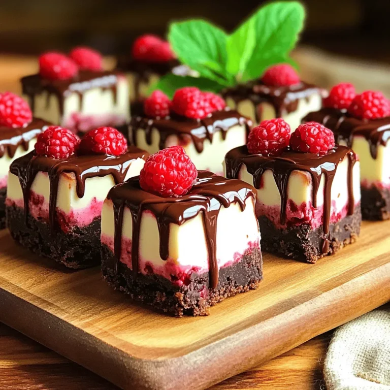 For these no bake chocolate raspberry cheesecake bites, gather the following: - 1 cup almond flour - 1/4 cup cocoa powder - 2 tablespoons maple syrup - 1/4 cup coconut oil, melted - 1 teaspoon vanilla extract - 8 ounces cream cheese, softened - 1/4 cup powdered sugar - 1/2 cup fresh raspberries - 1/4 cup chocolate chips, melted (for drizzling) - Fresh mint leaves for garnish (optional) You can easily swap items to fit your needs: - Almond flour: Use oat flour or crushed graham crackers for a different base. - Cocoa powder: Unsweetened carob powder works well if you want a milder flavor. - Maple syrup: Honey or agave syrup can replace maple syrup for sweetness. - Coconut oil: Use unsalted butter or any neutral oil if you prefer. - Cream cheese: For a dairy-free option, try a vegan cream cheese. - Powdered sugar: You can make your own by blending granulated sugar until fine. Fresh raspberries make a big difference in taste. Here’s how to find the best ones: - Look for bright color: Choose berries that are deep red and vibrant. - Check for firmness: Fresh raspberries should feel firm and not mushy. - Smell the berries: They should have a sweet, fruity scent. - Inspect for mold: Avoid containers with any signs of mold or squished berries. - Buy local: If possible, shop at farmers' markets for the freshest options. With these tips, you’re set to create delicious no bake chocolate raspberry cheesecake bites! Start by mixing almond flour, cocoa powder, maple syrup, melted coconut oil, and vanilla extract in a bowl. Make sure to blend well until the mixture sticks together. This forms the yummy chocolate base. Next, line an 8x8 inch pan with parchment paper. Press the chocolate mix evenly into the bottom of the pan. Refrigerate this for about 15 minutes. This sets the base and makes it firm. In another bowl, beat the softened cream cheese with powdered sugar. Mix until it's smooth and creamy. This is the rich filling that adds sweetness. Gently fold in the fresh raspberries. Keep some pieces whole for texture. This step fills your bites with fruity flavor. Spread the cream cheese mix over the chilled chocolate base. Use a spatula to smooth the top. This layer adds a nice touch of creaminess. Place the pan back in the fridge for at least one hour. This allows the bites to firm up. Once set, cut the mixture into small squares. For a fun finish, drizzle melted chocolate on top. If you like, add a mint leaf for garnish. These little bites are now ready to enjoy! Always measure your ingredients carefully. If you use too much almond flour, the texture will be dry. Make sure to mix the chocolate base until it holds together. When you spread the cream cheese, be gentle; otherwise, you might break the base. Ensure your cream cheese is at room temperature. Cold cream cheese won’t mix well and can leave lumps. The secret to great flavor is fresh raspberries. They add a burst of taste. Don’t overmix the raspberries when folding them in. You want some whole pieces for texture. Use high-quality cocoa powder for a richer chocolate flavor. If you want a sweeter bite, add more powdered sugar. Drizzling melted chocolate on top gives it a fancy look and taste. To save time, use a food processor for the chocolate base. It mixes quickly and evenly. You can also buy pre-softened cream cheese to skip waiting. If you’re in a rush, chill the bites for just 30 minutes instead of an hour. They will still taste great, though they might be softer. {{image_2}} You can change the flavors in these bites. For a tropical twist, use mango instead of raspberries. You can also swap the almond flour for hazelnut flour for a nutty taste. If you like citrus, add lemon zest to the cream cheese layer. This makes each bite bright and fresh. To make these bites vegan, replace cream cheese with a vegan cream cheese. Use maple syrup instead of powdered sugar for sweetness. For gluten-free bites, ensure your almond flour is certified gluten-free. This makes the recipe safe for all diets while still being delicious. Serve these bites on a fun platter. You can create a dessert board with fresh fruits and nuts. Drizzle extra chocolate over the bites for a fancy touch. You can even add edible flowers for a beautiful look. Each bite will stand out and impress your guests. To keep your No Bake Chocolate Raspberry Cheesecake Bites fresh, store them in an airtight container. Use parchment paper to separate layers. This prevents sticking and keeps them nice. You can place them in the fridge for best taste and texture. These cheesecake bites last about 5 days in the fridge. If you want to save some for later, you can freeze them. Wrap each bite in plastic wrap and place them in a freezer-safe bag. They will stay good for about 3 months in the freezer. When you're ready to enjoy a frozen cheesecake bite, remove it from the freezer. Let it sit in the fridge overnight to thaw. This keeps the texture smooth. Avoid using the microwave, as it can make them too soft. Yes, you can use other fruits. Strawberries, blueberries, or blackberries work well. Each fruit gives the bites a unique taste. Just make sure to chop the fruits into small pieces. This way, they mix well with the cream cheese. Use a sharp knife to cut the bites. First, remove the cheesecake from the pan. Place it on a cutting board. Wipe the knife with a damp cloth after each cut. This keeps the edges clean and neat. You can store these bites in the fridge for up to five days. Keep them in an airtight container. This helps them stay fresh and tasty. If you freeze them, they can last up to three months. Yes, you can make these bites dairy-free. Use vegan cream cheese instead of regular cream cheese. You can also use coconut milk or almond milk. This keeps the bites creamy while being dairy-free. In this blog post, we explored how to make delicious cheesecake bites with fresh raspberries. You learned about key ingredients, helpful tips, and tasty variations. Remember to source fresh raspberries for the best flavor. Avoid common mistakes to perfect your treats. With these easy steps, anyone can enjoy these bites. Try different flavors and serve them creatively. Now, get ready to enjoy your homemade cheesecake bites!