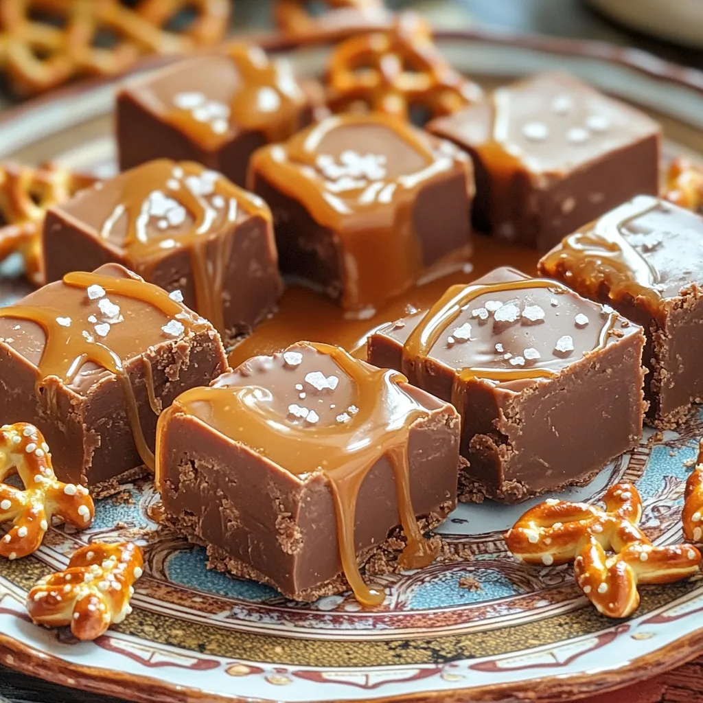 - 2 cups crushed pretzel sticks - 1 cup sweetened condensed milk - 1 cup semi-sweet chocolate chips - 1 cup caramel sauce - 1 teaspoon vanilla extract - ½ teaspoon sea salt - ½ cup chopped pecans or walnuts (optional) To make No-Bake Salted Caramel Pretzel Fudge, you need simple and tasty ingredients. The crushed pretzel sticks give a nice crunch. Sweetened condensed milk adds creaminess and sweetness. Semi-sweet chocolate chips bring rich chocolate flavor. Caramel sauce ties it all together with its sweet and gooey goodness. Vanilla extract enhances the taste, while the sea salt balances sweetness. If you want extra flavor, add chopped pecans or walnuts. They add a lovely nutty crunch. Using quality ingredients makes a big difference. Choose a caramel sauce you love. A good chocolate will also shine through. This mix of flavors creates a sweet and salty treat that everyone will enjoy. Start by grabbing a large mixing bowl. Add the crushed pretzel sticks into the bowl. Next, pour in the sweetened condensed milk. Then, add the semi-sweet chocolate chips and caramel sauce. Don’t forget the vanilla extract and sea salt! Mix all these ingredients together until they blend well. If you like nuts, toss in the chopped pecans or walnuts for extra crunch. This mixture should feel thick and sticky. Now it's time to prep your baking dish. Take an 8x8-inch dish and line it with parchment paper. Make sure the paper hangs over the edges. This helps later when you lift out the fudge. The parchment prevents sticking and makes clean-up easy. Pour the mixed fudge into the lined baking dish. Use a spatula to spread it evenly. Press it down firmly to make a compact layer. For an extra treat, drizzle more caramel sauce on top. Sprinkle a pinch of sea salt for flavor. Now, place the dish in the refrigerator. Let it chill for at least 3 hours. After that, the fudge should be firm and ready to cut. Lift it out using the parchment overhang. Cut into squares and enjoy! To get your fudge just right, focus on the mixing. Make sure all ingredients blend well. This helps in achieving a smooth texture. Use your hands to press the mixture firmly into the pan. This helps the fudge hold together. If it feels too soft, chill it a bit longer. This will help it set properly. When ready to serve, cut the fudge into neat squares. Place them on a pretty plate. Drizzle extra caramel sauce on top for a nice touch. Add some crushed pretzel pieces on the side. This creates a fun, crunchy look. You can also sprinkle sea salt on top. This balances the sweetness perfectly and makes it look gourmet. You can easily switch up the flavors in this recipe. Try adding a pinch of cinnamon for warmth. If you like nuts, add chopped pecans or walnuts. They bring a nice crunch. You can even use peanut butter chips instead of chocolate chips. This adds a rich and nutty taste. If you want a sweeter fudge, add more caramel sauce. Adjust according to your taste! {{image_2}} Want to mix things up? Try adding peanut butter! To make chocolate peanut butter pretzel fudge, simply blend in ½ cup of creamy peanut butter into your mixture. This gives the fudge a rich, nutty flavor. The chocolate and peanut butter work well together, making each bite a delight. You will enjoy the added creaminess and taste! If you need a nut-free option, skip the nuts. The fudge remains delicious without them. You can also add more pretzel sticks for crunch. This keeps the texture fun and tasty, even without nuts. Everyone can enjoy this treat safely. To celebrate the seasons, add spices! For a fall twist, mix in 1 teaspoon of pumpkin spice to your fudge. This warm flavor pairs well with caramel and chocolate. You can also try cinnamon or nutmeg for a different taste. Seasonal flavors will make your fudge special for any occasion! To keep your No-Bake Salted Caramel Pretzel Fudge fresh, store it in an airtight container. Use parchment paper to separate layers. This will help avoid sticking. Place the container in the refrigerator to maintain the fudge's texture. If you have extra caramel sauce, keep it in a separate jar in the fridge. This fudge lasts up to two weeks in the fridge. You can tell it’s fresh by its firm texture. If the fudge starts to feel hard, it may be drying out. Always check for any off smell or changes in color. These signs mean it’s time to toss it. You can make this fudge ahead of time. Just follow the recipe, let it set, and store it. For freezing, wrap individual pieces in plastic wrap. Then place them in a freezer bag. The fudge can freeze well for about three months. When ready to enjoy, simply thaw it in the fridge overnight. Yes, you can use homemade caramel sauce. Making your own adds a personal touch. Just ensure it's thick enough to hold its shape. A well-made sauce will enhance the flavor of the fudge. If you prefer a store-bought option, that works too. Both will taste great in this recipe. If you need a substitute, try using coconut milk with sugar. Mix one cup of coconut milk with ⅔ cup of sugar. Cook it down until it thickens. You can also use evaporated milk with added sugar. Adjust the sweetness to your taste for the best results. To check if the fudge is set, touch the top lightly. It should feel firm and not sticky. Refrigerate it for at least three hours. If it's still soft, give it more time. Once set, it will cut into neat squares easily. Enjoy your delicious fudge! This blog post covered how to make delicious pretzel fudge. We looked at the key ingredients and shared easy steps. Tips helped ensure your fudge has the best texture. I also shared fun flavor variations and storage tips. In the end, making this fudge is simple and fun. Enjoy creating your own tasty treats!