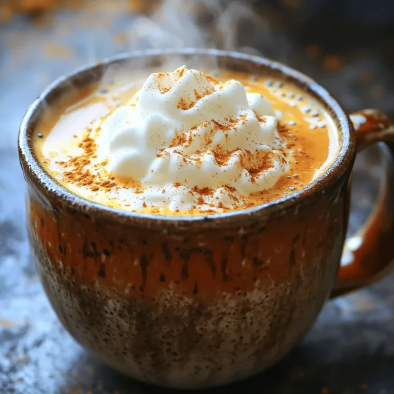 - 2 cups whole milk (or your favorite non-dairy milk) - 1/2 cup pumpkin puree (canned or fresh) - 1/4 cup unsweetened cocoa powder For this cozy drink, you need whole milk or a non-dairy option. I love using almond or oat milk for a creamy touch. Next, grab some pumpkin puree. You can use canned or fresh, but fresh gives a bright taste. Lastly, choose unsweetened cocoa powder. It adds rich chocolate flavor without extra sugar. - 1/4 cup granulated sugar (adjust to taste) - 1 teaspoon vanilla extract - 1 teaspoon pumpkin spice blend (cinnamon, nutmeg, ginger, and cloves) You might want to adjust the sugar based on your taste. I usually start with a little less. Vanilla extract is key. It adds warmth and depth to your drink. For the pumpkin spice blend, mix cinnamon, nutmeg, ginger, and cloves. This blend brings out the best fall flavors in your hot chocolate. - Whipped cream for topping - Additional pumpkin spice for garnish - Other optional toppings Whipped cream is a must for this recipe. It adds creaminess and looks pretty. A sprinkle of pumpkin spice on top makes it festive. You can also add chocolate shavings or a drizzle of caramel for extra fun. These toppings make your drink even more special and delicious. To start, grab a medium saucepan. Combine 2 cups of whole milk and 1/2 cup of pumpkin puree. Add 1/4 cup of granulated sugar to this mix. Stir gently over medium heat. Keep stirring until the mixture feels warm and smooth. Be careful not to let it boil. If it boils, it can change the texture. You want a silky consistency. If you see bubbles, lower the heat. This will help keep it creamy. Once it’s warm enough, you can move to the next step. Now, take 1/4 cup of unsweetened cocoa powder. Sift it into the warm mixture. Sifting helps prevent lumps. Use a whisk and stir vigorously. This will help dissolve the cocoa fully. Next, add 1 teaspoon of vanilla extract and 1 teaspoon of pumpkin spice blend, which includes cinnamon, nutmeg, ginger, and cloves. A pinch of sea salt will enhance the flavors. Keep whisking until everything blends well. You’ll need about 2-3 minutes. Taste the mix. If you want it sweeter or spicier, adjust it now. Select your favorite mugs for serving. Pour the hot chocolate into each mug evenly. A good pour makes it look nice. Top each mug with a generous dollop of whipped cream. Finish with a sprinkle of extra pumpkin spice for flair. It adds a nice touch and makes it festive! Enjoy your cozy drink! To make your pumpkin spice hot chocolate just right, you can tweak the sweetness and spice. If you like it sweeter, add more sugar. If you want a stronger spice flavor, toss in extra pumpkin spice. For those on special diets, try using honey or maple syrup. These natural sweeteners can give a rich taste without refined sugar. If it's hot outside, cool your drink down. You can serve it over ice for a refreshing treat. If you want a creamier drink, consider using oat or almond milk. These milk alternatives blend well and add a nice taste. To froth your milk, heat it gently and whisk it fast. You can also use an electric frother for a fun finish. This gives your drink a nice foam, making it feel special. Timing is key for the best flavor. Heat your mix slowly to keep it smooth. Don't rush it; let it warm gradually. You can prep your ingredients in advance. Measure out your cocoa, sugar, and spices ahead of time. This saves you time when you want to make your hot chocolate. {{image_2}} To make a vegan version, swap whole milk for non-dairy milk. Almond, oat, or coconut milk work well. Use the same amount, about 2 cups. For the pumpkin puree, you can stick with canned or fresh. Keep the cocoa powder and sugar as is, but check for vegan-friendly sugar. When cooking, heat the non-dairy milk slowly. Stir it gently with the pumpkin and sugar. This helps avoid boiling. Once warm, sift in the cocoa powder while whisking. This keeps the drink smooth and creamy. Add a splash of your favorite spirit for warmth. Dark rum or spiced rum pairs well. You can also try Irish cream for a rich twist. Just mix it in after you take the hot chocolate off the heat. This keeps the alcohol from cooking away. For a festive touch, you might even add a hint of peppermint schnapps. This gives your drink a holiday feel. Remember to taste as you go, adjusting the amount to your liking. If you want a lighter hot chocolate, reduce the sugar. You can cut it down to 2 tablespoons or use a sugar substitute like stevia. This keeps the flavor strong without the extra calories. For a creamier texture without the fat, use unsweetened almond milk. You can also add a scoop of protein powder for added nutrition. This makes the drink more filling. Don't forget to keep the pumpkin puree; it adds fiber and vitamins. To keep your pumpkin spice hot chocolate fresh, store it in the fridge. Here are some tips: - Use an airtight container to prevent any odors from mixing. - Glass jars or plastic containers work well. Just make sure they seal tightly. - Consume within three days for the best taste. When you want to enjoy your leftovers, reheating is key. Follow these steps to keep it tasty: - Heat on the stove over low heat, stirring often for even warmth. - You can also use a microwave. Heat in short bursts, stirring in between. - Avoid boiling. Boiling can change the flavor and texture. - If you see any lumps, whisk them out. If you want to save some for later, freezing is a great option. Here’s how to do it right: - Pour the hot chocolate into freezer-safe containers, leaving space for expansion. - Seal tightly to avoid freezer burn. - It can last up to two months in the freezer. When you're ready to enjoy it: - Thaw in the fridge overnight for best results. - Reheat gently on the stove or in the microwave, stirring well. - Add a splash of milk if it seems too thick after thawing. With these tips, you can savor pumpkin spice hot chocolate anytime! Pumpkin spice has some great health benefits. The key ingredients like cinnamon and ginger can help your body. - Cinnamon can lower blood sugar and help with inflammation. - Nutmeg has antioxidants that boost overall health. - Ginger can ease nausea and improve digestion. Pumpkin puree is packed with nutrients too. It is high in fiber, which is good for your gut. Plus, it has vitamin A, which helps your eyes. Eating pumpkin can also help your skin stay healthy. Yes! You can use sugar alternatives. These can sweeten your drink without adding real sugar. - Honey is a natural sweetener that adds flavor. - Maple syrup gives a unique taste and is still sweet. - Stevia is a zero-calorie choice that works well. To adjust sweetness naturally, start with less. You can taste and add more as needed. This way, you control the sweetness. Making this hot chocolate gluten-free is easy! Use gluten-free products and be careful with cross-contamination. - For cocoa powder, choose brands that are certified gluten-free. - Check that your sugar is also gluten-free. To avoid cross-contamination, wash your utensils well. Use clean pots and pans that haven't touched gluten products. This keeps your drink safe and tasty. In this article, we explored the world of Pumpkin Spice Hot Chocolate. We discussed key ingredients and steps to create a delicious drink. You learned about enhancing flavors and various tasty variations. I hope you find joy in making this comforting treat. Embrace your creativity and experiment with the options provided. Enjoy this warming drink whether it's cold or you just love pumpkin spice!