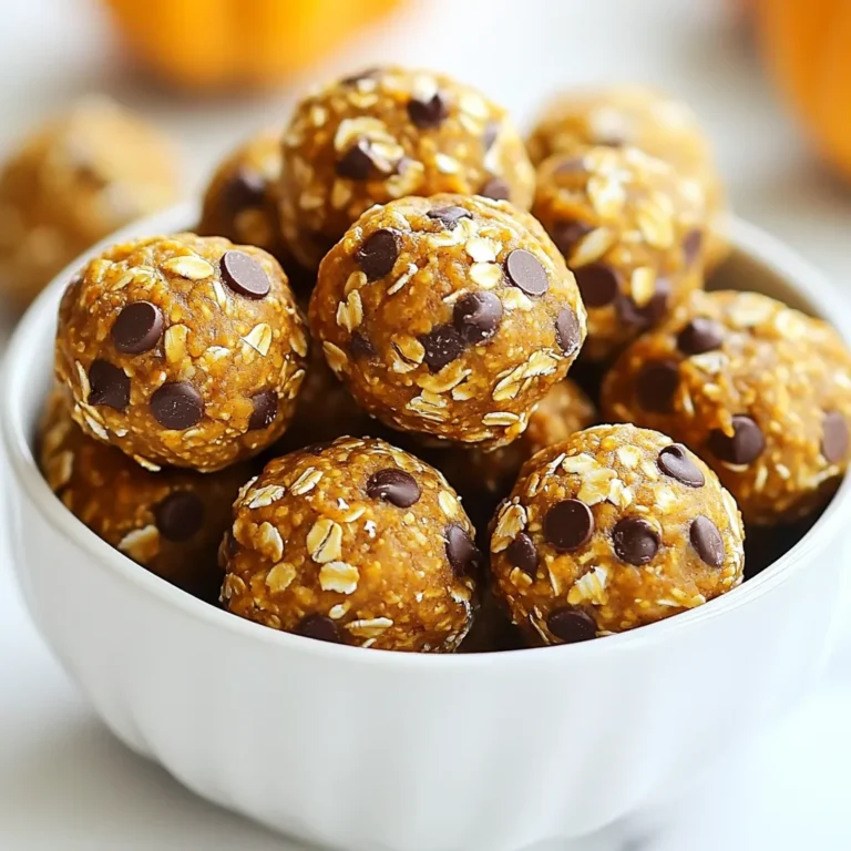 To make these tasty Pumpkin Spice Energy Bites, gather the following ingredients: - 1 cup rolled oats - 1/2 cup canned pumpkin puree - 1/4 cup almond butter (or peanut butter) - 1/4 cup honey or maple syrup - 1 tsp pumpkin spice blend - 1/2 tsp vanilla extract - 1/4 cup ground flaxseed - 1/4 cup mini chocolate chips (optional) - Pinch of salt You can easily swap some ingredients. Use peanut butter if you don’t have almond butter. Honey can change to maple syrup for a vegan option. If you need a nut-free recipe, try sunflower seed butter. For a fun twist, add dried fruit or nuts. If you want less sugar, reduce the honey or syrup. Each serving, or one energy bite, offers a good mix of nutrients: - Calories: About 100 - Protein: 3 grams - Fiber: 2 grams - Fat: 5 grams - Carbohydrates: 12 grams These bites provide energy and good nutrition, making them a great snack choice. {{ingredient_image_1}} To start, gather your ingredients. You need rolled oats, pumpkin puree, almond butter, and honey or maple syrup. Then, add pumpkin spice, vanilla extract, ground flaxseed, and a pinch of salt. If you like, mini chocolate chips can add sweetness. In a mixing bowl, combine all these ingredients. Use a spatula or your hands to mix them until you have a sticky dough. Make sure everything blends well. This is the base for your energy bites. When mixing, I suggest using your hands. This helps you feel the texture better. If the mixture feels too dry, add a bit more pumpkin puree or almond butter. If it's too wet, add more oats or flaxseed. The goal is to have a dough that sticks together but is not too sticky. If you’re adding chocolate chips, fold them in gently. This keeps them from breaking apart. Now, scoop out tablespoon-sized portions of the mixture. Roll each portion into a ball using your hands. Place these balls on a baking sheet lined with parchment paper. It's best to give them some space. Once you finish rolling, refrigerate the bites for at least 30 minutes. This helps them firm up. After chilling, store them in an airtight container. Enjoy your tasty, nutritious snack anytime! To get the best texture, use rolled oats. They give a chewy bite. Mix well to combine all ingredients. This helps each bite taste great. If your dough is too sticky, add more oats. You want a firm but moist feel. Chilling the bites in the fridge helps them firm up. This makes them easier to roll. You can add fun ingredients to your energy bites. Try nuts or seeds for a crunch. Dried fruit adds sweetness and texture. You can also use protein powder for more nutrition. If you love chocolate, mix in mini chocolate chips. They make each bite a treat. Just remember to keep the balance. Too many add-ins can change the texture. One mistake is not measuring ingredients correctly. This can lead to a dry or too wet mix. Always measure with cups or a scale for best results. Another mistake is skipping the chill time. This step helps the bites hold their shape. Lastly, don’t skip the salt. A pinch of salt enhances all the flavors. Pro Tips Use Fresh Pumpkin Spice: If possible, make your own pumpkin spice mix using cinnamon, nutmeg, ginger, and cloves for a fresher flavor. Chill for Better Texture: Chilling the energy bites not only firms them up but also enhances their flavor as the ingredients meld together. Customize Your Add-Ins: Feel free to swap the mini chocolate chips for dried fruit, nuts, or seeds to suit your taste and dietary preferences. Perfect Portioning: Use a cookie scoop for evenly sized bites, ensuring that they all cook and firm up at the same rate. {{image_2}} You can switch up the flavors in these bites. If you want a twist, try adding dried fruit like cranberries or raisins. For nut lovers, walnuts or pecans add a nice crunch. You can also experiment with spices. Swap pumpkin spice for cinnamon or add a touch of nutmeg. Each change gives a new taste. If you have allergies or dietary needs, you can make these bites fit. Instead of almond butter, use sunflower seed butter for nut-free options. For a vegan version, swap honey with agave syrup. If you need gluten-free, ensure your oats are certified gluten-free. These small changes let everyone enjoy the energy bites. Sometimes, you might not have time to make these bites. Many stores have healthy snacks like pumpkin spice energy bites. Look for brands that use natural ingredients. Check the labels for added sugars or preservatives. While homemade is often best, store-bought can save you time without losing flavor. To keep your pumpkin spice energy bites fresh, store them in an airtight container. A glass jar works well. Keep them in the fridge to maintain their taste and texture. Avoid placing them near strong-smelling foods. This helps keep their flavor intact. These energy bites can last about one week in the fridge. If you want them to stay fresh longer, consider freezing them. They taste best when eaten fresh, but they still hold their flavor for a week when stored properly. To freeze your energy bites, first, place them on a baking sheet. Make sure they are not touching each other. Freeze them for about 1-2 hours until firm. Then, transfer the bites to a freezer-safe bag or container. Label it with the date. They can stay frozen for up to three months. When you're ready to eat, just thaw them in the fridge overnight. Yes, you can make these energy bites vegan. Simply swap honey for maple syrup. Almond butter is already vegan. Use a plant-based protein powder if you want to add protein. These energy bites last about one week in the fridge. Keep them in an airtight container. You can also freeze them for up to three months. Just thaw them in the fridge before eating. Yes, you can use fresh pumpkin. Cook the pumpkin until soft, then puree it. Be sure to drain any excess water. Canned pumpkin is thicker and easier to use, though. You can use agave nectar or brown rice syrup. Both will add sweetness. Keep in mind that these may change the taste slightly. Adjust the amount based on your preference. You have now learned how to make tasty pumpkin spice energy bites. We covered the key ingredients, step-by-step instructions, and tips to create perfect bites. Don’t forget the variations for different tastes and dietary needs. Storing these bites correctly ensures they stay fresh. In conclusion, these energy bites are easy to make and customize. Enjoy the process, and share them with friends or family. Grab your ingredients and start creating your own delicious snacks today!