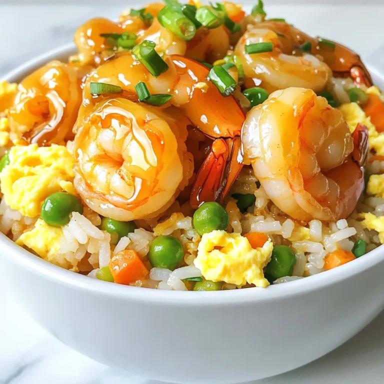 To make this dish, gather these key ingredients: - 1 cup uncooked jasmine rice (or rice of choice) - 1 lb shrimp, peeled and deveined - 2 tablespoons honey - 3 cloves garlic, minced - 2 tablespoons soy sauce - 1 tablespoon sesame oil - ½ cup green peas (fresh or frozen) - ½ cup carrots, finely diced - 2 green onions, chopped - 2 eggs, beaten - Salt and pepper to taste - Extra sesame oil for frying These ingredients come together to create a sweet and savory meal. You can customize your fried rice with these options: - Bell peppers, diced - Broccoli florets - Corn kernels - Chopped cilantro or parsley - Cashews or peanuts for crunch These add-ins can enhance the dish and add more flavor or texture. For the best results, use the following tools: - Large skillet or wok - Mixing bowl - Cooking spoon or spatula - Rice cooker (optional) These tools will help you cook the shrimp and rice evenly, making your meal a success. {{ingredient_image_1}} To make great fried rice, start with jasmine rice or your favorite type. Rinse the rice under cold water until the water runs clear. This step removes excess starch and helps the rice cook better. Follow the package instructions to cook the rice. For the best flavor and texture, let the rice cool completely. Day-old rice works best because it’s drier and won’t clump. If you can, cook the rice a day ahead. Next, let’s prepare the shrimp. In a mixing bowl, combine shrimp, honey, minced garlic, soy sauce, salt, and pepper. This blend gives the shrimp a sweet and savory taste. Make sure to mix well so all shrimp are coated. Let them marinate for about 10 minutes. This step helps the shrimp soak up the flavors, making each bite delicious. Now, it’s time to cook! Heat a large skillet or wok over medium-high heat. Add a splash of sesame oil to the pan. Once the oil is hot, add the marinated shrimp. Stir-fry the shrimp for about 2-3 minutes until they turn pink and are fully cooked. Remove the shrimp from the skillet and set them aside. You will add them back later. This quick cooking keeps the shrimp tender and juicy, which is key for a tasty meal. Using day-old rice makes a big difference. Fresh rice has moisture. This moisture can make your fried rice sticky. Day-old rice is drier and holds its shape better. When you cook, it will fry up nice and fluffy. Always store leftover rice in the fridge. Let it cool first, then store it in an airtight container. This helps keep the rice fresh. To avoid mushy rice, rinse it well before cooking. Rinsing removes excess starch. This starch can cause the rice to clump together. Use a 1:1.5 ratio of rice to water. This ratio helps give you the right texture. Also, let the rice cool after cooking. Spread it out on a baking sheet to cool faster. This step helps prevent mushiness. Seasoning is key in this dish. Honey adds sweetness. Soy sauce gives it a savory touch. Start with 2 tablespoons of soy sauce. Taste as you go. You can always add more, but it's hard to take it out. For a kick, add a pinch of red pepper flakes. They bring a nice heat that balances well with the honey. Experiment with the amounts to find what you like best. Pro Tips Use Day-Old Rice: For the best texture, use rice that has been cooked and refrigerated overnight. This helps the grains firm up, preventing mushiness in the fried rice. Perfectly Marinated Shrimp: For an extra layer of flavor, let the shrimp marinate for at least 20-30 minutes if time allows. This enhances the sweetness and garlic flavor. High Heat is Key: Cooking on medium-high heat ensures that everything cooks quickly and evenly, giving you that delicious stir-fried flavor without overcooking the ingredients. Customize Your Veggies: Feel free to add other vegetables like bell peppers or broccoli. Just chop them small and add them when you stir-fry the carrots for even cooking. {{image_2}} If you want a veggie twist, swap shrimp for tofu or mushrooms. Tofu absorbs flavors well. It adds protein and gives a nice texture. Use firm tofu for the best results. You can also add more vegetables like bell peppers, broccoli, or zucchini. These will make your dish colorful and healthy. You can easily change proteins in this dish. Try chicken, beef, or even tempeh. Each option brings its own flavor. For veggies, consider using snap peas, baby corn, or spinach. Mix and match to find your favorite combo. This dish is very adaptable, allowing you to use what you have on hand. To make your fried rice exciting, add spices. Try ginger for a warm kick or chili flakes for heat. You can also add curry powder for an Indian twist. A splash of lime juice gives a fresh taste. Don't be afraid to experiment with flavors from different cultures. To keep your Honey Garlic Shrimp Fried Rice fresh, store it in an airtight container. Make sure it cools to room temperature first. Avoid stacking it too high, as this can cause uneven cooling. Label the container with the date, so you know when it was made. When you're ready to enjoy leftovers, add a splash of water to the rice. This helps keep it moist during reheating. Use a skillet or microwave. If using a skillet, heat it on medium-low. Stir often to avoid sticking. For the microwave, cover the bowl with a damp paper towel. Heat in short bursts, stirring in between. To freeze, let the dish cool completely before placing it in a freezer-safe bag. Squeeze out as much air as possible to prevent freezer burn. It can last up to three months in the freezer. To thaw, move it to the fridge overnight. Reheat and enjoy your flavorful meal again! Yes, you can use frozen shrimp. Just thaw them first. Place the shrimp in cold water for about 15 minutes. This helps them to cook evenly. Frozen shrimp works well and saves time. I recommend jasmine rice for this dish. It has a nice aroma and a fluffy texture. You can also use basmati or long-grain rice. Just make sure your rice is cool before frying. Day-old rice gives the best results. It helps to avoid mushiness. Honey Garlic Shrimp Fried Rice lasts about three to four days in the fridge. Store it in an airtight container. Make sure it cools completely before putting it away. When you're ready to eat, just reheat it in a pan or microwave. This post covered how to make Honey Garlic Shrimp Fried Rice. We explored key ingredients, helpful tips, and variations to suit your tastes. Remember, day-old rice boosts texture, while marinating shrimp adds flavor. You can make it veggie-friendly, too. Lastly, proper storage helps keep leftovers fresh. Enjoy your cooking adventure, and let this dish bring joy to your table!