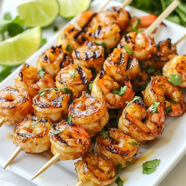 For this tasty dish, you need these main ingredients: - 1 pound large shrimp, peeled and deveined - 2 tablespoons olive oil - 2 tablespoons fresh lime juice - 2 teaspoons chili powder - 1 teaspoon garlic powder - 1 teaspoon smoked paprika - 1 teaspoon ground cumin - 1 teaspoon honey - Salt and pepper to taste - Fresh cilantro, chopped (for garnish) - Lime wedges (for serving) These ingredients work together to create a bright and zesty flavor. The lime juice adds a fresh twist, while the chili powder gives it a kick. You can mix it up with these optional ingredients: - Red pepper flakes for extra heat - Fresh herbs like parsley or basil - A dash of soy sauce for umami - Zest from lime for more citrus flavor Feel free to add or swap ingredients based on what you like. Cooking is all about having fun and trying new things! When choosing shrimp, look for these tips: - Choose shrimp that are firm and slightly shiny. - Fresh shrimp should smell like the ocean, not fishy. - Look for shrimp with a clean appearance, no black spots. - If buying frozen shrimp, ensure they are not stuck together. Selecting high-quality shrimp makes a big difference in taste. It gives your chili lime grilled shrimp a fresh and vibrant flavor that everyone will enjoy. {{ingredient_image_1}} To make the marinade, grab a large bowl. Add the olive oil and fresh lime juice. Then, sprinkle in the chili powder, garlic powder, smoked paprika, and ground cumin. Next, add the honey, salt, and pepper. Stir well until everything blends nicely. This marinade gives the shrimp a tasty kick. Now it's time to marinate the shrimp. Take your peeled and deveined shrimp and add them to the marinade. Make sure each piece gets coated well. Cover the bowl with plastic wrap. Place it in the refrigerator for at least 30 minutes. You can let it sit for up to 2 hours for even more flavor. Preheat your grill to medium-high heat. If you use wooden skewers, remember to soak them in water for 30 minutes. This helps stop them from burning. Thread about 4-5 shrimp onto each skewer. Discard any leftover marinade. Grill the shrimp for 2-3 minutes on each side. They will turn pink and opaque when done. Keep an eye on them; they cook quickly! After grilling, let the skewers rest for a minute. Serve with fresh cilantro and lime wedges. Enjoy your delicious meal! Grilling shrimp brings out their natural flavor. You can also use a skillet or broiler. Each method gives a nice char. For grilling, keep the heat at medium-high. This helps the shrimp cook evenly. If you use a skillet, add a bit of olive oil. The oil helps prevent sticking and gives great flavor. Shrimp cook fast. They can turn rubbery if you cook them too long. Aim for 2-3 minutes per side on the grill. The shrimp should turn pink and opaque. If you see them curling tightly, they are close to being done. Always watch them closely while they cook. You can boost the flavor of your shrimp in many ways. Try adding fresh herbs like parsley or basil. A splash of hot sauce can add heat. For a twist, add citrus zest from lime or lemon. Marinades like this one can also be changed. Add different spices or even fruits. Experiment and find what you love! Pro Tips Marinate for Flavor: The longer you marinate the shrimp, the more flavorful they will be. Aim for at least 1 hour if possible. Skewer Safely: If using wooden skewers, soak them in water for 30 minutes to prevent burning on the grill. Watch the Time: Shrimp cook quickly! Grill them for no more than 2-3 minutes per side to avoid overcooking. Garnish for Freshness: Always serve with fresh cilantro and lime wedges for added brightness and flavor. {{image_2}} You can switch up the spices to change the flavor. Try using cumin, garlic, or even curry powder. Each spice can give the shrimp a new taste. If you want a kick, add cayenne pepper. For a sweeter touch, use smoked paprika. Mix and match to find your favorite combo! If you don't have shrimp, you can use chicken or firm tofu. Chicken should be cut into bite-sized pieces. Marinate it just like the shrimp. Tofu works well too, but press it first to remove extra water. This helps it soak up the marinade better. Both options still taste great when grilled! Serve your shrimp with sides that complement their flavor. Rice or quinoa works well. You can also try a fresh salad with avocado and corn. For a crunchy touch, add tortilla chips. Don’t forget lime wedges for squeezing on top. These sides balance the dish and make it even more enjoyable! To store leftover grilled shrimp, let them cool first. Place them in an airtight container. They will stay fresh in the fridge for up to three days. If you want to keep them longer, freezing is a good option. Just remember to label the container with the date. When reheating grilled shrimp, use low heat. You can warm them in a skillet for about three minutes. This method keeps them tender. You can also use the microwave, but be careful. Heat them in short bursts to avoid overcooking. Check every 30 seconds to keep them juicy. To freeze grilled shrimp, first cool them completely. Then, place them in a freezer-safe bag. Try to get rid of any air. They can stay in the freezer for up to three months. When you're ready to eat, thaw them overnight in the fridge. Then, reheat as mentioned above for the best taste. Yes, you can make Chili Lime Grilled Shrimp ahead of time. Prepare the marinade and add the shrimp. Let them soak in the fridge for up to two hours. This lets the shrimp soak up all the flavors. If you want to save time, marinate them in the morning for dinner. Just grill them when you are ready to eat. Chili Lime Grilled Shrimp pairs well with many sides. Here are some great options: - Rice: Serve with white or brown rice for a filling meal. - Salad: A fresh green salad adds crunch and color. - Tacos: Use the shrimp to fill soft corn tortillas. - Vegetables: Grilled or roasted veggies add a nice touch. - Quinoa: This superfood is a great source of protein. You can mix and match these sides to suit your taste. To adjust the spice level in Chili Lime Grilled Shrimp, change the chili powder amount. For more heat, add extra chili powder or a dash of cayenne pepper. If you want it milder, use less chili powder. You can also use sweet paprika instead of smoked paprika. This keeps the flavor while reducing heat. Enjoy making it just right for you! Chili lime grilled shrimp is simple and delicious. We covered key ingredients and step-by-step instructions to make it easy. You learned tips for perfect shrimp and ways to switch it up. Remember to store leftovers correctly and know the best ways to reheat. Enjoy this dish with sides that enhance its flavors. With practice, you can impress everyone with your grilling skills. Now, go ahead and create your next delicious meal!