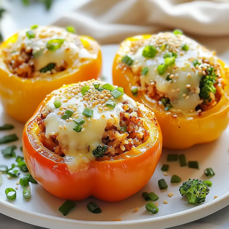 To make Teriyaki Chicken Stuffed Peppers, you need a few key ingredients: - 4 large bell peppers (any color) - 1 lb ground chicken - 1/4 cup teriyaki sauce - 1/4 cup cooked jasmine rice - 1 small onion, finely chopped - 2 cloves garlic, minced - 1 cup broccoli florets, finely chopped - 1 tablespoon sesame oil - 1 teaspoon grated ginger - 1/2 cup shredded mozzarella cheese (or cheese of choice) - Green onions, sliced (for garnish) - Sesame seeds (for garnish) - Salt and pepper, to taste These ingredients combine to create a flavorful dish. The bell peppers hold the filling well. The ground chicken provides protein and a mild taste. Teriyaki sauce adds sweetness and a touch of umami. You can customize your stuffed peppers with optional add-ins. Try adding: - Corn for sweetness - Carrots for crunch - Spinach for extra nutrients - Quinoa instead of jasmine rice for a protein boost If you want to swap the protein, ground turkey or tofu works great too. These substitutions help you make the dish your own. Using fresh ingredients makes a big difference. Fresh bell peppers taste crisp and bright. Fresh garlic and ginger add a punch of flavor. Fresh broccoli provides crunch and color. Whenever possible, use fresh produce for the best taste. It also makes your meal healthier. Fresh ingredients can elevate your cooking, making each bite more enjoyable. {{ingredient_image_1}} Start by preheating your oven to 375°F (190°C). While it warms up, cut the tops off the bell peppers. Remove the seeds and membranes inside. This will help the peppers cook evenly. Place the peppers upright in a baking dish. This keeps the filling from spilling out. In a large skillet, heat one tablespoon of sesame oil over medium heat. Add the finely chopped onion and cook until it turns soft, about 3-4 minutes. Next, add minced garlic and grated ginger. Cook these for one minute until you smell that lovely aroma. Now, stir in one pound of ground chicken. Season with salt and pepper. Cook until it turns brown and is fully cooked, which should take around 6-8 minutes. Once done, mix in the cooked jasmine rice, chopped broccoli, and 1/4 cup of teriyaki sauce. Stir everything well and heat for 2-3 minutes. Take the skillet off the heat and mix in half of the shredded mozzarella cheese. It should melt nicely. Now, carefully stuff each bell pepper with this tasty chicken mixture. Press down gently to pack it in well. Top each stuffed pepper with the rest of the cheese. Cover the dish with aluminum foil and bake for 25 minutes. After that, remove the foil and bake for another 10-15 minutes. You want the cheese to be melted and bubbly. Once cooked, take them out of the oven. Let them cool a bit, then garnish with sliced green onions and a sprinkle of sesame seeds before serving. Enjoy your flavorful meal! To cook ground chicken well, use medium heat. This helps the chicken brown nicely. Stir often to break up any clumps. Cook it until it turns from pink to white. This takes about 6 to 8 minutes. Season with salt and pepper as it cooks. This step adds depth to your dish. Add fresh herbs like cilantro or basil for extra taste. You can also mix in soy sauce or chili paste. These ingredients boost umami and spice. Try using different teriyaki sauces too. Some are sweeter, while others are more savory. Taste as you go and adjust to your liking. When stuffing the peppers, pack the filling tightly. This keeps the stuffing from falling out. Use a spoon to push the mixture down. Make sure to leave some space at the top. This allows the cheese to melt without spilling over. You can also top the peppers with extra cheese for a crispier bite. Pro Tips Choose Colorful Peppers: Using an assortment of colored bell peppers not only adds visual appeal but also provides a variety of nutrients. Don’t Overcook the Chicken: Make sure to cook the ground chicken just until it’s fully cooked through to keep it juicy and tender. Experiment with Fillings: Feel free to customize the stuffing by adding other vegetables or proteins like shrimp or tofu for a different flavor. Let Them Rest: Allow the stuffed peppers to cool slightly before serving; this helps the flavors meld and makes them easier to handle. {{image_2}} You can easily make a vegetarian version of teriyaki chicken stuffed peppers. Use cooked quinoa or lentils instead of chicken. Add diced carrots and mushrooms for a hearty mix. Use soy sauce, teriyaki sauce, or a homemade sauce for flavor. For a vegan twist, skip the cheese or use a plant-based cheese. These options keep the dish tasty and filling. If you want to switch up the protein, try ground turkey or beef. Both work well with teriyaki sauce. You can also use tofu or tempeh for a plant-based choice. Just be sure to adjust the cooking time. The key is to cook until the protein is fully done. This keeps your meal safe and delicious. Feel free to play with flavors. Add some crushed red pepper for heat. You can mix in pineapple chunks for sweetness. Fresh herbs like cilantro or basil can brighten up the dish. Experiment with different sauces too! Use a spicy sauce or even a sweet chili sauce. These changes can make each meal unique and fun. To store your leftover teriyaki chicken stuffed peppers, let them cool down first. Place them in an airtight container. You can keep them in the fridge for up to 3 days. Make sure to seal the container well to prevent any odors from mixing. When you are ready to enjoy leftovers, preheat your oven to 350°F (175°C). Place the stuffed peppers on a baking sheet. Cover them with foil to keep them moist. Heat for about 15-20 minutes until warmed through. You can also reheat them in a microwave for 2-3 minutes, but the oven keeps the peppers crisp. If you want to freeze your stuffed peppers, wrap each one in plastic wrap. Place them in a freezer-safe bag or container. They can last up to 3 months in the freezer. When you are ready to eat, thaw them in the fridge overnight. Then, follow the reheating instructions above. Yes, you can use different types of peppers. Bell peppers are great, but you can try poblano or jalapeño. Each pepper adds a unique flavor. If you like spice, use jalapeños. For a milder taste, go with yellow or orange bell peppers. Just make sure they are firm and fresh. You can serve Teriyaki Chicken Stuffed Peppers with many sides. Steamed rice pairs well. You can also add a fresh salad for crunch. If you want some heat, try a spicy sauce on the side. For a complete meal, serve with grilled vegetables or stir-fried greens. Stuffed peppers last about 3 to 5 days in the fridge. Make sure to store them in an airtight container. This keeps them fresh and prevents any odors from other foods. If you want to keep them longer, consider freezing. Just remember to thaw before reheating. Teriyaki chicken stuffed peppers are a fun and tasty meal. We explored key ingredients, prepping steps, and cooking methods. Fresh ingredients make a big difference in taste. You can customize flavors and add your favorites. Store leftovers properly and enjoy them later. Remember, cooking is about creativity. Try different veggies or proteins to suit your tastes. Make this dish your own and enjoy every bite!