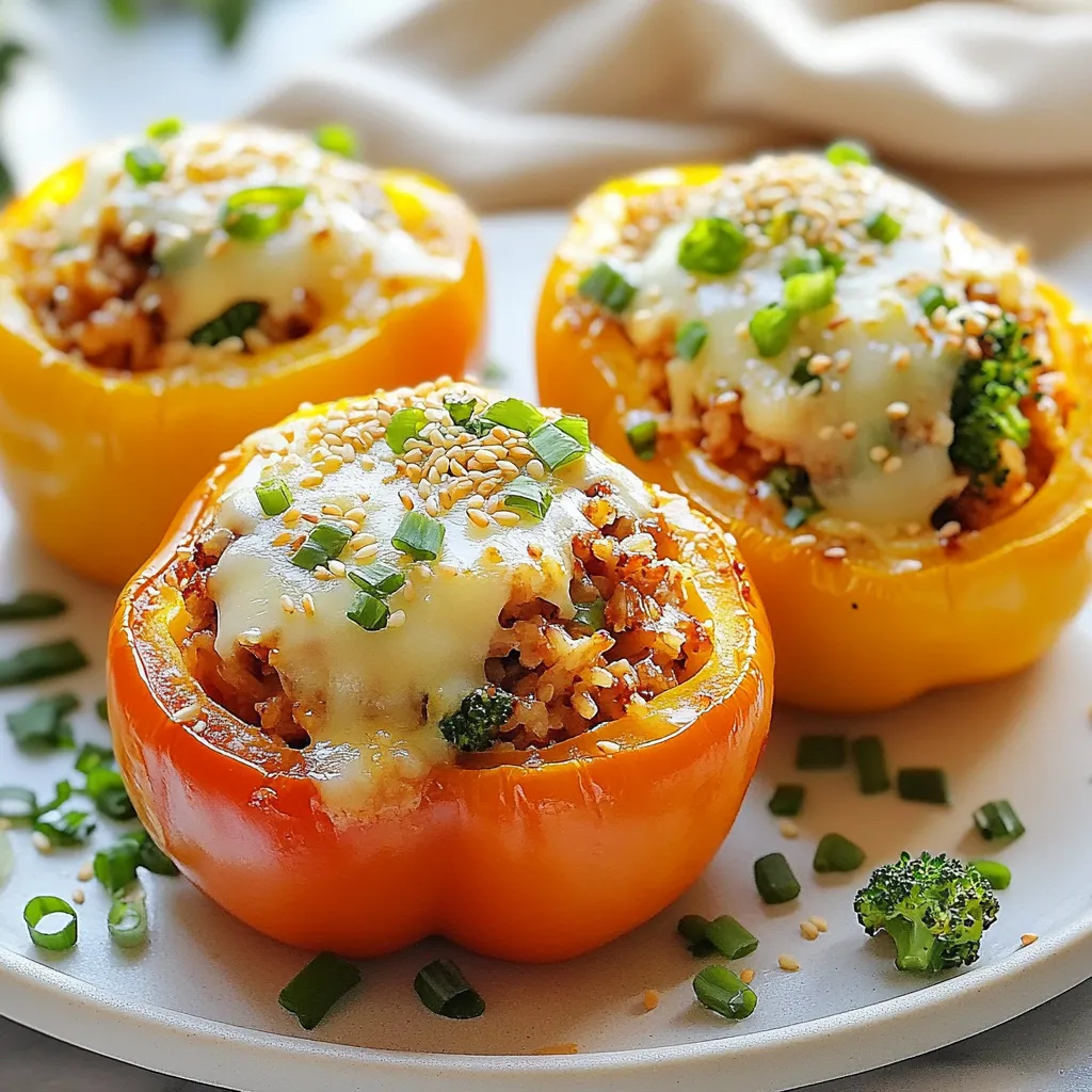 To make Teriyaki Chicken Stuffed Peppers, you need a few key ingredients: - 4 large bell peppers (any color) - 1 lb ground chicken - 1/4 cup teriyaki sauce - 1/4 cup cooked jasmine rice - 1 small onion, finely chopped - 2 cloves garlic, minced - 1 cup broccoli florets, finely chopped - 1 tablespoon sesame oil - 1 teaspoon grated ginger - 1/2 cup shredded mozzarella cheese (or cheese of choice) - Green onions, sliced (for garnish) - Sesame seeds (for garnish) - Salt and pepper, to taste These ingredients combine to create a flavorful dish. The bell peppers hold the filling well. The ground chicken provides protein and a mild taste. Teriyaki sauce adds sweetness and a touch of umami. You can customize your stuffed peppers with optional add-ins. Try adding: - Corn for sweetness - Carrots for crunch - Spinach for extra nutrients - Quinoa instead of jasmine rice for a protein boost If you want to swap the protein, ground turkey or tofu works great too. These substitutions help you make the dish your own. Using fresh ingredients makes a big difference. Fresh bell peppers taste crisp and bright. Fresh garlic and ginger add a punch of flavor. Fresh broccoli provides crunch and color. Whenever possible, use fresh produce for the best taste. It also makes your meal healthier. Fresh ingredients can elevate your cooking, making each bite more enjoyable. {{ingredient_image_1}} Start by preheating your oven to 375°F (190°C). While it warms up, cut the tops off the bell peppers. Remove the seeds and membranes inside. This will help the peppers cook evenly. Place the peppers upright in a baking dish. This keeps the filling from spilling out. In a large skillet, heat one tablespoon of sesame oil over medium heat. Add the finely chopped onion and cook until it turns soft, about 3-4 minutes. Next, add minced garlic and grated ginger. Cook these for one minute until you smell that lovely aroma. Now, stir in one pound of ground chicken. Season with salt and pepper. Cook until it turns brown and is fully cooked, which should take around 6-8 minutes. Once done, mix in the cooked jasmine rice, chopped broccoli, and 1/4 cup of teriyaki sauce. Stir everything well and heat for 2-3 minutes. Take the skillet off the heat and mix in half of the shredded mozzarella cheese. It should melt nicely. Now, carefully stuff each bell pepper with this tasty chicken mixture. Press down gently to pack it in well. Top each stuffed pepper with the rest of the cheese. Cover the dish with aluminum foil and bake for 25 minutes. After that, remove the foil and bake for another 10-15 minutes. You want the cheese to be melted and bubbly. Once cooked, take them out of the oven. Let them cool a bit, then garnish with sliced green onions and a sprinkle of sesame seeds before serving. Enjoy your flavorful meal! To cook ground chicken well, use medium heat. This helps the chicken brown nicely. Stir often to break up any clumps. Cook it until it turns from pink to white. This takes about 6 to 8 minutes. Season with salt and pepper as it cooks. This step adds depth to your dish. Add fresh herbs like cilantro or basil for extra taste. You can also mix in soy sauce or chili paste. These ingredients boost umami and spice. Try using different teriyaki sauces too. Some are sweeter, while others are more savory. Taste as you go and adjust to your liking. When stuffing the peppers, pack the filling tightly. This keeps the stuffing from falling out. Use a spoon to push the mixture down. Make sure to leave some space at the top. This allows the cheese to melt without spilling over. You can also top the peppers with extra cheese for a crispier bite. Pro Tips Choose Colorful Peppers: Using an assortment of colored bell peppers not only adds visual appeal but also provides a variety of nutrients. Don’t Overcook the Chicken: Make sure to cook the ground chicken just until it’s fully cooked through to keep it juicy and tender. Experiment with Fillings: Feel free to customize the stuffing by adding other vegetables or proteins like shrimp or tofu for a different flavor. Let Them Rest: Allow the stuffed peppers to cool slightly before serving; this helps the flavors meld and makes them easier to handle. {{image_2}} You can easily make a vegetarian version of teriyaki chicken stuffed peppers. Use cooked quinoa or lentils instead of chicken. Add diced carrots and mushrooms for a hearty mix. Use soy sauce, teriyaki sauce, or a homemade sauce for flavor. For a vegan twist, skip the cheese or use a plant-based cheese. These options keep the dish tasty and filling. If you want to switch up the protein, try ground turkey or beef. Both work well with teriyaki sauce. You can also use tofu or tempeh for a plant-based choice. Just be sure to adjust the cooking time. The key is to cook until the protein is fully done. This keeps your meal safe and delicious. Feel free to play with flavors. Add some crushed red pepper for heat. You can mix in pineapple chunks for sweetness. Fresh herbs like cilantro or basil can brighten up the dish. Experiment with different sauces too! Use a spicy sauce or even a sweet chili sauce. These changes can make each meal unique and fun. To store your leftover teriyaki chicken stuffed peppers, let them cool down first. Place them in an airtight container. You can keep them in the fridge for up to 3 days. Make sure to seal the container well to prevent any odors from mixing. When you are ready to enjoy leftovers, preheat your oven to 350°F (175°C). Place the stuffed peppers on a baking sheet. Cover them with foil to keep them moist. Heat for about 15-20 minutes until warmed through. You can also reheat them in a microwave for 2-3 minutes, but the oven keeps the peppers crisp. If you want to freeze your stuffed peppers, wrap each one in plastic wrap. Place them in a freezer-safe bag or container. They can last up to 3 months in the freezer. When you are ready to eat, thaw them in the fridge overnight. Then, follow the reheating instructions above. Yes, you can use different types of peppers. Bell peppers are great, but you can try poblano or jalapeño. Each pepper adds a unique flavor. If you like spice, use jalapeños. For a milder taste, go with yellow or orange bell peppers. Just make sure they are firm and fresh. You can serve Teriyaki Chicken Stuffed Peppers with many sides. Steamed rice pairs well. You can also add a fresh salad for crunch. If you want some heat, try a spicy sauce on the side. For a complete meal, serve with grilled vegetables or stir-fried greens. Stuffed peppers last about 3 to 5 days in the fridge. Make sure to store them in an airtight container. This keeps them fresh and prevents any odors from other foods. If you want to keep them longer, consider freezing. Just remember to thaw before reheating. Teriyaki chicken stuffed peppers are a fun and tasty meal. We explored key ingredients, prepping steps, and cooking methods. Fresh ingredients make a big difference in taste. You can customize flavors and add your favorites. Store leftovers properly and enjoy them later. Remember, cooking is about creativity. Try different veggies or proteins to suit your tastes. Make this dish your own and enjoy every bite!