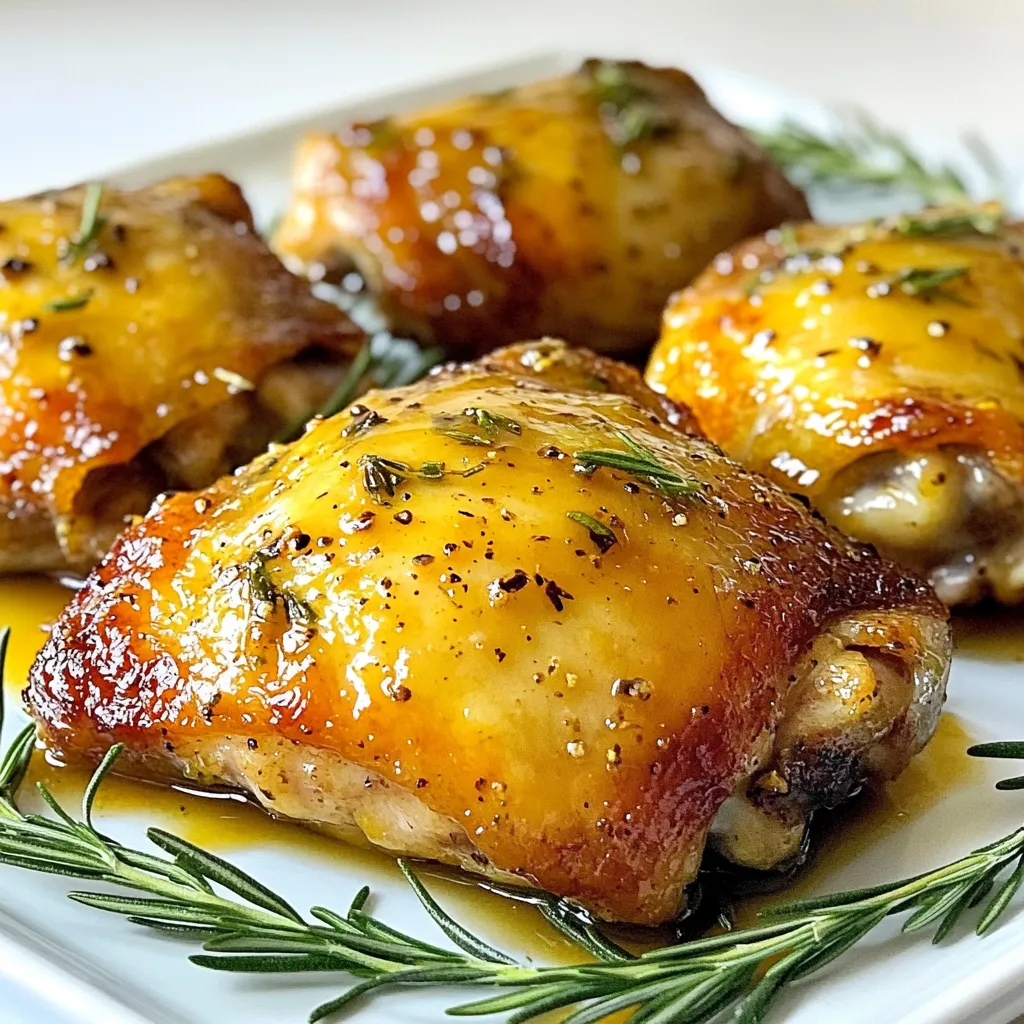 - 4 bone-in, skin-on chicken thighs - 1/4 cup pure maple syrup - 2 tablespoons Dijon mustard - 1 tablespoon olive oil - 3 cloves garlic, minced - 1 teaspoon fresh rosemary, chopped (or 1/2 teaspoon dried) - 1 teaspoon thyme leaves - Salt and pepper to taste - 1/2 cup low-sodium chicken broth I love using fresh, simple ingredients for my Maple Dijon Chicken Thighs. Each ingredient plays a key role in creating a tasty dish. The chicken thighs are juicy and packed with flavor. The skin gets crispy, which adds a nice crunch. Maple syrup provides a sweet touch that pairs well with the tangy Dijon mustard. Olive oil keeps the chicken moist while adding richness. Garlic gives a strong base flavor, and fresh herbs like rosemary and thyme bring a wonderful aroma. Using low-sodium chicken broth keeps the dish balanced. Salt and pepper round out the flavors. When you combine all these ingredients, you create a delicious marinade that coats the chicken perfectly. This dish is simple yet full of flavor, making it a staple in my kitchen. {{ingredient_image_1}} 1. Preheat your oven to 400°F (200°C). This helps to cook the chicken evenly. 2. In a small bowl, whisk together: - 1/4 cup pure maple syrup - 2 tablespoons Dijon mustard - 1 tablespoon olive oil - 3 cloves garlic, minced - 1 teaspoon fresh rosemary, chopped (or 1/2 teaspoon dried) - 1 teaspoon thyme leaves - Salt and pepper to taste This creates a tasty marinade for the chicken. 3. Pat the chicken thighs dry with paper towels. This helps the skin crisp up. Season lightly with salt and pepper. 1. In a large oven-safe skillet, add a drizzle of olive oil over medium-high heat. 2. Once the oil is hot, place the chicken thighs skin-side down in the skillet. Sear for about 5 minutes until the skin is golden brown and crispy. 3. Flip the chicken thighs over. Pour the maple Dijon marinade over the top. Then, add 1/2 cup low-sodium chicken broth to the pan. This adds extra flavor. 4. Transfer the skillet to the preheated oven. Bake for 25-30 minutes. Check that the chicken reaches an internal temperature of 165°F (75°C). 1. Remove the skillet from the oven. Let the chicken rest for 5 minutes. This allows the juices to redistribute. 2. Serve the chicken thighs drizzled with the pan sauce. This makes the dish even more delicious. To achieve crispy skin on chicken thighs, start by patting them dry. Moisture will make the skin soggy. Use a hot skillet for searing. This helps lock in flavor and creates a beautiful golden brown color. When choosing between bone-in and boneless chicken thighs, consider flavor and moisture. Bone-in thighs often taste better and stay juicy. Boneless thighs cook faster but may dry out. Choose based on your time and taste. Adding spices can take your dish to the next level. Try paprika for a smoky touch. A pinch of cayenne gives it heat. For a sweet twist, add a bit of cinnamon. If you want to switch herbs, use sage or parsley instead of rosemary and thyme. These herbs will add a fresh taste to the dish. Feel free to mix and match your favorite flavors. For side dishes, roasted vegetables work well. Carrots, green beans, or Brussels sprouts are great choices. A simple salad with greens and nuts adds color and crunch. For garnishing, serve the chicken on a white platter. Add fresh rosemary sprigs on top for a nice pop of green. Drizzle the pan sauce over the chicken for a shiny finish. This makes the dish look as good as it tastes! Pro Tips Use Fresh Herbs: Fresh herbs like rosemary and thyme can elevate the flavor profile of your dish. If you have access to fresh, use them for a more vibrant taste. Let the Chicken Rest: Allowing the chicken to rest for a few minutes after baking helps retain its juices, making it more tender and flavorful. Check for Doneness: Always use a meat thermometer to ensure your chicken reaches an internal temperature of 165°F (75°C) for safe consumption. Customize the Marinade: Feel free to experiment with the marinade by adding other ingredients like apple cider vinegar or a splash of soy sauce for an extra kick. {{image_2}} You can change the protein in Maple Dijon Chicken Thighs. Try using chicken breasts or pork chops. Each protein will soak up the marinade well. If you need gluten-free options, use gluten-free mustard. Check the chicken broth for gluten-free labels. This way, everyone can enjoy the dish. Adding veggies makes the meal even better. You can toss in green beans, carrots, or bell peppers. Add them to the skillet when you sear the chicken. They will cook nicely in the sauce. For a sweet and spicy twist, add chili flakes to the marinade. This will give your chicken a kick. You can also mix in some honey for extra sweetness. If you want different glazing options, try balsamic vinegar. It adds a tangy flavor that pairs well with maple. You can also use apple cider for a fruity touch. To store your Maple Dijon chicken thighs, let them cool first. Place them in an airtight container. This keeps them fresh and safe to eat. You can also wrap them tightly in foil or plastic wrap. How long can you keep leftovers? You can store cooked chicken thighs in the fridge for up to four days. If you want to keep them longer, freeze them. Frozen chicken can last up to three months. Just remember to label the container with the date. For reheating chicken thighs, the best method is baking. Preheat your oven to 350°F (175°C). Place the chicken on a baking sheet and cover with foil. Bake for about 15-20 minutes. This keeps the meat juicy. To keep the skin crispy, remove the foil for the last five minutes. You can also use an air fryer. Set it to 375°F (190°C) and reheat for about 5-7 minutes. This method revives the crispiness. Always check that the chicken's internal temperature reaches 165°F (75°C) before serving. What is the best temperature to cook chicken thighs? The best temperature is 400°F (200°C). This heat helps the chicken cook evenly and stay juicy. Cooking at this temperature usually takes 25-30 minutes. Use a meat thermometer to check for an internal temp of 165°F (75°C) for safety. Can I make the marinade ahead of time? Yes, you can make the marinade a day in advance. Just store it in the fridge. This lets the flavors mix well, making the chicken even tastier. When you're ready, marinate the chicken for at least 30 minutes. Is it necessary to sear chicken thighs before baking? Searing is not strictly necessary, but it adds great flavor and texture. The golden, crispy skin makes the dish more appealing. If you skip this step, the chicken will still cook well. Can I use maple-flavored syrup instead of pure maple syrup? You can, but pure maple syrup gives the best flavor. Maple-flavored syrup may be sweeter and less rich. If you want a balanced taste, stick with the pure stuff. What to do if chicken thighs are not cooked through? If the chicken isn't cooked through, return it to the oven. Bake for an additional 5-10 minutes. Check the internal temperature again. It should reach 165°F (75°C) before serving. This guide covered everything you need for delicious maple Dijon chicken thighs. We explored essential ingredients, preparation steps, and cooking methods. I shared tips for crisp skin and suggested variations for extra flavor. You can also store leftovers properly and reheat them without losing texture. Enjoy this tasty dish with your favorite sides. Try new twists and share your results. Happy cooking!