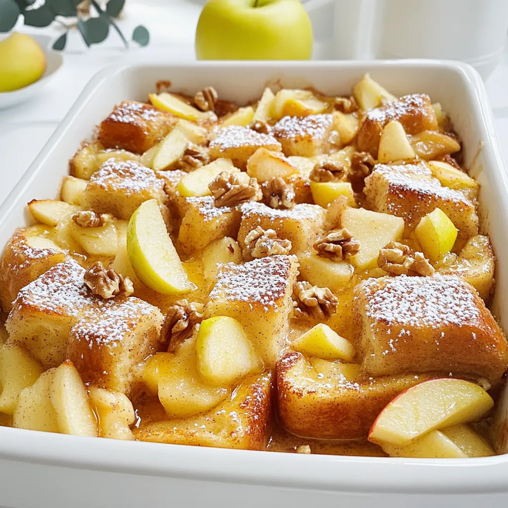 To make a delicious Apple Cinnamon French Toast Casserole, gather these simple ingredients: - 1 loaf of brioche bread, cut into cubes - 3 large eggs - 2 cups whole milk - 1 cup unsweetened applesauce - 1/4 cup maple syrup - 1 tablespoon vanilla extract - 2 teaspoons ground cinnamon - 1/4 teaspoon nutmeg - 2 medium apples, peeled, cored, and diced - 1/2 cup chopped walnuts (optional) - Powdered sugar, for dusting - Fresh apple slices, for garnish Each ingredient plays a key role. The brioche bread gives a rich, soft texture. Eggs and whole milk form the base custard. Unsweetened applesauce adds moisture and sweetness. Maple syrup enhances the flavor, while vanilla extract rounds it all out. Ground cinnamon and nutmeg bring warm, cozy spices, making this dish feel like a hug. Diced apples offer a fresh crunch, and walnuts add a nice bite if you choose to include them. Dusting with powdered sugar makes it pretty, and fresh apple slices add a pop of color. Enjoy these flavors together for a delightful breakfast or brunch treat! - Preheating the oven Start by preheating your oven to 350°F (175°C). This helps the casserole cook evenly. - Greasing the baking dish Take a 9x13-inch baking dish. Grease it well with butter or cooking spray. This step keeps the casserole from sticking. - Whisking the mixture In a large bowl, whisk together the eggs, milk, applesauce, maple syrup, vanilla extract, cinnamon, and nutmeg. Mix until smooth and combined. - Soaking the brioche bread Cut the brioche bread into cubes. Add it to the egg mixture. Fold gently to coat all pieces. Let it soak for about 10 minutes. This helps the bread absorb the flavors. - Adding apples and walnuts Peel, core, and dice the apples. If you like, chop the walnuts too. Stir them into the soaked bread mixture. This adds great texture and flavor. - Pouring into the baking dish Carefully pour the entire mixture into the greased baking dish. Spread it out evenly with a spatula. This ensures even cooking. - Cooking time and temperature Bake in the preheated oven for 35-40 minutes. Look for a golden brown top and a set center. - Checking doneness To check if it’s done, insert a knife in the center. If it comes out clean, the casserole is ready. Let it cool for 5-10 minutes before serving. - Soaking time recommendation: Let the bread soak for about 10 minutes. This time helps the bread absorb the mixture well. Avoid rushing this step for the best flavor. - Ensuring even baking: Spread the mixture evenly in the dish. This helps all parts cook in the same way. You want a golden top and a set center. - Over-soaking bread: Do not let the bread sit too long. If it gets too soggy, the casserole will be mushy. Stick to the 10-minute rule for a great texture. - Skipping greasing the dish: Always grease your baking dish before adding the mixture. This step prevents sticking and makes serving easier. A little butter or cooking spray works well. - Topping ideas: After baking, dust with powdered sugar. You can also add fresh apple slices for a nice touch. Consider drizzling more maple syrup for extra sweetness. - Pairing with beverages: This dish pairs well with coffee or a warm apple cider. The flavors blend nicely and create a cozy meal. Enjoy it for breakfast or brunch! {{image_2}} You can switch up the bread in this recipe. Try using challah or sourdough for a new taste. Each bread brings its own flavor and texture. You can also add different fruits. Pears or berries work well with apples. They add color and sweetness. For gluten-free options, use gluten-free bread. Make sure it is sturdy enough to hold the mixture. For a dairy-free version, swap whole milk for almond or oat milk. You can use coconut yogurt instead of eggs for binding. Adding spices can enhance the taste. Try a pinch of ginger or allspice for warmth. You can also experiment with sweeteners. Swap maple syrup for honey or agave nectar. These changes can make the dish your own. To store leftovers, let the casserole cool first. Cut it into pieces. Place the pieces in an airtight container. You can keep it in the fridge for up to three days. Use glass or plastic containers with tight lids. This helps keep the flavor fresh. To freeze, cut the casserole into portions. Wrap each piece in plastic wrap. Then, place the wrapped pieces in a freezer bag. Remove as much air as you can. This keeps it fresh for up to three months. To reheat, thaw in the fridge overnight. Heat in the oven at 350°F (175°C) until warm. The casserole stays fresh for three days in the fridge. Signs of spoilage include an off smell or mold. If it looks or smells bad, throw it away. Enjoy your leftovers while they are still tasty! Yes, you can prepare this casserole the night before. This saves time in the morning. To do this, follow these steps: - Make the mixture as usual. - Pour it into a greased baking dish. - Cover it tightly with plastic wrap. - Place it in the fridge overnight. - In the morning, just bake it as directed. This overnight method allows the bread to soak up all the flavors. Reheating leftovers is easy. Here are the best methods: - Oven: Preheat to 350°F (175°C). Place the casserole in a baking dish. Cover it with foil to keep it moist. Bake for about 20-25 minutes. - Microwave: Cut a piece and place it on a microwave-safe plate. Heat for 1-2 minutes. Check to make sure it’s warm throughout. Both methods work well to keep the flavor and texture. Yes, you can use different types of apples. Each type brings its own flavor. Here are some great options: - Granny Smith: Tart and firm, great for balance. - Honeycrisp: Sweet and crisp, adds a nice texture. - Fuji: Very sweet, perfect for a sweeter dish. Mixing a few types can give your casserole more depth and flavor. This blog post covers a delicious brioche breakfast casserole. You learned the key ingredients, preparation steps, and baking tips for success. I also shared ways to make this dish your own with variations and dietary adjustments. Remember the best practices to avoid common mistakes. Store leftovers properly for later enjoyment. With these tips, you can create a tasty and satisfying meal. Now, it's time to gather your ingredients and start cooking! Enjoy this delightful dish with your family and friends.