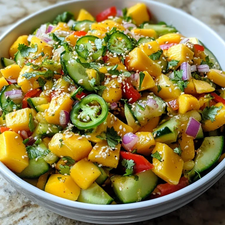 - 1 large cucumber, julienned - 1 ripe mango, diced - 1 red bell pepper, thinly sliced - 1 small red onion, finely chopped - 1 jalapeño, deseeded and minced - 2 tablespoons fresh lime juice - 1 tablespoon honey - 1 tablespoon sesame oil - Salt and pepper to taste - Crushed peanuts - Fresh cilantro To make this salad, start with fresh ingredients. You want crisp cucumbers and ripe mangoes. The cucumber adds crunch while the mango gives sweetness. The red bell pepper adds color and a mild taste. The red onion brings a bit of bite, and the jalapeño gives it heat. For the dressing, fresh lime juice brightens the flavors. Honey adds a hint of sweetness. Sesame oil enriches the salad, making it taste unique. Don’t forget salt and pepper to tie everything together. Optional toppings like crushed peanuts and fresh cilantro add extra flavor. Peanuts give a nice crunch, and cilantro adds freshness. These ingredients come together to create a vibrant and tasty dish. {{ingredient_image_1}} Start by julienning the cucumber. Cut the cucumber lengthwise into thin strips. This shape gives the salad a nice crunch. Next, dice the ripe mango into small cubes. Choose a mango that feels slightly soft for the best flavor. Now, slice the red bell pepper into thin pieces. Finally, finely chop the red onion. Place all these prepared ingredients into a large mixing bowl. In a smaller bowl, whisk together the fresh lime juice, honey, and sesame oil. This mixture creates a bright and sweet dressing. Add a pinch of salt and pepper to enhance the flavor. Taste the dressing and adjust it as needed. You want it to be tangy and sweet. Pour the dressing over the salad ingredients in the mixing bowl. Add the minced jalapeño for a spicy kick and the chopped cilantro for freshness. Toss everything gently until all the ingredients are coated in the dressing. Let the salad sit for about 10 to 15 minutes. This resting time helps the flavors meld together nicely. Before serving, taste the salad again. Adjust the seasoning with more salt, pepper, or lime juice if needed. You can also sprinkle crushed peanuts on top for that extra crunch just before serving. To make your Spicy Cucumber Mango Salad shine, start with seasoning. I suggest adding salt, pepper, or lime juice. Taste as you go. You want the flavors to pop. If you crave more heat, adjust the jalapeño. Use more for a spicy kick, or leave it out for a milder salad. For a beautiful display, serve the salad in shallow bowls. This makes it easy for guests to enjoy. Top with fresh cilantro for a bright touch. Crushed peanuts add crunch and flavor. Offer those on the side for guests to sprinkle on as they wish. If you need a honey alternative, maple syrup works great. It adds sweetness without changing the flavor too much. For the heat, try different peppers like serrano or habanero. Each type brings its own unique spice level. This gives you options to customize your salad. Pro Tips Fresh Ingredients: Use the ripest mango and freshest cucumber for the best flavor and texture in your salad. Adjusting Spice Level: If you prefer a milder salad, reduce the amount of jalapeño or remove the seeds before mincing. Chill Before Serving: Refrigerate the salad for 15-30 minutes before serving to enhance the flavors and provide a refreshing taste. Garnish for Presentation: For an attractive finish, sprinkle additional fresh cilantro and crushed peanuts just before serving. {{image_2}} You can make this salad heartier by adding protein. Grilled chicken or shrimp pairs well with the fresh flavors. Just cook them simply with salt and pepper. Slice them into bite-sized pieces and toss them into the salad. If you prefer a vegetarian option, try tofu. Cube the tofu and pan-fry it until golden. This adds a nice texture and protein boost. Toss it in just like the chicken or shrimp. Mixing in different fruits can make this salad even more exciting. Pineapple or papaya can add a sweet twist. Chop them into small pieces and blend them in. You can also try other seasonal fruits. Berries or citrus fruits can brighten the dish. Just choose what you love and experiment! If you enjoy heat, you can amp it up with more spices. Add chili flakes to the dressing for extra kick. Just a pinch can change the whole vibe of the salad. You can also experiment with different hot peppers. Try serrano or habanero for a bolder flavor. Adjust the amount to fit your spice level! To store leftovers, place the salad in an airtight container. This keeps it fresh. Use glass or plastic containers with tight lids. Make sure to transfer the salad as soon as you finish eating. The salad stays fresh for about 2 days in the fridge. After that, it may lose its crunch. Look for signs of spoilage, like a slimy texture or off smell. If you see these signs, it’s best to toss it. I do not recommend freezing this salad. Freezing can change the texture of the cucumber and mango. If you must freeze, chop the veggies and fruits smaller. Use a freezer-safe bag, and remove as much air as possible. It takes about 30 minutes in total. You need 15 minutes to prep. The rest of the time allows the flavors to blend. Yes, you can prepare this salad ahead. Chop the veggies and make the dressing. Keep them separate in the fridge. Mix them when you are ready to serve. This keeps the salad crisp and fresh. Yes, this salad is healthy. Cucumbers are low in calories and hydrating. Mango adds vitamins and fiber. Bell peppers are full of antioxidants. Jalapeños can boost your metabolism. This salad gives you a tasty way to enjoy good nutrition. In this blog post, I shared how to make a delicious Spicy Cucumber Mango Salad. We examined the main ingredients like cucumber, mango, and jalapeño. I explained making the dressing with lime juice and honey. You learned tips for flavor and presentation, as well as variations to fit your taste. Lastly, I discussed storage tips to keep it fresh. This salad is easy, tasty, and perfect for any meal. Enjoy your salad adventure!