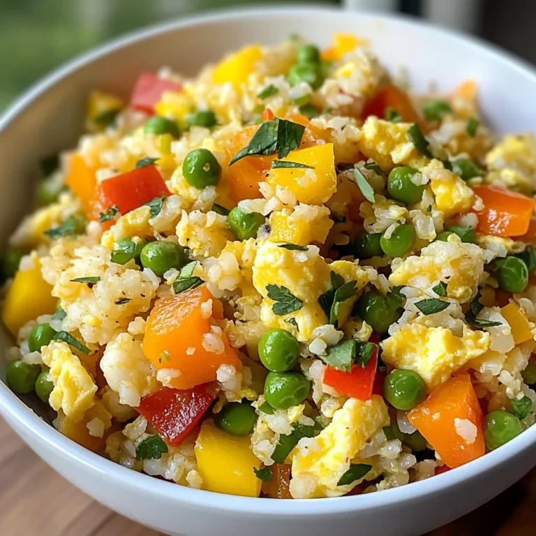 - 1 medium head cauliflower, riced (about 4 cups) - 1 cup mixed bell peppers, diced (red, green, yellow) - 1/2 cup frozen peas - 1/2 cup carrots, diced - 3 green onions, finely chopped - 2 cloves garlic, minced - 2 tablespoons soy sauce (or tamari for gluten-free) - 1 tablespoon sesame oil - 2 tablespoons olive oil - 2 large eggs, lightly beaten (optional for extra protein) - Salt and pepper to taste - Fresh cilantro or parsley for garnish You can add some fun extras to your cauliflower fried rice. Try adding: - A splash of lime juice for zest - Chopped ginger for warmth - Red pepper flakes for heat - Sesame seeds for crunch - Cauliflower: Low in calories and high in fiber, great for digestion. - Bell Peppers: Packed with vitamins A and C, they boost your immune system. - Peas: A good source of protein and rich in antioxidants. - Carrots: Great for your eyes due to high beta-carotene content. - Green Onions: Offer vitamin K and add fresh flavor. - Garlic: Known for its immune-boosting properties and heart health benefits. - Soy Sauce: Adds umami flavor, but watch sodium intake. - Sesame Oil: Rich in healthy fats, it enhances flavor and aroma. - Olive Oil: Packed with monounsaturated fats, good for heart health. - Eggs: Provide protein and essential nutrients, if added. - Fresh Herbs: Cilantro or parsley add freshness and antioxidants. Using these ingredients, you create a meal that is not only tasty but also packed with nutrients. Enjoy the vibrant flavors and health benefits in each bite! {{ingredient_image_1}} First, grab your medium head of cauliflower. Remove the leaves and core. Cut the cauliflower into florets. This helps with ricing. You can use a food processor or a box grater. Rice the cauliflower until it looks like small grains. This gives the right texture for your fried rice. Heat 1 tablespoon of olive oil in a large skillet over medium heat. Add 2 cloves of minced garlic and sauté for about 30 seconds. You want it fragrant but not burnt. Next, add 1/2 cup of diced carrots and 1 cup of mixed bell peppers. Cook these for about 3-4 minutes. They should soften but still keep some crunch. Now, push the veggies to one side of the skillet. Add another tablespoon of olive oil to the empty side. If you want extra protein, pour in 2 beaten eggs. Scramble the eggs until fully cooked. Then mix them with the vegetables. Stir in the riced cauliflower and 1/2 cup of frozen peas next. Drizzle in 2 tablespoons of soy sauce and 1 tablespoon of sesame oil. Toss everything together to combine. Cook for another 5-7 minutes. You want the cauliflower tender but not mushy. To get perfect texture, do not overcook the cauliflower. Keep stirring, but don’t let it sit too long. Season with salt and pepper to taste. Finally, stir in 3 chopped green onions for a fresh kick. Enjoy your delicious and healthy cauliflower fried rice! To make the best cauliflower fried rice, start with fresh cauliflower. Riced cauliflower gives a great texture. You can use a food processor or a box grater to rice it. This helps it cook evenly. When cooking, use a large skillet or wok. This allows for even heat and better cooking. Heat the oil first before adding garlic. This will bring out the garlic's flavor. Stir-fry the vegetables quickly. This keeps them crisp and colorful. You can switch out some ingredients for variety. Instead of mixed bell peppers, try zucchini or snap peas. If you want a protein boost, add chickpeas or tempeh. For a gluten-free option, use tamari instead of soy sauce. You can also skip the eggs for a vegan dish. Fresh herbs like basil or mint can replace cilantro. Each swap changes the dish, keeping it exciting. Seasoning plays a big role in flavor. Add salt and pepper to taste as you cook. For a spicy kick, include red pepper flakes or sriracha. A splash of lime juice adds brightness. Try different sauces, like oyster sauce or hoisin, for new tastes. Always taste as you go. This helps you adjust flavors to suit your palate. Fresh herbs at the end add color and flavor. Enjoy experimenting with flavors! Pro Tips Choose the Right Cauliflower: Selecting a firm and fresh cauliflower head will yield the best texture and flavor for your fried rice. Don’t Overcook the Cauliflower: Keep an eye on the riced cauliflower while cooking. It should be tender but still have a slight bite, similar to al dente pasta. Customize Your Veggies: Feel free to add any of your favorite vegetables like zucchini, broccoli, or snap peas for extra nutrition and flavor. Make It Spicy: For an extra kick, add a dash of chili flakes or sriracha sauce when mixing in the soy sauce. {{image_2}} You can make cauliflower fried rice vegetarian or vegan easily. Skip the eggs to keep it vegan. You can add more veggies like zucchini or broccoli. This gives you a colorful and tasty dish. Use tamari instead of soy sauce for gluten-free options. Nutritional yeast can add a cheesy flavor without dairy. Adding protein makes your cauliflower fried rice more filling. You can use cooked chicken, tofu, or shrimp. If you choose chicken, cut it into small bits. Cook it until brown before adding veggies. For tofu, use firm tofu, press it, and cut into cubes. Sauté it until golden for great texture. Shrimp cooks fast, so add it after the veggies are soft. Just make sure the protein is cooked through. You can change the flavor by using different spices and sauces. For a Thai twist, add lime juice and fresh basil. For a Mexican flavor, mix in lime juice, cumin, and cilantro. If you want a savory, Asian taste, use ginger and sesame oil. Experiment with spices to find your favorite mix. Each variation brings a new taste to your dish. Enjoy trying new flavors! To keep cauliflower fried rice fresh, let it cool first. Once cool, place it in an airtight container. Make sure to seal it tightly to prevent moisture. Store the container in the fridge. It will stay good for 3-4 days. When ready to eat, check for any odd smells or colors. Reheat cauliflower fried rice in a skillet. Use medium heat for the best taste. Add a splash of water or oil to keep it moist. Stir often to heat it evenly. You can also use the microwave. Place it in a bowl and cover it. Heat for 1-2 minutes, stirring halfway through. Yes, you can freeze cauliflower fried rice. To do this, let it cool completely. Then, pack it in a freezer-safe bag. Remove as much air as possible before sealing. It will last for up to 2 months. When ready to eat, thaw it overnight in the fridge. Reheat it in a skillet or microwave. This way, you can enjoy it later! Cauliflower fried rice is a healthy twist on the classic dish. Instead of rice, we use riced cauliflower. This change makes it lower in carbs and calories. The taste remains delicious, as you still get savory flavors from garlic, soy sauce, and fresh veggies. You can enjoy all the fun of fried rice without the heavy carbs. Yes, you can make cauliflower fried rice in advance. Cooking it ahead of time saves you effort on busy days. Just store it in an airtight container in the fridge. It stays fresh for up to four days. When you are ready to eat, simply reheat it in a skillet until hot. If you don’t have a food processor, you can still make cauliflower rice. Use a box grater to shred the cauliflower into tiny pieces. Cut the cauliflower into small florets first. Then, grate them over a large bowl. This method works well and gives you the right texture. Cauliflower fried rice pairs well with many dishes. You can serve it alongside grilled chicken, beef, or shrimp for added protein. It also complements stir-fried veggies or a fresh salad. For a lighter meal, enjoy it on its own with a sprinkle of fresh cilantro or parsley. This adds a burst of color and flavor. Cauliflower fried rice is a tasty, healthy dish you can make at home. This blog covered key ingredients and their benefits, along with step-by-step cooking instructions. I shared useful tips for perfect texture and flavor enhancements. You learned about variations and how to store your leftovers. Cauliflower fried rice is versatile, supporting vegetarian and protein options alike. Enjoy creating your own delicious versions while exploring different flavors. You now have the tools to make this dish not just a meal, but an exciting experience every time.