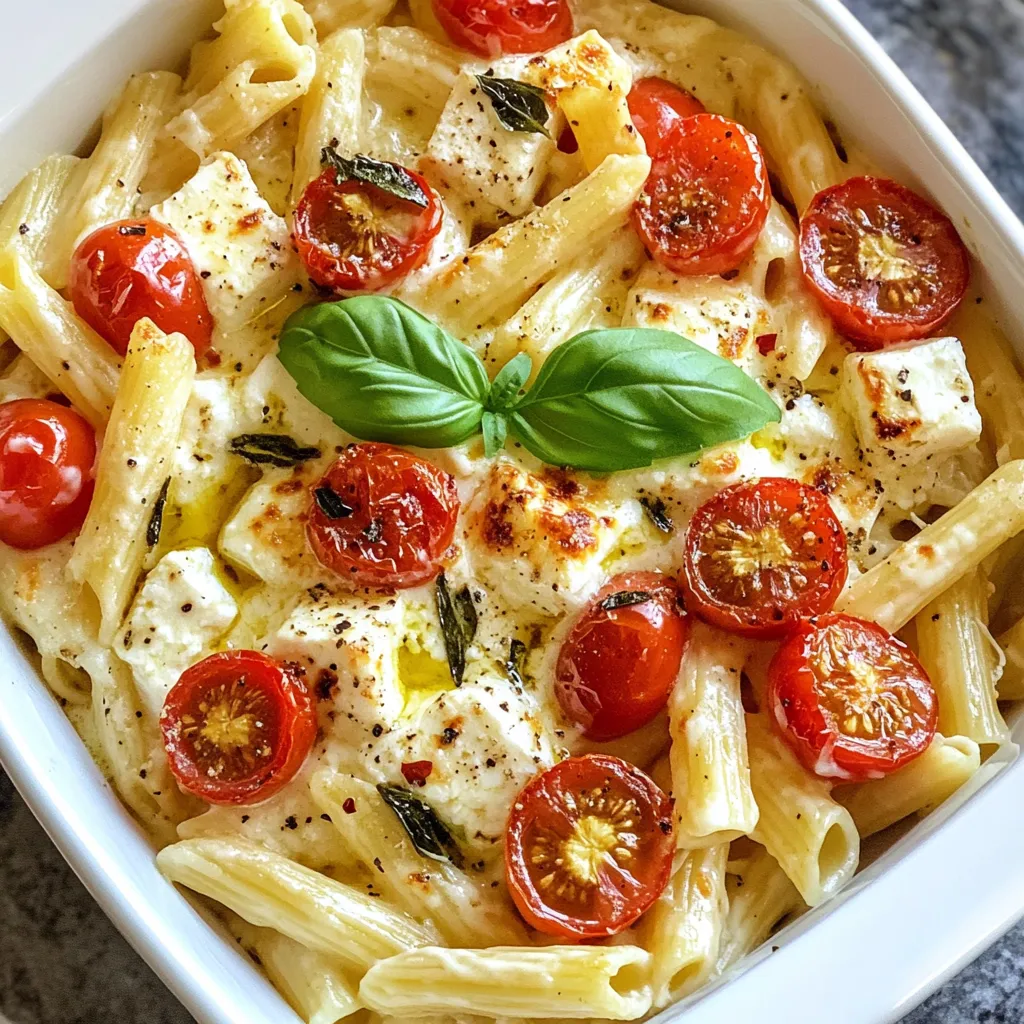 - Pasta varieties: You can use 200g of penne or rigatoni for this dish. Both shapes hold sauces well and add to the meal's texture. - Feta cheese details: The recipe calls for 200g of feta cheese. Look for a block of feta, as it melts nicely and adds creaminess to the sauce. - Cherry tomatoes information: Use 300g of cherry tomatoes, halved. They burst in the oven, adding sweetness and flavor to the dish. - Olive oil selection: Choose a good-quality olive oil, about 4 tablespoons. It enhances the taste and helps the feta and tomatoes roast perfectly. - Garlic types and preparation: Use 3 cloves of garlic, minced. Fresh garlic gives a strong flavor that balances the creamy feta. - Herbs and spices: Add 1 teaspoon of dried oregano. It adds an earthy flavor that pairs well with the feta and tomatoes. Don’t forget salt and pepper to taste! - Red pepper flakes usage: If you like some heat, add 1/2 teaspoon of red pepper flakes. This optional ingredient gives a nice kick to the dish. - Grated Parmesan cheese: For serving, you can sprinkle some grated Parmesan cheese. It adds a savory touch that many enjoy. - Fresh basil for garnish: Fresh basil leaves are perfect for garnishing the dish. They add color and a fresh flavor that brightens the meal. {{ingredient_image_1}} 1. Start by preheating your oven to 200°C (400°F). This temp is perfect for roasting. 2. Grab a baking dish. Place the feta cheese right in the center. Surround it with halved cherry tomatoes. 3. Next, drizzle about 4 tablespoons of olive oil over the feta and tomatoes. This oil adds flavor and helps with browning. 1. Place the dish in your preheated oven. Bake it for about 25-30 minutes. 2. Keep an eye on it. You want the tomatoes to blister and the feta to turn golden and soft. This means it's ready. 1. While your feta bakes, cook 200g of pasta. Choose penne or rigatoni for best results. 2. Boil water in a pot and add salt. Cook the pasta according to the package. Aim for al dente texture; it should be firm but not hard. 3. When done, drain the pasta and set it aside until the feta is ready. This simple process makes a delicious dish. Enjoy every bite! To achieve creaminess in your pasta, mash the baked feta and tomatoes well. This creates a rich sauce. Stir in the pasta while it’s hot. The heat helps blend the flavors. If you like a bit of tang, use a good quality feta. It melts beautifully. When using herbs, fresh basil adds a nice touch. You can also use dried oregano. Dried herbs pack a punch, but fresh herbs give a bright flavor. If you have fresh basil, chop it and sprinkle over the dish after serving. If you want a basil alternative, try parsley or arugula. Both add a fresh taste. For an extra kick, consider adding some chili flakes on top. Grated Parmesan cheese really enhances the dish. Serve it on the side for guests who want to add more. A light sprinkle on top before serving looks great too. A common mistake is overcooking the pasta. Cook it al dente, so it stays firm. This gives the dish a nice texture. Choosing the right feta is key. Look for a block of feta, not crumbled. Crumbled feta doesn’t melt well. A good quality feta makes a huge difference in taste. Pro Tips Choose the Right Pasta: Use a pasta shape that can hold onto the creamy sauce, like penne or rigatoni. These shapes trap the sauce in their ridges, ensuring every bite is flavorful. Quality Feta Matters: Opt for a good quality feta cheese for the best flavor. Greek feta is typically creamier and more flavorful than others, enhancing the overall dish. Customize the Veggies: Feel free to add other vegetables like spinach, bell peppers, or zucchini to the baking dish for added nutrition and flavor. Just be mindful of the cooking time so they don’t overcook. Don’t Skip the Garnish: Fresh basil and grated Parmesan cheese elevate this dish. The aroma of fresh herbs and the nutty flavor of Parmesan add an extra layer of taste you won’t want to miss. {{image_2}} You can switch up the pasta shape for fun. Penne and rigatoni work great, but you can also use fusilli or farfalle. Each shape will change the look and texture. Try a whole grain or chickpea pasta for added nutrition. If you can’t find cherry tomatoes, use grape tomatoes or even diced bell peppers. These options add sweetness and color. Canned tomatoes also work in a pinch, just drain them well before using. Add protein to make this dish heartier. Cooked chicken, shrimp, or even chickpeas blend well with the feta and tomatoes. Just toss them in before baking. For extra veggies, consider spinach, zucchini, or bell peppers. You can add them to the baking dish or sauté them first. This helps to boost the flavors and nutrients in your meal. If you need gluten-free options, look for gluten-free pasta. Many brands offer great alternatives that cook well. Just follow the package instructions for best results. For dairy-free needs, swap the feta for a dairy-free cheese. There are many brands that mimic feta's taste and texture. This way, everyone can enjoy this tasty dish. To store leftovers, let the pasta cool first. Place it in an airtight container. This helps keep it fresh. The pasta lasts about 3 to 4 days in the fridge. Make sure to keep it refrigerated at all times. Yes, you can freeze baked pasta. First, let it cool completely. Then, transfer it to a freezer-safe container. It can stay in the freezer for up to 2 months. To reheat frozen pasta, take it out of the freezer the night before. Let it thaw in the fridge. You can also heat it straight from the freezer. Just add extra time when baking. The best method for reheating is in the oven. Preheat it to 180°C (350°F). Place the pasta in an oven-safe dish and cover it with foil. This helps keep the moisture in. Bake for about 20 minutes. You can also reheat it on the stove. Add a splash of water or olive oil to help with the texture. Stir it gently over low heat. This keeps the creaminess and flavor intact. Baked Feta TikTok Pasta became a hit on social media. It features creamy feta cheese and sweet cherry tomatoes. The mix creates a rich and tasty sauce. You bake the feta with tomatoes, garlic, and herbs. Then, you mix it with pasta for a quick meal. This dish's ease and taste make it popular for busy cooks. Yes, you can prepare this dish ahead of time. Cook the pasta and bake the feta and tomatoes. Let them cool, then store them in the fridge. When ready to eat, you can reheat the pasta and sauce together. This method saves time during busy days. Just follow the original steps when you reheat. You can easily change the serving size of this recipe. To make more, double the ingredients. For fewer servings, cut the amounts in half. Adjusting the pasta and feta ensures everyone gets enough. Keep the cooking time the same for the sauce. This way, you can enjoy this dish any time. Baked Feta TikTok Pasta is easy and fun to make. We covered main ingredients like pasta, feta, and tomatoes. You learned how to bake it perfectly and add your favorite flavors. Don’t forget tips to avoid common mistakes, like overcooking pasta. Variations help you customize the dish to your taste. Lastly, proper storage keeps leftovers fresh. Enjoy creating your own delicious version of this popular dish!