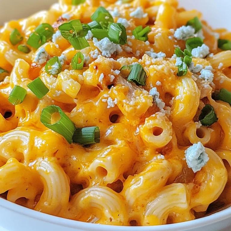 - 8 ounces elbow macaroni - 2 cups cooked chicken, shredded - 1 cup buffalo wing sauce - 2 tablespoons unsalted butter - 1 tablespoon all-purpose flour - 2 cups milk - 2 cups shredded sharp cheddar cheese - 1 cup shredded mozzarella cheese - 1 teaspoon garlic powder - 1 teaspoon onion powder - Salt and pepper to taste - 1/4 cup chopped green onions (for garnish) The main ingredients create a solid base for your dish. The elbow macaroni holds the sauce well. The chicken adds protein and flavor, while buffalo wing sauce gives it that signature kick. - 1/4 cup crumbled blue cheese (optional) Adding blue cheese can enhance the dish. It adds a rich, tangy taste that pairs well with buffalo sauce. You can also use ranch dressing for a creamier flavor. - Sharp cheddar cheese - Mozzarella cheese Sharp cheddar brings a bold taste to the dish. Mozzarella adds creaminess and stretch. You can mix in other cheeses like gouda or pepper jack for more depth. Experimenting with different cheeses can make your mac and cheese unique! {{ingredient_image_1}} Start with a large pot. Fill it with water and add salt. Bring the water to a boil. Add 8 ounces of elbow macaroni. Cook the pasta according to the package instructions. Aim for al dente, which means it should still have a bite. Once done, drain the pasta and set it aside. In the same pot, melt 2 tablespoons of unsalted butter over medium heat. Once the butter melts, stir in 1 tablespoon of all-purpose flour. This creates a roux. Cook it for about 1 minute until it turns golden. Gradually whisk in 2 cups of milk. Make sure there are no lumps. Keep whisking until the sauce thickens. This should take about 3 to 5 minutes. Remove the pot from the heat. Now, stir in 2 cups of shredded sharp cheddar cheese and 1 cup of shredded mozzarella cheese. Mix until the cheese melts and becomes creamy. Next, add 2 cups of shredded chicken and 1 cup of buffalo wing sauce. Season with 1 teaspoon of garlic powder, 1 teaspoon of onion powder, salt, and pepper to taste. Mix well to combine all the flavors. Add the cooked macaroni back into the pot. Stir until every piece of pasta is coated in the cheesy buffalo sauce. For serving, spoon the buffalo chicken mac and cheese into bowls or a baking dish. Top it off with 1/4 cup of chopped green onions. If you like blue cheese, sprinkle 1/4 cup of crumbled blue cheese on top. Enjoy this delightful dish! To make a creamy cheese sauce, start with a roux. Melt butter in your pot. Add flour and stir for one minute. This thickens the sauce. Next, slowly add milk while whisking. This step helps avoid lumps. Keep stirring until the sauce thickens, around three to five minutes. Remove the pot from heat before adding cheese. Stir in sharp cheddar and mozzarella until melted. The sauce should be smooth and creamy. Buffalo chicken mac and cheese can be spicy. To control the heat, use less buffalo wing sauce. You can mix in some sour cream for creaminess and coolness. If you like more heat, add extra wing sauce. Taste as you go to find your perfect balance. Remember, each brand of sauce has its own spice level. If you have leftovers, store them in an airtight container. This keeps the dish fresh for three to four days. You can also freeze it for a longer shelf life. Just make sure to cool it first before freezing. To reheat, use the oven or microwave. Add a splash of milk if the sauce is too thick after reheating. This will help restore its creaminess. Pro Tips Use High-Quality Cheese: Opt for sharp cheddar and fresh mozzarella for the best flavor and creaminess in your mac and cheese. Customize the Heat: Adjust the amount of buffalo sauce according to your spice preference; start with less and add more as needed. Make It Ahead: Prepare the dish in advance and refrigerate it; bake it right before serving for a quick meal option. Add Extra Ingredients: Feel free to mix in vegetables like spinach or broccoli for added nutrition and color in your dish. {{image_2}} You can make a tasty vegetarian version of Buffalo Chicken Mac and Cheese. Instead of chicken, use cooked cauliflower or chickpeas. These options add texture and protein. You can also add some sautéed bell peppers or spinach for color and nutrients. Use vegetable broth instead of chicken broth in your cheese sauce. This keeps the flavor rich and hearty. For a gluten-free version, swap regular macaroni for gluten-free pasta. Many brands make great gluten-free pasta that holds up well. For the sauce, use a gluten-free flour blend in place of all-purpose flour. This keeps the sauce thick and creamy. Check your buffalo wing sauce for gluten, as some brands add wheat. You can change the flavor of your Buffalo Chicken Mac and Cheese with a few fun twists. For a BBQ flavor, mix in some barbecue sauce with the buffalo sauce. This gives a sweet and smoky taste. If ranch is your favorite, add ranch seasoning to the cheese sauce. You can also mix in some hot sauce for extra heat. Each of these options gives a new spin to your dish, making it even more exciting. After you enjoy your Buffalo Chicken Mac and Cheese, store leftovers in an airtight container. This keeps the taste fresh. Make sure to let it cool first. Place it in the fridge if you plan to eat it within three days. For longer storage, follow the freezing steps below. To reheat, use the microwave or stovetop. If using the microwave, place the mac and cheese in a microwave-safe bowl. Heat it in short bursts, stirring in between. This ensures even warming. On the stovetop, warm it over low heat. Add a splash of milk to keep it creamy. Stir often to avoid burning. For freezing, place the cooled mac and cheese in a freezer-safe container. Seal it tightly to prevent freezer burn. It will stay good for up to three months. When you are ready to eat it, defrost in the fridge overnight. Reheat as mentioned above for the best taste. Buffalo chicken mac and cheese is a fun twist on the classic dish. It has creamy cheese, tender pasta, and spicy buffalo chicken. The dish is rich in flavor and texture. You get the warmth from the cheese and a kick from the buffalo sauce. It’s a comfort food that blends two favorites into one tasty meal. Yes, you can make buffalo chicken mac and cheese ahead of time. Just prepare the dish up to the baking step. Then, store it in the fridge for up to two days. When you’re ready to serve it, bake it at 350°F until it’s hot and bubbly. This makes it perfect for busy nights or gatherings. Buffalo chicken mac and cheese pairs well with many sides. Here are some tasty options: - Celery sticks: They add a nice crunch. - Carrot sticks: They offer a sweet balance. - Green salad: A fresh salad can lighten the meal. - Garlic bread: This adds a comforting touch. These sides round out your meal and keep it fun! Buffalo Chicken Mac and Cheese combines bold flavors with a creamy texture. We covered essential ingredients, steps, and tips to create this dish. You learned how to cook pasta, prepare cheese sauce, and assemble everything. I shared storage tips for your leftovers and fun variations to try. This dish is a crowd-pleaser and easy to make. Enjoy experimenting with flavors and serving options. Your kitchen can become a hub of delicious meals with Buffalo Chicken Mac and Cheese!