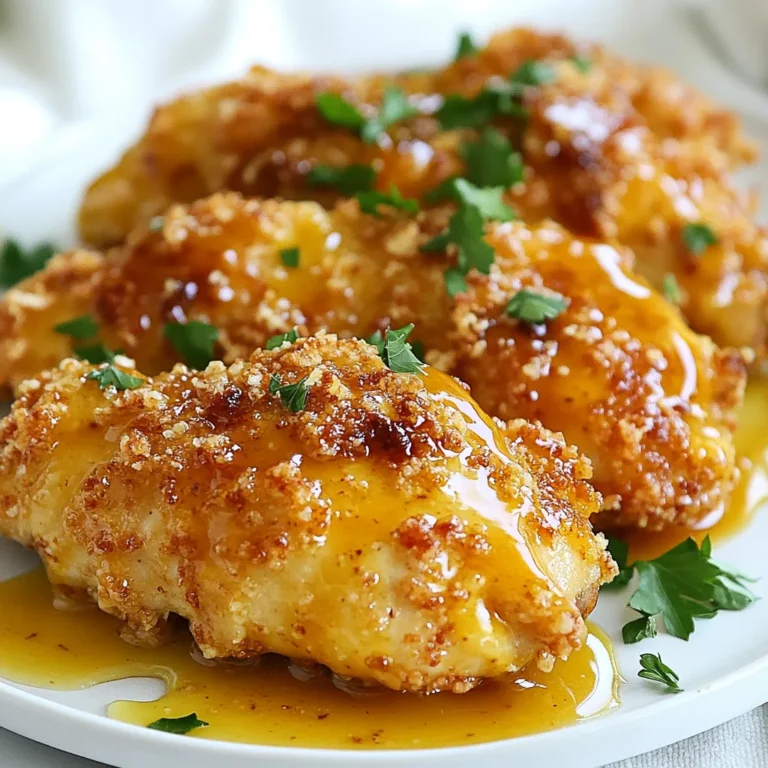 To make honey mustard pretzel chicken, gather these items: - 4 boneless, skinless chicken breasts - 1 cup pretzel crumbs (finely crushed pretzels) - 1/2 cup whole wheat breadcrumbs - 1/2 cup Dijon mustard - 1/4 cup honey - 1 teaspoon garlic powder - 1 teaspoon onion powder - Salt and pepper to taste - 2 tablespoons olive oil - Fresh parsley, chopped (for garnish) You can swap some ingredients if needed. For instance: - Use panko breadcrumbs instead of whole wheat breadcrumbs for a crunchier texture. - Substitute maple syrup for honey if you prefer a vegan option. - If you don't have Dijon mustard, yellow mustard works too, though the flavor will change slightly. - For a gluten-free dish, use gluten-free pretzels and breadcrumbs. Fresh ingredients boost flavor and texture. Here are some tips: - Choose chicken breasts that feel firm and have no discoloration. - Look for pretzels that are crunchy and not stale. Fresh pretzels will blend better. - Use high-quality Dijon mustard for a robust taste. The better the mustard, the better the dish. - Fresh parsley should have vibrant green leaves. Avoid any wilted or yellowing bits. - Always check the expiration dates on honey and spices for the best flavor. {{ingredient_image_1}} First, set your oven to 400°F (200°C). This heat will help make the chicken golden and crispy. Line a baking sheet with parchment paper. This will keep the chicken from sticking. Gather your ingredients: chicken breasts, pretzel crumbs, whole wheat breadcrumbs, Dijon mustard, honey, garlic powder, onion powder, salt, pepper, olive oil, and parsley. Having everything ready makes cooking easier. In a small bowl, mix the Dijon mustard, honey, garlic powder, onion powder, salt, and pepper. Whisk it until smooth. Set aside 1/4 cup of this sauce for later. Place the chicken breasts in a shallow dish or a zip-top bag. Pour the honey mustard mixture over the chicken. Make sure each piece is well coated. Marinate for at least 15 minutes. This step adds great flavor to the chicken. In another bowl, combine the pretzel crumbs and whole wheat breadcrumbs. Mix them well. After marinating, take the chicken from the sauce. Let the extra sauce drip off. Coat each chicken breast in the breadcrumb mixture. Press gently so crumbs stick well. Place the coated chicken on the prepared baking sheet. Drizzle each piece lightly with olive oil. This helps them crisp up in the oven. Bake for 20-25 minutes. Check that the chicken is golden brown and reaches an internal temperature of 165°F (74°C). Once done, let it rest for a few minutes. Before serving, drizzle the reserved honey mustard sauce over the chicken. Garnish with chopped parsley for a fresh touch. To get a crunchy crust, use finely crushed pretzels. They add great flavor. Mix them well with whole wheat breadcrumbs. This mix will stick to the chicken better. Drizzle olive oil on top before baking. It helps to crisp each piece. Bake at 400°F (200°C) for 20-25 minutes. Keep an eye on the chicken. You want it golden brown and cooked through. Marinating the chicken is key for great taste. A quick soak of 15 minutes works well. It allows the flavors to soak in. If you have more time, let it marinate for up to an hour. The longer it sits, the more flavor it gains. Use the leftover honey mustard sauce to drizzle on top before serving. This adds a nice finishing touch. This chicken pairs well with many sides. Try serving it with a fresh salad. Roasted veggies also complement the dish nicely. You can serve it with mashed potatoes for a cozy meal. Don’t forget to sprinkle some parsley on top. It gives a pop of color and freshness. Enjoy this dish warm for the best taste! Pro Tips Choose the Right Chicken: Opt for organic, free-range chicken breasts for a juicier and more flavorful dish. Perfect Pretzel Crumbs: For the best texture, crush pretzels into fine crumbs using a food processor or by placing them in a zip-top bag and rolling with a rolling pin. Marination Time: Allow the chicken to marinate for at least 30 minutes for deeper flavor infusion; marinating overnight in the fridge is even better. Serving Suggestions: Serve with a side of roasted vegetables or a fresh salad to balance the richness of the chicken. {{image_2}} You can easily make this dish gluten-free. Just swap regular pretzels for gluten-free pretzels. Use gluten-free breadcrumbs in place of whole wheat ones. This way, everyone can enjoy the crispy goodness! Want a kick? Add some heat! Mix in a teaspoon of hot sauce or cayenne pepper to the honey mustard sauce. This spicy twist will excite your taste buds. You can also sprinkle some chili powder into the breadcrumb mix for extra flavor. Honey mustard pretzel chicken pairs well with many sides. Try serving it with roasted veggies or a fresh salad. You can also add mashed potatoes or rice for a filling meal. Each side brings its own flavor and texture to the dish, making it even better! To store leftover Honey Mustard Pretzel Chicken, let it cool completely. Then, place it in an airtight container. This helps keep the chicken fresh. You can store it in the fridge for up to three days. Make sure to label the container with the date. This way, you won't forget when you made it. When you are ready to eat leftovers, reheating is easy. Preheat your oven to 350°F (175°C). Place the chicken on a baking sheet. Cover it with foil to keep it moist. Heat for about 15-20 minutes. Check that the internal temperature reaches 165°F (74°C). This ensures it is safe to eat. Freezing is a great option for longer storage. Wrap each piece of chicken tightly in plastic wrap. Then, place them in a freezer-safe bag. Remove as much air as possible to prevent freezer burn. You can freeze the chicken for up to three months. When you want to enjoy it again, thaw it in the fridge overnight before reheating. Yes, you can use chicken thighs. They have more fat and flavor. This will make your dish juicier. Just make sure to adjust the cooking time. Thighs may take a bit longer to cook through. Aim for an internal temperature of 165°F (74°C). To check for doneness, use a meat thermometer. Insert it into the thickest part of the chicken. The safe temperature is 165°F (74°C). If you don't have a thermometer, cut into the chicken. The meat should be white and the juices clear. If it's still pink, it needs more cooking. Absolutely! You can make the honey mustard sauce a day ahead. Store it in the fridge in an airtight container. This will let the flavors meld together. Just remember to reserve some for drizzling later. Before using, stir it well to blend the ingredients. In this blog post, we covered how to make delicious honey mustard pretzel chicken. We detailed the key ingredients, prep steps, and tips for extra flavor and texture. You learned about fun variations and how to store your leftovers. Remember, using fresh ingredients can make a big difference. My final thought? This recipe is simple and rewarding. Enjoy your meal and impress your family with a tasty twist on chicken!