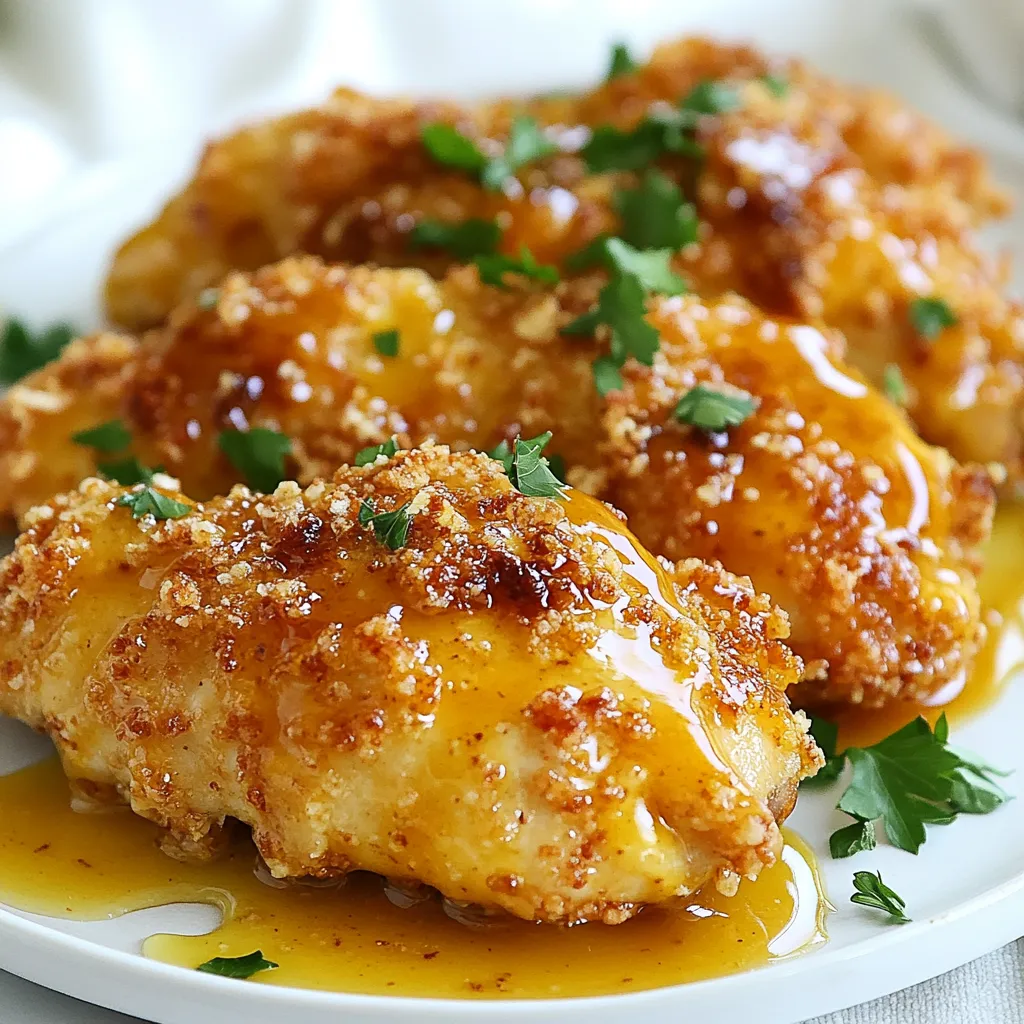 To make honey mustard pretzel chicken, gather these items: - 4 boneless, skinless chicken breasts - 1 cup pretzel crumbs (finely crushed pretzels) - 1/2 cup whole wheat breadcrumbs - 1/2 cup Dijon mustard - 1/4 cup honey - 1 teaspoon garlic powder - 1 teaspoon onion powder - Salt and pepper to taste - 2 tablespoons olive oil - Fresh parsley, chopped (for garnish) You can swap some ingredients if needed. For instance: - Use panko breadcrumbs instead of whole wheat breadcrumbs for a crunchier texture. - Substitute maple syrup for honey if you prefer a vegan option. - If you don't have Dijon mustard, yellow mustard works too, though the flavor will change slightly. - For a gluten-free dish, use gluten-free pretzels and breadcrumbs. Fresh ingredients boost flavor and texture. Here are some tips: - Choose chicken breasts that feel firm and have no discoloration. - Look for pretzels that are crunchy and not stale. Fresh pretzels will blend better. - Use high-quality Dijon mustard for a robust taste. The better the mustard, the better the dish. - Fresh parsley should have vibrant green leaves. Avoid any wilted or yellowing bits. - Always check the expiration dates on honey and spices for the best flavor. {{ingredient_image_1}} First, set your oven to 400°F (200°C). This heat will help make the chicken golden and crispy. Line a baking sheet with parchment paper. This will keep the chicken from sticking. Gather your ingredients: chicken breasts, pretzel crumbs, whole wheat breadcrumbs, Dijon mustard, honey, garlic powder, onion powder, salt, pepper, olive oil, and parsley. Having everything ready makes cooking easier. In a small bowl, mix the Dijon mustard, honey, garlic powder, onion powder, salt, and pepper. Whisk it until smooth. Set aside 1/4 cup of this sauce for later. Place the chicken breasts in a shallow dish or a zip-top bag. Pour the honey mustard mixture over the chicken. Make sure each piece is well coated. Marinate for at least 15 minutes. This step adds great flavor to the chicken. In another bowl, combine the pretzel crumbs and whole wheat breadcrumbs. Mix them well. After marinating, take the chicken from the sauce. Let the extra sauce drip off. Coat each chicken breast in the breadcrumb mixture. Press gently so crumbs stick well. Place the coated chicken on the prepared baking sheet. Drizzle each piece lightly with olive oil. This helps them crisp up in the oven. Bake for 20-25 minutes. Check that the chicken is golden brown and reaches an internal temperature of 165°F (74°C). Once done, let it rest for a few minutes. Before serving, drizzle the reserved honey mustard sauce over the chicken. Garnish with chopped parsley for a fresh touch. To get a crunchy crust, use finely crushed pretzels. They add great flavor. Mix them well with whole wheat breadcrumbs. This mix will stick to the chicken better. Drizzle olive oil on top before baking. It helps to crisp each piece. Bake at 400°F (200°C) for 20-25 minutes. Keep an eye on the chicken. You want it golden brown and cooked through. Marinating the chicken is key for great taste. A quick soak of 15 minutes works well. It allows the flavors to soak in. If you have more time, let it marinate for up to an hour. The longer it sits, the more flavor it gains. Use the leftover honey mustard sauce to drizzle on top before serving. This adds a nice finishing touch. This chicken pairs well with many sides. Try serving it with a fresh salad. Roasted veggies also complement the dish nicely. You can serve it with mashed potatoes for a cozy meal. Don’t forget to sprinkle some parsley on top. It gives a pop of color and freshness. Enjoy this dish warm for the best taste! Pro Tips Choose the Right Chicken: Opt for organic, free-range chicken breasts for a juicier and more flavorful dish. Perfect Pretzel Crumbs: For the best texture, crush pretzels into fine crumbs using a food processor or by placing them in a zip-top bag and rolling with a rolling pin. Marination Time: Allow the chicken to marinate for at least 30 minutes for deeper flavor infusion; marinating overnight in the fridge is even better. Serving Suggestions: Serve with a side of roasted vegetables or a fresh salad to balance the richness of the chicken. {{image_2}} You can easily make this dish gluten-free. Just swap regular pretzels for gluten-free pretzels. Use gluten-free breadcrumbs in place of whole wheat ones. This way, everyone can enjoy the crispy goodness! Want a kick? Add some heat! Mix in a teaspoon of hot sauce or cayenne pepper to the honey mustard sauce. This spicy twist will excite your taste buds. You can also sprinkle some chili powder into the breadcrumb mix for extra flavor. Honey mustard pretzel chicken pairs well with many sides. Try serving it with roasted veggies or a fresh salad. You can also add mashed potatoes or rice for a filling meal. Each side brings its own flavor and texture to the dish, making it even better! To store leftover Honey Mustard Pretzel Chicken, let it cool completely. Then, place it in an airtight container. This helps keep the chicken fresh. You can store it in the fridge for up to three days. Make sure to label the container with the date. This way, you won't forget when you made it. When you are ready to eat leftovers, reheating is easy. Preheat your oven to 350°F (175°C). Place the chicken on a baking sheet. Cover it with foil to keep it moist. Heat for about 15-20 minutes. Check that the internal temperature reaches 165°F (74°C). This ensures it is safe to eat. Freezing is a great option for longer storage. Wrap each piece of chicken tightly in plastic wrap. Then, place them in a freezer-safe bag. Remove as much air as possible to prevent freezer burn. You can freeze the chicken for up to three months. When you want to enjoy it again, thaw it in the fridge overnight before reheating. Yes, you can use chicken thighs. They have more fat and flavor. This will make your dish juicier. Just make sure to adjust the cooking time. Thighs may take a bit longer to cook through. Aim for an internal temperature of 165°F (74°C). To check for doneness, use a meat thermometer. Insert it into the thickest part of the chicken. The safe temperature is 165°F (74°C). If you don't have a thermometer, cut into the chicken. The meat should be white and the juices clear. If it's still pink, it needs more cooking. Absolutely! You can make the honey mustard sauce a day ahead. Store it in the fridge in an airtight container. This will let the flavors meld together. Just remember to reserve some for drizzling later. Before using, stir it well to blend the ingredients. In this blog post, we covered how to make delicious honey mustard pretzel chicken. We detailed the key ingredients, prep steps, and tips for extra flavor and texture. You learned about fun variations and how to store your leftovers. Remember, using fresh ingredients can make a big difference. My final thought? This recipe is simple and rewarding. Enjoy your meal and impress your family with a tasty twist on chicken!