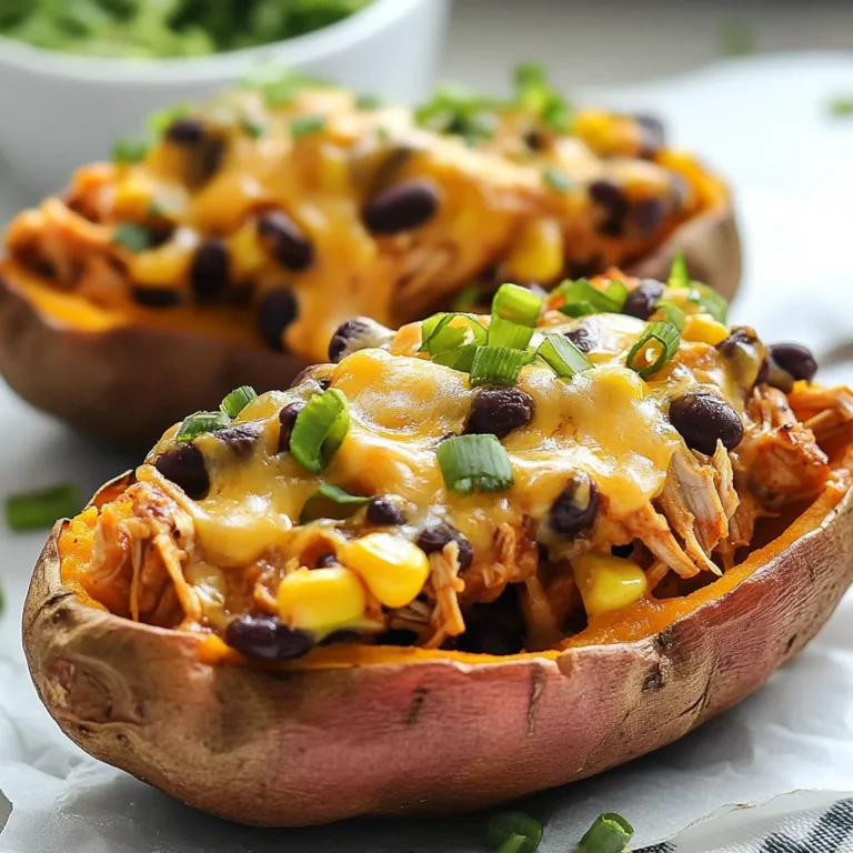 For BBQ Chicken Stuffed Sweet Potatoes, gather these tasty items: - 4 medium sweet potatoes - 2 cups shredded cooked chicken - 1/2 cup barbecue sauce - 1/2 cup corn - 1/2 cup black beans - 1/2 cup shredded cheddar cheese - 1/4 cup chopped green onions - 1 tablespoon olive oil - Salt and pepper to taste - Optional toppings: sour cream, avocado, jalapeños These ingredients work together to create a delicious meal. The sweet potatoes add natural sweetness and fiber. Shredded chicken brings protein, while barbecue sauce adds flavor and tang. Corn and black beans give texture and color. Cheddar cheese melts on top, making everything creamy and rich. When you pick ingredients, choose fresh and high-quality items. This choice makes a big difference in taste. If you have leftover chicken, use it! It saves time and adds flavor. You can also customize your toppings. Add jalapeños for spice, or sour cream for creaminess. Each ingredient plays a role in making this dish tasty and healthy. {{ingredient_image_1}} 1. Preheat your oven to 400°F (200°C). This makes sure the sweet potatoes cook evenly. 2. Wash the sweet potatoes well. Use a fork to poke holes in each potato. This allows steam to escape while baking. 3. Place the potatoes on a baking sheet lined with parchment paper. Bake for 45-60 minutes. They are done when a fork easily pierces them. 1. In a medium bowl, combine 2 cups of shredded cooked chicken, 1/2 cup of barbecue sauce, 1/2 cup of corn, and 1/2 cup of black beans. 2. Add 1/4 cup of chopped green onions to the mix. 3. Stir everything well. Make sure all the ingredients are coated in the sauce. Add salt and pepper to taste for extra flavor. 1. Once the sweet potatoes cool a bit, slice each in half lengthwise. 2. Carefully scoop out some flesh, leaving about 1/4 inch intact. This creates space for your filling. 3. Fill each potato half with the BBQ chicken mixture. Press down gently to pack it in. 4. Sprinkle 1/2 cup of shredded cheddar cheese on top of each filled potato. 5. Return the stuffed potatoes to the oven. Bake for another 10-15 minutes, until the cheese melts and bubbles. Enjoy making this tasty dish! Choosing the right sweet potatoes Select medium-sized sweet potatoes. They should feel firm and smooth. Look for ones with even skin and no bruises. The sweeter the potato, the better the dish will taste. If you find organic ones, grab them for added flavor. Tips for shredding chicken Use leftover chicken or rotisserie chicken for ease. Let the chicken cool before shredding. Two forks work great for this task. Simply pull the chicken apart into bite-sized pieces. Shredded chicken mixes well with the BBQ sauce. Store-bought brands vs homemade Store-bought BBQ sauces save time. They come in various flavors, like smoky or spicy. Homemade sauce allows you to control the taste. Try mixing ketchup, brown sugar, and vinegar for a quick homemade version. Flavor profiles to consider Think about the sweetness or heat you want. A sweet sauce complements the sweet potato. If you like heat, go for a spicy BBQ sauce. Mix and match to find your favorite combination. Pairing with side dishes Serve your stuffed sweet potatoes with a fresh salad. Coleslaw or corn on the cob also works well. These sides add crunch and balance to the meal. Presentation tips for serving Place each stuffed potato on a colorful plate. Garnish with chopped green onions and a dollop of sour cream. A slice of avocado can add creaminess and color. Make your dish look as good as it tastes! Pro Tips Choose the Right Sweet Potatoes: Look for firm, unblemished sweet potatoes for the best flavor and texture. Customize Your Filling: Feel free to add other ingredients like diced bell peppers or jalapeños for extra flavor and spice. Make Ahead: Prep the sweet potatoes and filling in advance, then assemble and bake when ready to serve. Garnish for Extra Flavor: Don’t skip the optional toppings like avocado or sour cream to enhance the dish’s creaminess and taste. {{image_2}} You can make BBQ chicken stuffed sweet potatoes vegetarian. Replace the chicken with cooked quinoa or lentils. These choices add protein and flavor. You can also mix in some diced mushrooms or bell peppers. They add great texture and taste. If you love heat, add jalapeños to your filling. Chop them up and mix them with the BBQ chicken. You can also use a spicy barbecue sauce. This gives your dish a nice kick. Don't be shy to experiment with different spice levels. For gluten-free options, ensure your barbecue sauce is gluten-free. Most sauces are, but it’s good to check. You can also use gluten-free toppings like avocado or sour cream. If you need dairy-free choices, try using dairy-free cheese. It melts well and keeps the dish tasty. To keep your BBQ chicken stuffed sweet potatoes fresh, store them in the fridge. Use airtight containers to prevent moisture loss. Glass or plastic containers work well. If you have extra toppings, store them separately. This keeps things crisp and tasty. You can reheat your stuffed sweet potatoes in two ways: the microwave or the oven. - Microwave: Place the potato on a microwave-safe plate. Heat for 1-2 minutes. Check if it’s warm. If not, heat for another minute. - Oven: Preheat your oven to 350°F (175°C). Wrap the sweet potato in foil. Bake for about 10-15 minutes. This method keeps the texture nice. To maintain the best texture, avoid microwaving for too long. It can make the potatoes soggy. Freezing stuffed sweet potatoes is easy. Let them cool completely. Wrap each potato in plastic wrap, then place them in a freezer bag. Remove as much air as possible. - Thawing and Reheating Tips: When ready to eat, take the potato out of the freezer. Thaw it in the fridge overnight. For reheating, use the oven method mentioned above. This helps keep them tasty and warm. Bake sweet potatoes for 45-60 minutes at 400°F (200°C). Check them after 45 minutes. To test, poke a fork into the thickest part. If it's soft, they are done. Yes, you can use different beans. Great options include pinto beans, kidney beans, or chickpeas. Just rinse and drain them before adding to your mixture. Each type brings its own flavor and texture. Look for melted cheese and a golden top. The sweet potatoes should be tender. You can poke them with a fork to check. If they feel soft and the cheese is bubbly, they’re ready to enjoy! This recipe for BBQ chicken stuffed sweet potatoes is fun and easy. You learned how to prep sweet potatoes and mix tasty fillings. I shared tips for making it your own, whether through spicy sauces or vegetarian swaps. Proper storage and reheating tips help you enjoy leftovers later. Try this dish with your favorite sides for a complete meal. I hope you feel inspired to create your own tasty version at home. Enjoy the deliciousness!