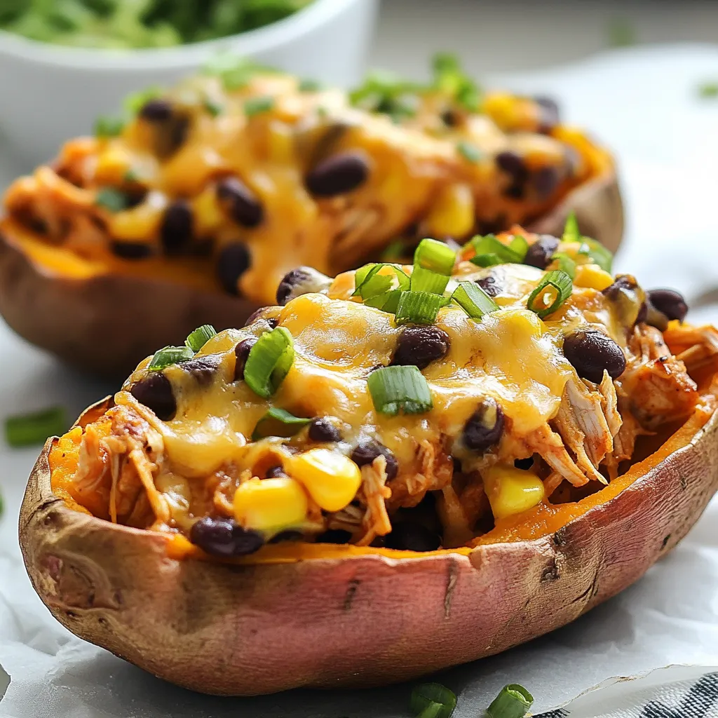 For BBQ Chicken Stuffed Sweet Potatoes, gather these tasty items: - 4 medium sweet potatoes - 2 cups shredded cooked chicken - 1/2 cup barbecue sauce - 1/2 cup corn - 1/2 cup black beans - 1/2 cup shredded cheddar cheese - 1/4 cup chopped green onions - 1 tablespoon olive oil - Salt and pepper to taste - Optional toppings: sour cream, avocado, jalapeños These ingredients work together to create a delicious meal. The sweet potatoes add natural sweetness and fiber. Shredded chicken brings protein, while barbecue sauce adds flavor and tang. Corn and black beans give texture and color. Cheddar cheese melts on top, making everything creamy and rich. When you pick ingredients, choose fresh and high-quality items. This choice makes a big difference in taste. If you have leftover chicken, use it! It saves time and adds flavor. You can also customize your toppings. Add jalapeños for spice, or sour cream for creaminess. Each ingredient plays a role in making this dish tasty and healthy. {{ingredient_image_1}} 1. Preheat your oven to 400°F (200°C). This makes sure the sweet potatoes cook evenly. 2. Wash the sweet potatoes well. Use a fork to poke holes in each potato. This allows steam to escape while baking. 3. Place the potatoes on a baking sheet lined with parchment paper. Bake for 45-60 minutes. They are done when a fork easily pierces them. 1. In a medium bowl, combine 2 cups of shredded cooked chicken, 1/2 cup of barbecue sauce, 1/2 cup of corn, and 1/2 cup of black beans. 2. Add 1/4 cup of chopped green onions to the mix. 3. Stir everything well. Make sure all the ingredients are coated in the sauce. Add salt and pepper to taste for extra flavor. 1. Once the sweet potatoes cool a bit, slice each in half lengthwise. 2. Carefully scoop out some flesh, leaving about 1/4 inch intact. This creates space for your filling. 3. Fill each potato half with the BBQ chicken mixture. Press down gently to pack it in. 4. Sprinkle 1/2 cup of shredded cheddar cheese on top of each filled potato. 5. Return the stuffed potatoes to the oven. Bake for another 10-15 minutes, until the cheese melts and bubbles. Enjoy making this tasty dish! Choosing the right sweet potatoes Select medium-sized sweet potatoes. They should feel firm and smooth. Look for ones with even skin and no bruises. The sweeter the potato, the better the dish will taste. If you find organic ones, grab them for added flavor. Tips for shredding chicken Use leftover chicken or rotisserie chicken for ease. Let the chicken cool before shredding. Two forks work great for this task. Simply pull the chicken apart into bite-sized pieces. Shredded chicken mixes well with the BBQ sauce. Store-bought brands vs homemade Store-bought BBQ sauces save time. They come in various flavors, like smoky or spicy. Homemade sauce allows you to control the taste. Try mixing ketchup, brown sugar, and vinegar for a quick homemade version. Flavor profiles to consider Think about the sweetness or heat you want. A sweet sauce complements the sweet potato. If you like heat, go for a spicy BBQ sauce. Mix and match to find your favorite combination. Pairing with side dishes Serve your stuffed sweet potatoes with a fresh salad. Coleslaw or corn on the cob also works well. These sides add crunch and balance to the meal. Presentation tips for serving Place each stuffed potato on a colorful plate. Garnish with chopped green onions and a dollop of sour cream. A slice of avocado can add creaminess and color. Make your dish look as good as it tastes! Pro Tips Choose the Right Sweet Potatoes: Look for firm, unblemished sweet potatoes for the best flavor and texture. Customize Your Filling: Feel free to add other ingredients like diced bell peppers or jalapeños for extra flavor and spice. Make Ahead: Prep the sweet potatoes and filling in advance, then assemble and bake when ready to serve. Garnish for Extra Flavor: Don’t skip the optional toppings like avocado or sour cream to enhance the dish’s creaminess and taste. {{image_2}} You can make BBQ chicken stuffed sweet potatoes vegetarian. Replace the chicken with cooked quinoa or lentils. These choices add protein and flavor. You can also mix in some diced mushrooms or bell peppers. They add great texture and taste. If you love heat, add jalapeños to your filling. Chop them up and mix them with the BBQ chicken. You can also use a spicy barbecue sauce. This gives your dish a nice kick. Don't be shy to experiment with different spice levels. For gluten-free options, ensure your barbecue sauce is gluten-free. Most sauces are, but it’s good to check. You can also use gluten-free toppings like avocado or sour cream. If you need dairy-free choices, try using dairy-free cheese. It melts well and keeps the dish tasty. To keep your BBQ chicken stuffed sweet potatoes fresh, store them in the fridge. Use airtight containers to prevent moisture loss. Glass or plastic containers work well. If you have extra toppings, store them separately. This keeps things crisp and tasty. You can reheat your stuffed sweet potatoes in two ways: the microwave or the oven. - Microwave: Place the potato on a microwave-safe plate. Heat for 1-2 minutes. Check if it’s warm. If not, heat for another minute. - Oven: Preheat your oven to 350°F (175°C). Wrap the sweet potato in foil. Bake for about 10-15 minutes. This method keeps the texture nice. To maintain the best texture, avoid microwaving for too long. It can make the potatoes soggy. Freezing stuffed sweet potatoes is easy. Let them cool completely. Wrap each potato in plastic wrap, then place them in a freezer bag. Remove as much air as possible. - Thawing and Reheating Tips: When ready to eat, take the potato out of the freezer. Thaw it in the fridge overnight. For reheating, use the oven method mentioned above. This helps keep them tasty and warm. Bake sweet potatoes for 45-60 minutes at 400°F (200°C). Check them after 45 minutes. To test, poke a fork into the thickest part. If it's soft, they are done. Yes, you can use different beans. Great options include pinto beans, kidney beans, or chickpeas. Just rinse and drain them before adding to your mixture. Each type brings its own flavor and texture. Look for melted cheese and a golden top. The sweet potatoes should be tender. You can poke them with a fork to check. If they feel soft and the cheese is bubbly, they’re ready to enjoy! This recipe for BBQ chicken stuffed sweet potatoes is fun and easy. You learned how to prep sweet potatoes and mix tasty fillings. I shared tips for making it your own, whether through spicy sauces or vegetarian swaps. Proper storage and reheating tips help you enjoy leftovers later. Try this dish with your favorite sides for a complete meal. I hope you feel inspired to create your own tasty version at home. Enjoy the deliciousness!