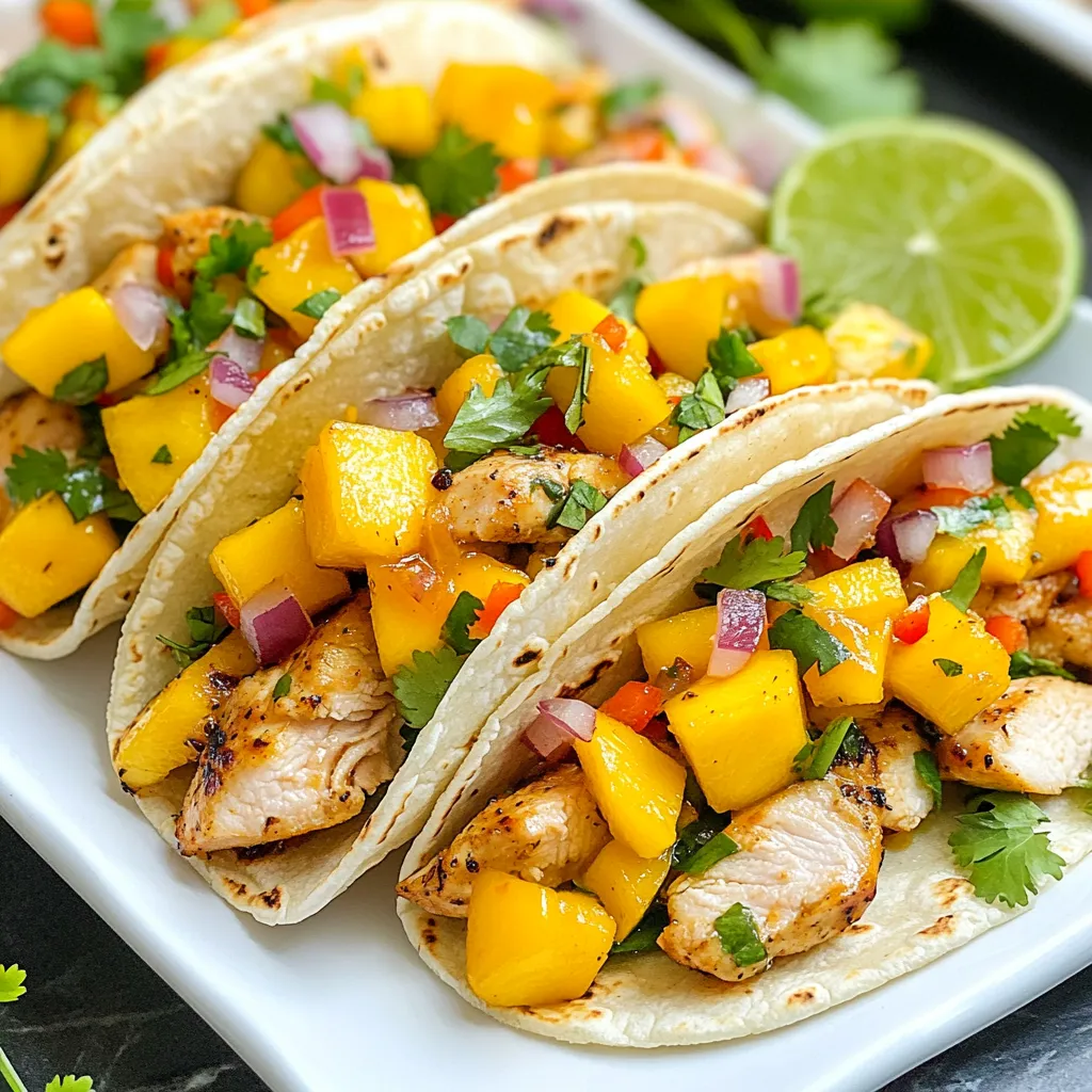 - 2 boneless, skinless chicken breasts - 1 ripe mango, diced - 1 red bell pepper, thinly sliced - 1 small red onion, thinly sliced - 2 tablespoons olive oil - 2 teaspoons ground cumin - 1 teaspoon chili powder - 1 teaspoon garlic powder - Salt and pepper to taste - 8 small corn tortillas To make mango chicken tacos, start with the main ingredients. The chicken is the star of the dish, bringing protein and heartiness. I prefer boneless, skinless breasts because they cook evenly and are easy to slice. The mango adds a sweet touch that pairs well with chicken. Next, the vegetables bring color and crunch. I like using red bell peppers for their sweetness and red onion for sharpness. These veggies add flavor and nutrition. I season the chicken with olive oil, ground cumin, chili powder, garlic powder, salt, and pepper. This blend creates a warm and savory taste. Finally, small corn tortillas make the perfect vessel for our delicious filling. They hold everything together and add a lovely corn flavor. - Fresh cilantro - Lime wedges - Hot sauce For topping your tacos, I recommend fresh cilantro. It adds a burst of freshness. Lime wedges are also great for squeezing over the tacos. They bring brightness to each bite. If you like heat, add some hot sauce to kick things up a notch. These simple toppings make each taco even better! {{ingredient_image_1}} To start, combine these ingredients for the marinade: - 2 tablespoons olive oil - 2 teaspoons ground cumin - 1 teaspoon chili powder - 1 teaspoon garlic powder - Salt and pepper to taste. Mix well in a bowl. Next, take the two boneless, skinless chicken breasts. Coat them evenly with the marinade. Make sure every part is covered. Let the chicken sit for at least 15 minutes. This helps the flavors soak in. Now, heat a grill pan or skillet over medium-high heat. Place the marinated chicken in the pan. Cook for about 6-7 minutes on each side. You want the chicken to be fully cooked. It should look golden, and the juices should run clear. After cooking, remove the chicken from heat. Let it rest for 5 minutes. This step keeps it juicy. Slice the chicken into thin strips. In the same skillet, add the sliced red bell pepper and onion. Sauté them for about 3-4 minutes. You want them tender but still crisp. Season the vegetables with salt and pepper to taste. This adds a nice kick. Now it’s time to prepare the corn tortillas. Warm them in a dry skillet for about 30 seconds on each side. This makes them pliable and easy to fold. Soft tortillas make the best tacos. To assemble, take a warm tortilla. Layer it with the sautéed bell peppers and onions. Next, add the sliced chicken. Top it off with diced mango for sweetness. For a fresh touch, sprinkle cilantro over the top. Serve your tacos with lime wedges on the side for squeezing. Enjoy every bite! To keep chicken juicy, marinate it well. The olive oil helps lock in moisture. Use ground cumin, chili powder, and garlic powder for flavor. Let the chicken sit in the marinade for at least 15 minutes. Cooking the chicken at medium-high heat is key. Grill or pan-cook for 6-7 minutes on each side. Check that the juices run clear before removing it from heat. Rest the chicken for 5 minutes before slicing. This keeps it tender. For side dishes, consider fresh corn salad or black bean salsa. These pair nicely with the tacos. You can also serve tortilla chips and guacamole for a crunchy touch. As for drinks, try a light beer or a fruity margarita. These options balance the flavors of the tacos well. For creative plating, stack the tacos on a colorful platter. This makes them look more inviting. You can also arrange lime wedges around the plate. Sprinkle fresh cilantro on top for a pop of color. A drizzle of hot sauce adds flair and excitement. Pro Tips Marinate for Flavor: Let the chicken marinate for at least 30 minutes to allow the flavors to penetrate deeply, enhancing the overall taste of the tacos. Use Fresh Ingredients: Opt for a fresh ripe mango and seasonal vegetables to bring vibrant flavors and textures to your tacos. Warm Tortillas Properly: Warming the tortillas in a dry skillet adds a subtle char and makes them more pliable, preventing them from tearing when filled. Experiment with Toppings: Feel free to add additional toppings like avocado, jalapeños, or a drizzle of sour cream to elevate your taco experience. {{image_2}} You can switch up the proteins in these tacos. Shrimp or tofu work great. They add a new twist to the dish. For fruit, try pineapple or peach instead of mango. Each choice brings a fresh taste. Want some heat? Add diced jalapeños or serrano peppers. They give your tacos a spicy kick. You can also use spicy marinades. Just mix in some cayenne or hot sauce into your marinade. This adds depth and flavor. For a plant-based version, use chickpeas or beans. They provide protein and texture. Swap chicken with grilled mushrooms for a hearty bite. You can also use avocado or more fruit for creaminess. These changes keep the dish vibrant and tasty. To keep your mango chicken tacos fresh, store them in an airtight container. This prevents moisture loss and keeps flavors intact. Make sure to refrigerate within two hours of cooking. Leftovers are best consumed within three days for optimal taste. When reheating, I recommend using the oven or a skillet. Preheat the oven to 350°F (175°C). Place the tacos on a baking sheet and heat for about 10 minutes. If using a skillet, warm them on medium heat for about 5 minutes, flipping halfway. This method keeps the tortillas crisp. If you want to save your assembled tacos for later, you can freeze them. Wrap each taco tightly in plastic wrap, then place them in a freezer bag. This helps prevent freezer burn. Be sure to squeeze out as much air as possible. You can freeze the tacos for up to three months. When ready to eat, let them thaw in the fridge overnight. Then, reheat as described above. Enjoy the fresh taste of mango chicken tacos even after freezing! Mango chicken tacos are a fun twist on classic tacos. They combine juicy chicken, sweet mango, and colorful veggies. The chicken marinates in spices like cumin and chili powder. This adds rich flavor. You grill the chicken, slice it, and mix it with fresh mango, bell pepper, and onion. All of this goes into warm corn tortillas. The result is a tasty meal that bursts with flavor and freshness. Yes, you can make mango chicken tacos ahead of time! Here are some tips: - Marinate the chicken: You can marinate the chicken a few hours early. This lets the flavors soak in. - Cook the chicken: Grill or pan-cook the chicken and let it cool. Store it in the fridge. - Prepare veggies: Slice the bell peppers and onion early. Keep them in an airtight container. - Warm tortillas: You can warm the tortillas just before serving. This keeps them soft and pliable. This way, you can enjoy quick and easy tacos when you're ready to eat! Several side dishes pair great with mango chicken tacos. Try these: - Mexican rice: It adds a nice flavor and makes the meal heartier. - Black beans: They provide protein and fiber, making the meal balanced. - Corn salad: A fresh corn salad brightens up the plate. - Guacamole: This adds a creamy texture and extra flavor. For drinks, consider serving limeade or a light beer. These complement the tacos well! We covered how to make tasty mango chicken tacos. You learned about the key ingredients and step-by-step cooking methods. I shared helpful tips for juicy chicken and great sides. You can also try fun variations and know how to store your leftovers. Tacos are simple and fun to make at home. Try these ideas, and enjoy delicious meals with friends and family. Enjoy your cooking and experimenting in the kitchen!