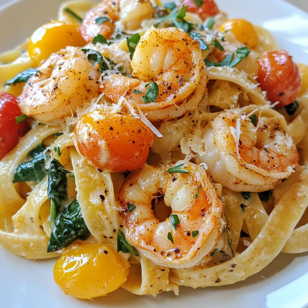 For this Creamy Cajun Shrimp Pasta, you will need: - 12 oz fettuccine pasta - 1 lb large shrimp, peeled and deveined - 2 tablespoons Cajun seasoning - 2 tablespoons olive oil - 3 cloves garlic, minced - 1 cup heavy cream - 1 cup chicken broth - 1 cup cherry tomatoes, halved - 1 cup fresh spinach - 1/2 cup grated Parmesan cheese - Salt and pepper to taste - Fresh parsley, chopped (for garnish) You can swap some ingredients if needed. If you can’t find fettuccine, try penne or spaghetti. For shrimp, chicken or tofu works well. If you want a lighter dish, use half-and-half instead of heavy cream. You can also use vegetable broth for a vegetarian option. If you don’t have cherry tomatoes, regular diced tomatoes will do. Cajun seasoning gives this dish a nice kick. If you like it milder, use less seasoning. You can start with just one tablespoon and taste as you go. To add more heat, toss in a pinch of cayenne pepper or red pepper flakes. This way, you can make it just the way you like it! {{ingredient_image_1}} First, get a big pot and fill it with water. Add salt to the water. Bring it to a boil. Once boiling, add 12 oz of fettuccine pasta. Cook it according to the package instructions. You want it to be al dente, which means it should still have a bit of bite. This usually takes about 8-10 minutes. When it's done, drain the pasta. Make sure to save 1/2 cup of the pasta water for later. In a bowl, take 1 lb of large shrimp, peeled and deveined. Sprinkle 2 tablespoons of Cajun seasoning over the shrimp. Mix it well until all the shrimp are coated. Now, heat a large skillet over medium heat and add 2 tablespoons of olive oil. When the oil is hot, add the shrimp to the skillet. Cook them for 2-3 minutes on each side. They should turn pink and opaque when they are done. Once cooked, take the shrimp out of the skillet and set them aside. In the same skillet, add 3 cloves of minced garlic. Sauté the garlic for about 1 minute until it smells great. Next, pour in 1 cup of chicken broth and let it simmer. After a few minutes, slowly stir in 1 cup of heavy cream and add 1 cup of halved cherry tomatoes. Let the sauce simmer for about 5 minutes. This helps it get a bit thicker. After that, toss in 1 cup of fresh spinach. Cook for another 2-3 minutes until the spinach wilts. Now, add the fettuccine and the shrimp back to the skillet. Mix everything gently. If the sauce seems too thick, add some of the reserved pasta water a little at a time. Finally, take the skillet off the heat and stir in 1/2 cup of grated Parmesan cheese. Add salt and pepper to taste. Your creamy Cajun shrimp pasta is now ready to serve! To make your pasta creamy, use heavy cream. It gives a rich texture that blends well. When you add the cream, stir slowly. This helps it mix evenly with the sauce. If the sauce is too thick, add a little of the reserved pasta water. This will help achieve the right consistency. Cajun seasoning is the star here. Use a good quality blend to get bold flavors. Feel free to add more if you like it spicy. Fresh herbs also boost the taste. Consider adding chopped parsley or green onions for an extra kick. They brighten the dish and add freshness. For juicy shrimp, do not overcook them. Cook until they turn pink and opaque. This usually takes just 2-3 minutes per side. Always use fresh shrimp if you can. Fresh shrimp taste better and have a firmer texture. If you use frozen shrimp, thaw them well before cooking. Pat them dry to remove excess moisture. This helps them sear nicely in the pan. Pro Tips Fresh Shrimp: Always use fresh or properly thawed shrimp for the best texture and flavor. Adjusting Spice: If you prefer a milder dish, reduce the Cajun seasoning or add it gradually to taste. Pasta Water Magic: Reserve pasta water is a great way to adjust the sauce consistency while adding flavor. Garnishing: For an extra pop of color and flavor, consider adding lemon zest or a squeeze of lemon juice before serving. {{image_2}} You can swap shrimp for other proteins easily. Chicken works well. Cut it into small pieces and cook it like shrimp. You can also use scallops or even crab. Each choice adds a unique taste to your dish. For tofu lovers, firm tofu can be cubed and sautéed. It absorbs flavors well, making your dish rich. Making a vegetarian version is simple. Skip the shrimp and add more vegetables. Bell peppers, zucchini, and mushrooms are great choices. You can also use plant-based shrimp. It gives you the same texture and taste without seafood. To keep it creamy, use vegan cream or cashew cream. This way, you enjoy the same flavors while staying meat-free. You can change the flavor profile easily. If you like heat, add more Cajun seasoning or some hot sauce. For a smoky taste, try adding smoked paprika. You can also experiment with herbs like thyme or oregano for a fresh twist. Adding lemon juice brightens the dish and gives it a zesty kick. Mix and match these options to find your favorite flavor! To store your creamy Cajun shrimp pasta, let it cool down first. Then, place it in an airtight container. You can keep it in the fridge for up to three days. Make sure to label the container with the date. This way, you’ll know when to eat it. When you're ready to eat your leftovers, you can reheat them easily. The best way is to use a skillet. Heat a little olive oil over low heat. Add the pasta and stir gently. If it's too thick, add a splash of chicken broth or water. You can also use a microwave. Place the pasta in a microwave-safe bowl. Heat for about one to two minutes, stirring halfway through. If you want to freeze your creamy Cajun shrimp pasta, it’s best to do this before adding the cheese. Let the pasta cool completely. Then, transfer it to a freezer-safe container. You can freeze it for up to two months. When you're ready to eat, thaw it in the fridge overnight. Reheat as mentioned above, and then stir in the cheese before serving. To make Creamy Cajun Shrimp Pasta, follow these steps: 1. Cook the Pasta: Boil salted water in a large pot. Cook 12 oz of fettuccine until al dente. Drain and save 1/2 cup of the pasta water. 2. Season the Shrimp: In a bowl, mix 1 lb of peeled shrimp with 2 tablespoons of Cajun seasoning. 3. Sauté Shrimp: Heat 2 tablespoons of olive oil in a skillet. Add the shrimp and cook for 2-3 minutes per side until pink. Remove them from the skillet. 4. Make the Sauce: Sauté 3 cloves of minced garlic in the same skillet for 1 minute. Add 1 cup of chicken broth and let it simmer. 5. Add Cream and Veggies: Stir in 1 cup of heavy cream and 1 cup of halved cherry tomatoes. Let it simmer for about 5 minutes. Add 1 cup of fresh spinach and cook until wilted. 6. Combine Everything: Add the cooked fettuccine and shrimp back to the skillet. Toss gently. If the sauce is thick, add reserved pasta water until you get the right consistency. 7. Finish and Serve: Stir in 1/2 cup of grated Parmesan cheese. Season with salt and pepper. Plate the pasta and garnish with chopped parsley. Yes, you can use any pasta you like. Penne, linguine, or even spaghetti work well. You can choose whole wheat or gluten-free pasta for a healthier option. Just follow the cooking time on the package to ensure it's cooked just right. If you need a substitute for heavy cream, you have options. You can use half-and-half or whole milk mixed with a bit of flour for thickness. Coconut milk is a good dairy-free option. Silken tofu blended with a little water can also work for a creamy texture. In this post, I covered how to make Creamy Cajun Shrimp Pasta. We talked about the ingredients, step-by-step cooking, and tips for a tasty dish. You learned about substitutions and how to adjust spice levels. I shared variations for added flavors and proteins. Finally, I provided storage tips for leftovers. Enjoying this dish is simple with the right steps and adjustments. Dive in, try it out, and have fun in the kitchen!