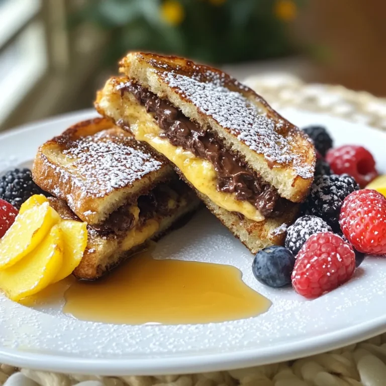 Here’s what you need to make Chocolate Hazelnut Stuffed French Toast: - 8 slices of thick brioche bread - 1/2 cup chocolate hazelnut spread - 2 large eggs - 1/2 cup whole milk - 1 teaspoon vanilla extract - 1 teaspoon ground cinnamon - 2 tablespoons butter (for cooking) - Powdered sugar (for dusting) - Optional: Fresh berries for serving - Optional: Maple syrup for drizzling Each ingredient plays a key role in this recipe. The brioche bread gives a rich, buttery base. The chocolate hazelnut spread adds sweetness and creaminess. Eggs and milk create a custard-like mixture. Vanilla and cinnamon bring warmth and depth. Butter ensures a golden, crispy crust. Finally, powdered sugar and optional toppings make it a treat. Get your ingredients ready, and let’s dive into the delicious world of chocolate hazelnut stuffed French toast! {{ingredient_image_1}} To start, lay out 4 slices of thick brioche bread. Grab your chocolate hazelnut spread and a butter knife. Spread about 2 tablespoons of the chocolate hazelnut spread on each slice. Make sure to cover the whole slice evenly. Once done, stack the remaining 4 slices on top of the spread-covered slices to make sandwiches. Press gently to help them stick together. Next, take a medium bowl and crack in 2 large eggs. Add 1/2 cup of whole milk, 1 teaspoon of vanilla extract, and 1 teaspoon of ground cinnamon. Use a whisk to mix these ingredients well. You want the mixture to look smooth and creamy. This will give your French toast a rich flavor. Now, it’s time to heat your skillet. Place a non-stick skillet or griddle on medium heat. Add 1 tablespoon of butter and let it melt. Once the butter is melted, it's time to dunk the sandwiches. Dip each sandwich into the egg mixture, making sure both sides are coated but not too soggy. Carefully place 2-3 stuffed sandwiches in the hot skillet. Cook each side for about 3-4 minutes. Look for a golden brown color and a crispy texture. If you need to, adjust the heat to get that perfect cook. Once done, keep the cooked sandwiches warm in a low oven while you finish the rest. Enjoy the sweet aroma filling your kitchen! To avoid soggy French toast, use thick slices of brioche. This bread holds up well. Dip each sandwich quickly in the egg mixture. Make sure both sides are coated, but don’t soak them. Cook them on medium heat for best results. This keeps the bread from getting too wet. To keep cooked French toast warm, use an oven. Set it to a low 200°F (93°C). Place the cooked slices on a baking sheet. Cover them loosely with foil. This keeps them warm without drying them out. You can add more spice to the egg mixture. Try a pinch of nutmeg or a bit of cardamom. These spices add warmth and depth to the flavor. You can also mix in some orange zest for a bright touch. For toppings, think beyond powdered sugar and berries. Chopped nuts add crunch. A drizzle of chocolate sauce makes it even more indulgent. Try whipped cream for a rich finish. You can even use yogurt for a fresh twist. Use a non-stick skillet or griddle for cooking. These surfaces help the French toast cook evenly. They also make flipping easier without sticking. A good spatula is key for flipping the sandwiches. Silicone spatulas work great since they are gentle on non-stick surfaces. This helps keep your French toast intact while cooking. Pro Tips Choose the Right Bread: Thick brioche or challah works best for this recipe, as it absorbs the egg mixture without falling apart. Don’t Over-soak: Dip the sandwiches quickly in the egg mixture to prevent them from becoming soggy; a light coating is sufficient. Maintain Heat: Keep your skillet at medium heat to ensure the French toast cooks evenly and develops a nice golden crust. Customize Your Fillings: Feel free to add slices of banana or strawberries along with the chocolate hazelnut spread for extra flavor and texture. {{image_2}} You can switch up the spread in your stuffed French toast. Try peanut butter or almond butter for a nutty twist. You can also mix in different flavors. A little banana or a few marshmallows can add fun. If you love crunch, add chopped nuts inside the toast. Walnuts or pecans work well, too. This way, every bite is a surprise! If you need a gluten-free version, use gluten-free bread. Many brands offer tasty options that work great in this recipe. For dairy-free needs, swap whole milk with almond or oat milk. You can also use a dairy-free chocolate hazelnut spread. This keeps the flavor rich while meeting your needs. Serve your French toast with crispy bacon or sausage for a hearty meal. They pair well and balance the sweet flavors. You can also get creative with how you plate it. Try stacking the French toast high and dusting with powdered sugar. Add fresh berries on top for color. Drizzle warm maple syrup for an added touch of sweetness. This makes the dish look as good as it tastes! To keep your chocolate hazelnut stuffed French toast fresh, follow these steps: - Refrigerate: Place any leftovers in an airtight container. - Freeze: If you want to keep them longer, wrap each piece in plastic wrap, then place in a freezer bag. For reheating, you can use a toaster oven or an air fryer. This method keeps the toast crispy. You can also heat them in a skillet over low heat. Just add a little butter to the pan for flavor. In the fridge, your leftovers can last about 3 to 4 days. If frozen, they can last up to 2 months. To enjoy them at their best, try to eat them within this time frame. You can prepare parts of this dish ahead of time. Here are a few ideas: - Make the Egg Mixture: Whisk the eggs, milk, vanilla, and cinnamon a day ahead. Store it in the fridge. - Assemble the Sandwiches: You can also make the sandwiches the night before. Just cover them well and keep them in the fridge. - Cook in Batches: If you are having guests, cook several sandwiches at once. This saves time and keeps everyone happy! Yes, you can make this dish ahead of time. Start by preparing the sandwiches and dunking them in the egg mixture. After cooking, let the French toast cool. Place the cooled pieces in an airtight container. Store them in the fridge for up to 2 days. When ready to eat, reheat them in a skillet over low heat. You can also use a toaster oven for a crispy finish. If you don't have brioche, you can use other breads. Thick slices of challah work well. You can also try Texas toast or even sourdough. The key is to use bread that can hold the filling and soak up the egg mix without falling apart. Look for a golden brown color on both sides. The edges should be slightly crispy. You can also check the inside. It should be warm and soft but not soggy. If you want to be sure, use a food thermometer. The inside should reach at least 160°F (71°C). This recipe for Chocolate Hazelnut Stuffed French Toast is both fun and tasty. With thick brioche, a rich filling, and helpful tips, you can impress anyone. Cook it to a golden brown and add your favorite toppings to elevate it. Don't forget about the variations and storage tips to make it your own. Whether for breakfast or brunch, you can enjoy this delightful treat any time. Happy cooking!