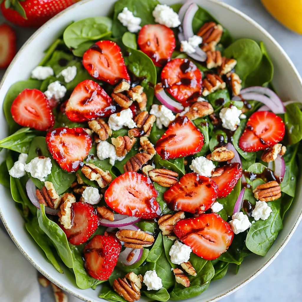 To make this Strawberry Spinach Salad with Goat Cheese, you will need: - 4 cups fresh baby spinach - 2 cups strawberries, hulled and sliced - 1/2 cup goat cheese, crumbled - 1/4 cup pecans, toasted and roughly chopped - 1/4 red onion, thinly sliced - 1/4 cup balsamic vinegar - 2 tablespoons olive oil - 1 teaspoon honey - Salt and pepper to taste This salad is not just tasty; it is also good for you. Each serving has: - Calories: About 220 - Protein: 6 grams - Carbohydrates: 15 grams - Fiber: 3 grams - Fat: 17 grams The spinach gives you vitamins A and C. The strawberries add fiber and antioxidants. The goat cheese offers protein and calcium. Pecans give healthy fats and a nice crunch. You can make this salad even if you lack some ingredients. Here are some ideas: - Spinach: Use mixed greens or arugula for a different taste. - Strawberries: Swap with blueberries or raspberries for variety. - Goat Cheese: Try feta cheese for a saltier flavor. - Pecans: Use walnuts or almonds for a different crunch. - Balsamic Vinegar: Red wine vinegar works well in a pinch. - Olive Oil: Any light oil, like canola, can substitute. - Honey: Maple syrup or agave syrup can sweeten your dressing. These swaps keep the salad fresh and exciting! {{ingredient_image_1}} To make this strawberry spinach salad with goat cheese, start with the dressing. In a small bowl, whisk together the balsamic vinegar, olive oil, honey, salt, and pepper. This step is key for great flavor. Set the dressing aside while you prep the salad. Next, grab a large salad bowl. Add 4 cups of fresh baby spinach to the bowl. Then, slice your 2 cups of strawberries and add them in. The strawberries bring a sweet taste that pairs well with the spinach. Thinly slice 1/4 of a red onion and mix it in. After that, drizzle the dressing over the salad. Gently toss everything to coat. It’s important to mix it well so every bite is tasty. When making this salad, use fresh ingredients for the best taste. Rinse the spinach and strawberries well to remove any dirt. Dry the spinach gently with a towel to avoid a soggy salad. If you like crunch, toast the pecans before adding them. Just place them in a dry pan over medium heat for a few minutes. Watch them closely to avoid burning. For mixing, use a large spoon or your hands. Toss the salad gently to keep the spinach and strawberries intact. For a lovely presentation, serve the salad in a large shallow bowl. This makes it easy for everyone to serve themselves. To make it even prettier, garnish with extra strawberry slices on top. You can also sprinkle more goat cheese for a creamy finish. If you want individual servings, place salad on small plates. This adds a nice touch for special occasions. Enjoy every colorful bite! To make a great Strawberry Spinach Salad, start with fresh ingredients. Choose bright green baby spinach. Look for leaves that are crisp and not wilted. For strawberries, select ones that are vibrant red and firm. Smell them; they should have a sweet scent. Always wash your greens and fruit well to remove dirt and pesticides. Store your spinach and berries in the fridge, but use them quickly for the best taste. A good salad needs a balance of flavors. The sweet strawberries pair well with tangy goat cheese. The creamy cheese adds richness. To enhance this, use a mix of salty pecans and a light vinaigrette. The dressing should be sweet, sour, and a bit salty. This mix keeps the salad refreshing. Adjust the honey and vinegar to your taste. A pinch of salt can also lift all the flavors. Serve the salad in a large bowl for sharing or on individual plates. For a nice touch, garnish with extra strawberry slices and a sprinkle of goat cheese on top. This makes it look inviting. You can also add some grilled chicken or shrimp for extra protein. If you want to make it a meal, serve it with crusty bread or a light soup. Enjoy this salad fresh to appreciate all its flavors! Pro Tips Use Fresh Ingredients: Always opt for the freshest baby spinach and strawberries to enhance the flavor and texture of your salad. Toast the Pecans: Toasting the pecans before adding them to the salad brings out their natural oils and enhances their flavor. Let It Rest: Allowing the salad to sit for 5-10 minutes after tossing helps the flavors meld together for a more delicious experience. Experiment with Dressings: Feel free to customize the dressing by adding herbs or spices, such as Dijon mustard or fresh basil, for a unique twist. {{image_2}} You can enhance your salad with a few tasty additions. Try adding fresh herbs like mint or basil. They will give your salad a bright taste. Sliced avocado offers creaminess and richness, which pairs well with goat cheese. You can also add fresh citrus like orange or grapefruit slices for a zesty twist. Dried fruits like cranberries or apricots can add a nice chew and sweetness. If you want to boost the protein, consider adding grilled chicken or shrimp. These proteins blend well with the salad’s flavors. You can also use chickpeas or black beans for a plant-based source of protein. These options keep the salad filling and satisfying without losing its freshness. You can switch up the fruit based on what’s in season. In summer, use peaches or blueberries for a sweet contrast. In fall, consider adding apple slices or pomegranate seeds for a crunchy bite. Each fruit brings its own flavor, making each salad unique and exciting. To store your leftover strawberry spinach salad, place it in an airtight container. Make sure to keep the dressing separate. This keeps the salad fresh and crisp. Use the salad within 2 days for the best taste. For freshness, store spinach and strawberries in the fridge. Keep them dry and cool. Wrap spinach in a damp paper towel. Place it in a plastic bag. This helps it last longer. Strawberries should be kept in their original container, not washed until ready to eat. You don’t need to reheat this salad. It tastes best cold. If you want to serve it later, mix in the goat cheese just before serving. This keeps it creamy. You can also add fresh strawberries right before serving for extra flavor. Yes, you can make the dressing ahead of time. Just mix the balsamic vinegar, olive oil, honey, salt, and pepper in a small bowl. Store it in the fridge for up to a week. Before using, give it a good shake. This helps the flavors blend. If you want to switch up the cheese, try feta or blue cheese. Both add a nice tang. You can also use creamy ricotta for a different texture. Each cheese brings a unique flavor, making your salad special every time. To make this salad vegan, skip the goat cheese. You can use avocado for creaminess. Add some nuts or seeds for protein. A splash of lemon juice can brighten the flavor. This way, you keep it fresh and delicious without dairy. This blog post covers everything you need for a great salad. We started with fresh ingredients, giving you options and nutrition info. Next, we went through step-by-step preparation. I shared tips to help you mix and plate your dish nicely. We also discussed best practices and serving ideas for balanced flavor. Variations showed fun ways to customize your salad. Finally, we talked about storage for leftovers. Think of this salad as a canvas. You can mix, change, and enjoy it every time!