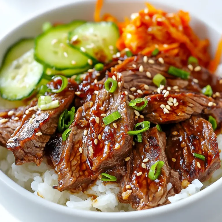 - 1 lb thinly sliced beef (ribeye or sirloin) - 1/4 cup soy sauce - 2 tablespoons brown sugar - 2 tablespoons sesame oil - 4 cloves garlic, minced - 1 inch ginger, grated - 1 tablespoon gochujang (Korean chili paste) - 2 green onions, chopped - 2 cups cooked jasmine or sticky rice - 1 cucumber, julienned - 1 carrot, julienned - 1 cup kimchi (store-bought or homemade) - Sesame seeds for garnish - Lettuce leaves for wrapping When making Korean BBQ beef bowls, you need simple yet flavorful ingredients. Start with thinly sliced beef, like ribeye or sirloin. This choice gives a tender bite. Use soy sauce for saltiness, and brown sugar adds a touch of sweetness. Sesame oil brings a nutty taste that rounds out the flavors. To spice things up, add minced garlic and grated ginger. They provide warmth and depth. Gochujang, a spicy Korean chili paste, adds heat and a unique flavor. Fresh green onions give a nice crunch and color. For the bowl itself, prepare jasmine or sticky rice. This rice serves as the base. You can add optional ingredients like julienned cucumbers and carrots for freshness. Kimchi adds a tangy kick. Don’t forget sesame seeds for garnish. Wrap it all in lettuce leaves for a fun twist! {{ingredient_image_1}} To start, mix the marinade. Take a bowl and add: - 1/4 cup soy sauce - 2 tablespoons brown sugar - 2 tablespoons sesame oil - 4 cloves garlic, minced - 1 inch ginger, grated - 1 tablespoon gochujang Stir these ingredients well. This mix gives a rich taste. The soy sauce adds saltiness, and the brown sugar balances it with sweetness. Gochujang adds a nice kick. Let it sit for a minute to blend flavors. Now, let’s marinate the beef. Use 1 lb thinly sliced beef, like ribeye or sirloin. Add the beef to the marinade. Make sure each piece is coated well. Cover the bowl and place it in the fridge. The best time for marinating is at least 30 minutes. For even better taste, let it sit for up to 2 hours. This time helps the beef soak up all the flavors. Next, we will cook the beef. Heat a large skillet or grill pan over medium-high heat. Once hot, add the marinated beef in batches. Cook the beef for about 2-3 minutes on each side. You want them to be well browned. Avoid overcrowding the pan. Remove the beef from the heat once done. This ensures it stays juicy and tender. Now for the fun part—assembling the bowls! Start by layering 2 cups of cooked jasmine or sticky rice in each bowl. Then, add the cooked beef on top. Next, add some color with julienned cucumbers and carrots. Don’t forget a scoop of kimchi for that tangy crunch. For a nice finish, sprinkle chopped green onions and sesame seeds on top. You can also serve with lettuce leaves. These can wrap the beef and veggies for a fun twist. Enjoy your colorful and tasty Korean BBQ beef bowls! For Korean BBQ beef bowls, ribeye and sirloin are great choices. Ribeye gives a rich, juicy flavor. Sirloin is leaner and still tender. Select thin slices for quick cooking. Aim for slices about 1/4 inch thick. This thickness cooks evenly and stays tender. To avoid overcooking, keep a close eye on the beef. Cook it on high heat for a short time. This creates a nice sear and locks in flavor. Each side needs just 2-3 minutes. Use a hot skillet or grill pan to get the best results. Arranging your bowls is key for a stunning meal. Start with a base of rice. Then, layer the beef and colorful veggies on top. Add kimchi for a pop of color and flavor. Finish with green onions and sesame seeds. For fun, serve with lettuce leaves for wrapping. This adds a nice touch to your dining experience. Pro Tips Marinate Longer for More Flavor: The longer you marinate the beef, the more flavorful it will be. Aim for at least 2 hours if you have the time! Get the Right Heat: Ensure your skillet or grill pan is hot enough before adding the beef. This helps achieve a nice sear and keeps the meat tender. Customize Your Veggies: Feel free to add other vegetables like bell peppers or radishes to enhance the color and crunch of your bowls. Use Day-Old Rice: If you have leftover rice, use it! Day-old rice is less sticky and will hold up better when mixed with the beef and veggies. {{image_2}} You can use chicken, pork, or tofu instead of beef. For chicken, use thinly sliced breast or thigh. Pork shoulder works well too. Tofu is a great choice for a plant-based option. Adjust cooking times based on the protein you choose. Chicken and pork need about 4-5 minutes per side. Tofu may need a bit longer to get crispy. Always ensure your protein is fully cooked before serving. To make a vegetarian or vegan version, replace beef with marinated tempeh or mushrooms. Both options soak up flavors well. For the marinade, use soy sauce, brown sugar, and sesame oil. Add some extra spices for a kick. Top the bowls with fresh vegetables like bell peppers or radishes. You can also use avocado for creaminess and flavor. This adds healthy fats and makes the dish more filling. You can add traditional Korean ingredients for authenticity. Try using gochugaru, which are Korean red pepper flakes, for extra heat. Add sesame seeds and seaweed for more texture. Feel free to customize with local flavors. Consider adding mango or pineapple for a sweet twist. You can also use local herbs to create a unique flavor profile. This way, you can enjoy different tastes while keeping the core of the dish intact. To keep your Korean BBQ Beef Bowls fresh, store the beef and vegetables separately. This helps maintain their texture and flavor. Use airtight containers to prevent air from getting in. Here are some tips: - Use glass or plastic containers with tight lids. - Label the containers with the date. - Keep the beef and veggies in the fridge for up to three days. When reheating, avoid drying out your beef and rice. The best methods are: - For beef: Use a skillet over medium heat. Add a splash of water to keep it moist. - For rice: Heat in the microwave with a damp paper towel on top. This helps steam the rice. Always ensure proteins reach 165°F to be safe. Freezing is a great way to save leftovers. Here’s how to do it: - Cool the beef and vegetables completely before freezing. - Store in freezer-safe bags or containers, removing as much air as possible. To thaw, place in the fridge overnight. Reheat as mentioned above to enjoy your tasty meal again! For the best Korean BBQ Beef Bowls, I recommend using ribeye or sirloin. Ribeye is tender and rich in flavor. Sirloin is leaner but still tasty. Both cuts work well when sliced thin. Slicing the beef against the grain helps it stay tender. Yes, you can make this dish gluten-free! Use tamari instead of soy sauce. Tamari has a similar taste but is made without wheat. You can also check for gluten-free gochujang at your local store. Many brands offer gluten-free options. I suggest marinating the beef for at least 30 minutes. This allows the flavors to soak in. If you have more time, marinate for up to 2 hours for even better taste. Just remember to keep it in the fridge while marinating. You can serve Korean BBQ Beef Bowls with various side dishes. Try kimchi for a spicy kick. Pickled vegetables add a nice crunch. You can also serve a simple salad or steamed broccoli. Lettuce leaves are great for wrapping the beef too! Korean BBQ beef bowls are a fun and tasty meal. We explored key ingredients like beef, marinade, and toppings. I shared tips for marinating and cooking to boost flavor. You can customize the bowls with different proteins and veggies too! Store leftovers correctly for future meals and enjoy them later. With these steps, you can create delicious bowls that friends and family will love. Dive in and enjoy every bite!