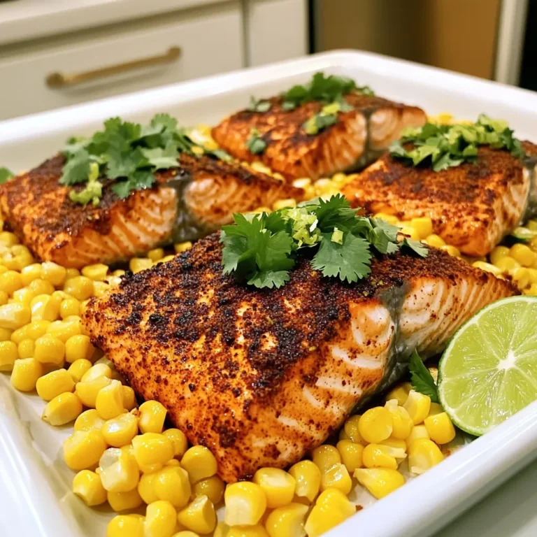 For this dish, you need a few key items. Here’s what you will need: - 2 salmon fillets (6 oz each) - 2 cups corn kernels (fresh or frozen) - 1 tablespoon olive oil - 1 tablespoon blackening seasoning (homemade or store-bought) - 1 teaspoon garlic powder - 1 teaspoon smoked paprika - 1 teaspoon cayenne pepper (adjust to taste) - 1/2 teaspoon salt - 1/2 teaspoon black pepper - 1 lime, zested and juiced - Fresh cilantro, chopped for garnish These ingredients create a tasty meal that is both easy and quick to make. The blackening seasoning is the star of this dish. It brings bold flavors to the salmon. You can buy a mix or make your own. - Blackening seasoning usually has spices like paprika, cayenne, and garlic powder. - Smoked paprika adds a nice depth and warmth to the dish. - Cayenne pepper gives the salmon a spicy kick. Adjust it to suit your taste. Each spice plays a role in making this dish stand out. The mix of flavors will make your taste buds dance! While the dish is great on its own, you can add some fun twists. Here are some ideas: - Fresh lime juice adds brightness and enhances the flavors. - Chopped cilantro gives a fresh touch and a pop of color. - You can also serve it with avocado or a fresh salad for more texture. These garnishes can take your dish from good to great! Feel free to mix and match based on what you enjoy. Start by preheating your oven to 425°F (220°C). This high heat helps to create a nice crust on the salmon. While the oven heats, grab a large sheet pan. Line it with parchment paper. This makes cleaning up easy later. Take two salmon fillets and pat them dry with paper towels. This step helps the seasoning stick. Drizzle one tablespoon of olive oil on each fillet. Now, sprinkle the blackening seasoning, garlic powder, smoked paprika, cayenne pepper, salt, and black pepper over the salmon. Make sure to coat all sides well. This seasoning brings a bold flavor that you will love. Place the seasoned salmon fillets in the center of your sheet pan. Next, arrange two cups of corn kernels around the salmon. If you use frozen corn, there’s no need to thaw it first. Drizzle a bit more olive oil and squeeze lime juice over the corn. For a fresh kick, add lime zest on top of the corn. Now that everything is arranged, slide the sheet pan into the preheated oven. Bake for 12-15 minutes. You know it’s done when the salmon flakes easily with a fork and the corn looks slightly charred. Adjust cooking time based on your oven. Each oven is a little different, so keep an eye on it! To get that perfect blackened flavor, use high-quality blackening seasoning. You can make your own mix. Just blend paprika, cayenne, garlic powder, onion powder, and some thyme. The key is to coat the salmon well. This helps lock in flavor and creates a nice crust. One common mistake is not drying the salmon. If the fish is wet, the spices won’t stick. Another mistake is overcrowding the pan. This can cause steaming instead of roasting. Make sure to give your salmon room to breathe. Also, don’t skip the lime juice. It adds great brightness to the dish. Always preheat your oven to 425°F. This helps the salmon cook evenly and develop a nice char. Use parchment paper for easy cleanup. When baking, check the salmon after 12 minutes. It should flake easily with a fork. If you want extra color, you can broil it for a minute at the end. Garnish with fresh cilantro and lime zest right before serving for a fresh touch. {{image_2}} You can change the flavor of your salmon easily. Try using lemon pepper for a bright twist. Another option is a mixture of honey and soy sauce for a sweet touch. You can also mix in some fresh herbs like dill or parsley. Each option gives the salmon a unique taste. Corn is great, but other veggies work too. Bell peppers add a sweet crunch. Broccoli florets are colorful and healthy. Zucchini slices cook quickly and soak up flavors. Carrots bring sweetness and vibrant color. Feel free to mix and match veggies based on what you like or have on hand. Pair your salmon with simple sides for balance. A fresh green salad adds crunch and brightness. Quinoa or rice gives a nutty flavor and fills you up. Roasted potatoes are hearty and easy to make. If you want a spicy kick, serve with jalapeño cornbread. These sides will complement your blackened salmon well. To store your leftover blackened salmon and corn, let them cool first. Place the salmon and corn in a tight container. Use an airtight container for best results. You can keep them in the fridge for up to three days. This keeps the flavors fresh and tasty. When you want to enjoy your leftovers, reheating is easy. Preheat your oven to 350°F (175°C). Place the salmon and corn on a baking sheet. Cover them with foil to prevent drying out. Heat for about 10-15 minutes or until warm. You can also use a microwave, but the oven keeps the texture nice. If you want to freeze the salmon and corn, do it right. Wrap each piece in plastic wrap. Then place them in a freezer bag. Remove as much air as you can. They will stay fresh for up to three months. When ready to eat, thaw overnight in the fridge before reheating. Yes, you can use frozen salmon. Just remember to thaw it first. Place it in the fridge overnight or run it under cold water. This helps keep the fish moist and flavorful. Once thawed, pat it dry and season as you would fresh salmon. The best way to season salmon is with blackening seasoning. This mix gives the fish a bold and tasty flavor. Use a store-bought blend or make your own. I like to add garlic powder, smoked paprika, cayenne, salt, and black pepper. Rub the seasoning all over the salmon for the best taste. Cook salmon on a sheet pan for 12 to 15 minutes at 425°F. The fish is done when it flakes easily with a fork. Keep an eye on it to avoid overcooking. Each oven varies, so check your salmon a few minutes early. Blackening seasoning can be spicy, but you can control the heat. It often contains cayenne pepper, which adds kick. If you want less spice, reduce the cayenne amount. You can also add more herbs for flavor without the heat. Adjust it to fit your taste! In this post, we explored the key ingredients for blackened salmon, discussed cooking steps, and provided helpful tips to enhance flavor. I also shared ways to customize the dish with variations and storage tips. Remember, seasoning and cooking times matter for great results. Use fresh ingredients for the best taste. With these insights, you can now create a flavorful, easy meal. Enjoy your kitchen adventures!