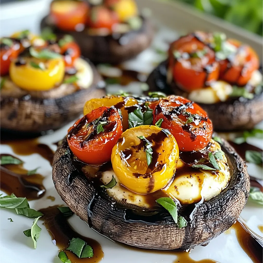- 4 large portobello mushroom caps - 1 cup cherry tomatoes, halved - 1 cup fresh mozzarella balls, halved - 1 cup fresh basil leaves, chopped - 2 tablespoons balsamic glaze - 2 tablespoons olive oil - 1 teaspoon garlic powder - Salt and pepper to taste - Optional: Grated Parmesan cheese for topping When choosing portobello mushrooms, look for caps that are firm and smooth. They should be dark brown and free from spots. Avoid any that feel slimy or have a strong odor. For tomatoes, choose plump cherry tomatoes that are bright and shiny. They should feel heavy for their size. Fresh mozzarella should be soft and slightly springy. Always go for basil that is bright green with no browning or wilting. Fresh herbs bring out the best flavors in your dish. If you can't find portobello mushrooms, you can use large cremini or shiitake mushrooms. For mozzarella, consider using burrata or even feta cheese for a tangy twist. If you are out of balsamic glaze, a mix of vinegar and honey can work well. For those who want to skip cheese, you can add more vegetables or nuts for a different texture. {{ingredient_image_1}} First, heat your oven to 400°F (200°C). Grab four large portobello mushroom caps. Use a damp cloth to clean them well. Make sure to remove the stems gently. This will give you a nice space to fill later. In a large bowl, mix one cup of halved cherry tomatoes, one cup of halved fresh mozzarella balls, and one cup of chopped fresh basil leaves. This mix brings freshness and flavor. Drizzle two tablespoons of balsamic glaze and two tablespoons of olive oil over the mix. Add one teaspoon of garlic powder. Season with salt and pepper to taste. Stir the mixture gently to combine all the flavors. Place the cleaned portobello caps, gill-side up, on a baking sheet lined with parchment paper. Spoon the Caprese mixture into each cap. Pack the filling slightly for a hearty bite. If you like, sprinkle some grated Parmesan cheese on top. Bake them in your preheated oven for about 20 minutes. The mushrooms should be tender, and the cheese will be melted and bubbly. Once they are done, let them cool for a couple of minutes before serving. Enjoy the fresh and flavorful meal! When making Caprese stuffed portobellos, avoid overcooking the mushrooms. If they get too soft, they lose their shape. Clean the caps gently; don’t use water, as they can soak it up. Make sure to season the filling well. Under-seasoned food can taste bland and uninviting. Finally, pack the filling too lightly. If you don’t fill them well, they won’t have enough flavor. To boost the flavor of your dish, try adding fresh herbs. Oregano or thyme pairs well with the basil. A pinch of red pepper flakes adds heat and zest. You can also use fresh garlic instead of garlic powder for a more robust taste. Consider a splash of lemon juice for brightness. This adds a fresh, zesty touch that balances the richness of the cheese. Serve your stuffed portobellos on a rustic wooden board for a lovely display. Drizzle some extra balsamic glaze around the plate for a nice touch. Fresh basil leaves scattered on top make the dish pop. You could also pair them with a light salad for a complete meal. A side of crusty bread works well, too, perfect for soaking up any juices. Pro Tips Choose Fresh Ingredients: For the best flavor, select ripe cherry tomatoes, fresh mozzarella, and vibrant basil. Don’t Overstuff: While it’s tempting to pack the filling, leaving some space will help the mushrooms cook evenly. Experiment with Cheese: Try adding different cheeses like goat cheese or feta for a unique twist on flavor. Let Them Rest: Allow the stuffed mushrooms to cool for a few minutes after baking to enhance the flavors and avoid burns. {{image_2}} Caprese stuffed portobellos are already vegetarian. You can keep it simple with the classic recipe. For a twist, try adding roasted red peppers. They add a sweet, smoky flavor. You can also use different cheeses like goat cheese or feta. Each cheese gives a new taste. This recipe is gluten-free. Make sure your balsamic glaze does not have gluten. You can easily check the label. Use fresh ingredients and avoid any bread-based toppings. This way, you keep the meal safe for gluten-sensitive friends. You can get creative with other ingredients too. Try adding spinach or arugula for some greens. You can mix in olives for a briny taste. If you like spice, add crushed red pepper flakes. Just be careful not to overpower the flavors. These changes keep the dish fresh and fun! After your meal, let the Caprese stuffed portobellos cool down. Then, place them in an airtight container. You can store them in the fridge for up to three days. This keeps them fresh and tasty. If you want to keep them longer, consider freezing them. To reheat, preheat your oven to 350°F (175°C). Place the stuffed portobellos on a baking sheet. Cover them with foil to keep them moist. Heat for about 15 minutes. Check if they are warm all the way through. You can also use a microwave. Heat them for about one minute. Enjoy them warm for the best taste. You can freeze these delicious mushrooms for up to two months. Pack them tightly in a freezer-safe container. Make sure to label the container with the date. When you are ready to eat, thaw them in the fridge overnight. Then, reheat them in the oven as mentioned above. This way, you can enjoy this meal anytime! Yes, you can prepare the Caprese filling in advance. Mix the cherry tomatoes, mozzarella, and basil. Store it in the fridge for up to a day. You can stuff the portobello caps just before baking. This saves time and keeps the mushrooms fresh. These stuffed mushrooms pair well with many sides. You can serve them with a light salad or garlic bread. A fresh arugula salad adds a nice touch. You might also enjoy them with grilled vegetables or a simple pasta dish. Yes, you can use other mushrooms if you like. For example, large shiitake or cremini mushrooms work well. Just make sure they are big enough to hold the filling. Each type adds a different flavor and texture, so feel free to experiment! You learned how to create tasty Caprese stuffed portobellos. I shared tips on choosing fresh ingredients and ways to make your dish shine. We covered mistakes to avoid and how to store leftovers. You even saw fun variations and answered key questions. Now, go ahead and try making these portobellos. They can impress your family or guests. Your skills in the kitchen will grow with each dish you create. Enjoy cooking and tasting!