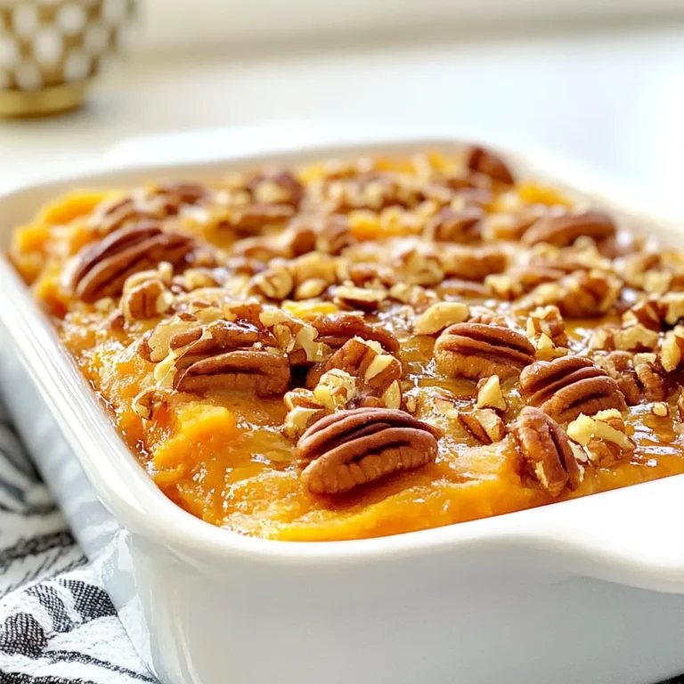 When making Maple Pecan Sweet Potato Casserole, you need a few key items. Here’s what you’ll gather for this tasty dish: - Sweet potatoes: You’ll need 4 large sweet potatoes. Peel and cube them for easy cooking. - Maple syrup and other liquids: Use 1/2 cup of maple syrup, 1/4 cup of melted unsalted butter, and 1/2 cup of milk. You can choose non-dairy milk if you prefer. - Spices and seasonings: Grab 1 teaspoon of vanilla extract, 1/2 teaspoon of cinnamon, 1/4 teaspoon of nutmeg, and some salt to taste. These will add depth to your flavor. - Topping ingredients: For the crunchy topping, you will need 1 cup of chopped pecans, 1/2 cup of brown sugar, 1/4 cup of all-purpose flour, and 2 tablespoons of melted butter. Each ingredient plays an important role in making your casserole a hit. The sweet potatoes provide a creamy base, while the maple syrup adds sweetness. The spices bring warmth, and the pecans give a delightful crunch. When combined, these ingredients create a cozy dish perfect for any gathering. {{ingredient_image_1}} To start, you need to prep the sweet potatoes. Take four large sweet potatoes and peel them. Then, cut them into cubes. This helps them cook faster and evenly. Next, boil and mash the sweet potatoes. Place the cubed sweet potatoes in a large pot. Cover them with water and bring it to a boil. Cook for about 15 to 20 minutes, or until they are soft. Once done, drain the water and return the sweet potatoes to the pot. Use a masher to mash them until smooth. Now, it’s time to mix the wet and dry ingredients. Add 1/2 cup of maple syrup, 1/4 cup of melted butter, 1/2 cup of milk, 1 teaspoon of vanilla extract, 1/2 teaspoon of cinnamon, and 1/4 teaspoon of nutmeg to the mashed sweet potatoes. Don’t forget to add a pinch of salt. Stir everything together until well combined. For layering in the baking dish, grab a greased 9x13 inch baking dish. Transfer the sweet potato mixture into the dish and spread it evenly across the bottom. Next, prepare the pecan topping. In a separate bowl, mix 1 cup of chopped pecans, 1/2 cup of brown sugar, 1/4 cup of all-purpose flour, and 2 tablespoons of melted butter. Make sure the pecans are coated well with the mixture. Now it’s time for baking. Sprinkle the pecan topping evenly over the sweet potato layer. Preheat your oven to 375°F (190°C) and bake for 25 to 30 minutes. Look for a golden topping and make sure the casserole is heated through. To get smooth mashed sweet potatoes, start by boiling them until they are soft. This usually takes about 15 to 20 minutes. Once they are soft, drain the water and mash them well. A potato masher works great for this. If you want to make it extra smooth, use a hand mixer. This makes the sweet potatoes creamy. To avoid sogginess in your casserole, don’t add too much liquid when mixing in the milk and syrup. Just enough will keep it moist but not runny. Also, make sure to bake it long enough to let the top get crispy. For extra flavor, consider adding more spices. A pinch of ginger or allspice can liven up the dish. You can also try a splash of maple extract for a stronger maple taste. This makes the dish even more delightful. Balancing sweetness is key. If your maple syrup is very sweet, reduce the brown sugar in the topping. This will help keep the dish from being overly sweet. Use a 9x13 inch baking dish for this recipe. It fits the amount perfectly and allows for even cooking. Glass or ceramic dishes work best, as they heat evenly. For mashing, a sturdy potato masher is best. A hand mixer can help if you want a smoother texture. Make sure to have measuring cups and spoons ready for accuracy. Using the right tools makes cooking easier and more fun! Pro Tips Choosing Sweet Potatoes: Opt for firm, smooth-skinned sweet potatoes for the best texture and flavor in your casserole. Maple Syrup Substitutes: If you don't have maple syrup, you can use honey or agave syrup as a substitute, but adjust the sweetness to your preference. Pecan Topping Crunch: For an extra crunch, toast the pecans in a dry skillet over medium heat for a few minutes before adding them to the topping. Make-Ahead Option: Prepare the sweet potato mixture a day in advance and store it in the fridge. Just add the topping and bake before serving. {{image_2}} You can make this casserole fit many diets. For a dairy-free option, use coconut milk or almond milk instead of regular milk. This keeps the creamy texture while making it safe for those with dairy issues. You can also skip the butter and use coconut oil for a vegan twist. If nuts are a concern, swap out the pecans for seeds like sunflower or pumpkin. These options give a nice crunch without the allergy worries. Just be sure to check for any cross-contamination if you're serving someone with nut allergies. Maple syrup is the star of this dish, but you can try other natural sweeteners. Honey or agave syrup can work well too. Just keep in mind that these may change the flavor slightly. If you want to reduce sugar, use less maple syrup and add a bit of mashed banana. This keeps the sweetness without the full sugar load. Feel free to get creative with flavors. Adding chopped apples or pears brings a fruity twist. You could also mix in dried cranberries for a pop of color and taste. For nut lovers, try walnuts or almonds instead of pecans. If you want to go savory, reduce the maple syrup and add garlic or herbs. This gives the casserole a whole new vibe, perfect for a unique side dish. Mixing sweet and savory can surprise your guests in the best way. After you enjoy your Maple Pecan Sweet Potato Casserole, you can refrigerate any leftovers. Place the casserole in an airtight container. This helps keep it fresh and tasty. You can store it in the fridge for up to four days. When reheating, use the oven for best results. Preheat your oven to 350°F (175°C). Cover the casserole with foil to keep it moist. Heat for about 20 minutes or until warm. You can also use a microwave, but the oven gives a better texture. To keep the casserole longer, freezing is a great option. Allow the dish to cool completely before freezing. Use a freezer-safe container or wrap it tightly with plastic wrap and foil. It can last for up to three months in the freezer. When you’re ready to enjoy it again, thaw the casserole overnight in the fridge. After it’s thawed, reheat it in the oven at 350°F (175°C) for about 25 to 30 minutes. This helps restore its creamy texture. In the fridge, the casserole will stay good for about four days. If you freeze it, aim to use it within three months for the best taste. Always check for any signs of spoilage before eating. This ensures you enjoy the dish at its best! Can I make this dish ahead of time? Yes, you can make this casserole ahead of time. Prepare it up to the baking step. Cover and store it in the fridge. When you're ready, bake it straight from the fridge. This makes it easy for holiday meals. What is the best way to serve the casserole? Serve the casserole warm. Scoop it onto plates or serve family-style from the baking dish. It pairs well with roasted meats or as a holiday side dish. Add a sprinkle of extra pecans on top for a nice touch. Can I use canned sweet potatoes instead? Yes, you can use canned sweet potatoes. Drain and mash them before mixing. Adjust the syrup based on the sweetness of the canned potatoes. This saves time but may change the texture slightly. Overview of calories and macronutrients This casserole serves about eight people. Each serving has roughly 250 calories. It contains 5 grams of protein, 10 grams of fat, and 40 grams of carbs. The healthy fats come from pecans, while sweet potatoes provide fiber and vitamins. Health benefits of sweet potatoes and pecans Sweet potatoes are high in vitamin A, good for your eyes. They also provide fiber, which helps digestion. Pecans are rich in healthy fats and antioxidants. They can help reduce inflammation and improve heart health. Suggested side dishes Pair this casserole with green beans or a fresh salad. These sides add color and crunch to your meal. You can also serve it with cranberry sauce for a sweet-tart balance. Pairing with main courses This dish goes great with glazed ham or roasted turkey. The sweetness of the casserole complements savory flavors. It’s a crowd-pleaser for any festive occasion. Enjoy the harmony of flavors on your plate! This blog post covered how to make a delicious sweet potato casserole from scratch. We discussed ingredients, step-by-step preparation, and baking instructions. You learned tips to enhance flavors and perfect texture, plus dietary options and storage info. Sweet potatoes are healthy, tasty, and versatile. Now, you have the tools to create a dish that impresses everyone. Enjoy making and sharing it for any occasion!