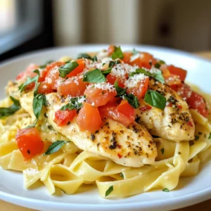 - 4 boneless, skinless chicken breasts - 1 can diced tomatoes - Fresh basil leaves - Olive oil - Dried oregano - Red pepper flakes - Heavy cream - Parmesan cheese - Salt and pepper For this creamy tomato basil chicken, I focus on a few key ingredients. First, the chicken breasts are your main protein source. I love using boneless and skinless chicken for this dish. It cooks quickly and stays juicy. Next, I use a can of diced tomatoes. They bring a sweet and tangy flavor that blends perfectly. Fresh basil is a must. Its bright taste adds freshness to the creamy sauce. Now, let’s talk about pantry staples. Olive oil is my go-to for cooking. It helps to sear the chicken and adds flavor. Dried oregano brings an earthy note, while red pepper flakes give a hint of heat. You can skip them if you want a milder dish. For the creamy part, I use heavy cream. It makes the sauce rich and smooth. Grated Parmesan cheese adds a nutty flavor and thickens the sauce. Don’t forget to season with salt and pepper to taste. These ingredients come together to make a dish that is rich and full of flavor. Each element plays a role in creating a delicious meal you will love. {{ingredient_image_1}} 1. Seasoning the chicken breasts: Start by sprinkling salt and pepper on both sides of each chicken breast. This adds flavor to the meat. 2. Searing the chicken in olive oil: Heat 2 tablespoons of olive oil in a large skillet over medium heat. Once hot, add the chicken breasts. Cook for about 6-7 minutes on each side. Look for a golden-brown color. When done, remove the chicken and set it aside. 1. Sautéing the onions and garlic: In the same skillet, add 1 small chopped onion. Cook for about 3-4 minutes until it turns clear. Then, add 3 minced garlic cloves. Cook for 1 more minute until it smells great. 2. Adding tomatoes and spices to create flavor: Stir in a 14 oz can of diced tomatoes, including the juices. Add 1 teaspoon of dried oregano and red pepper flakes if you want some heat. Let it simmer for about 5 minutes. This helps combine the flavors. 1. Making the sauce creamy with heavy cream and cheese: Lower the heat and pour in 1 cup of heavy cream. Stir well to mix. Let it cook for another 3-4 minutes. Now, mix in 1 cup of chopped fresh basil and ½ cup of grated Parmesan cheese. This makes the sauce rich and smooth. 2. Final steps to combine chicken with sauce and serve: Return the seared chicken to the skillet. Spoon the creamy sauce over the chicken. Cook for another 2-3 minutes to warm it up. Serve the chicken on top of cooked pasta like fettuccine or penne. Pour extra sauce over the top for a delicious finish. To get that creamy texture, simmering is key. Simmering helps blend flavors and thicken the sauce. After adding the heavy cream, let it simmer for three to four minutes. This is how you get that rich taste. For melting Parmesan cheese smoothly, add it at the end. Turn down the heat to low so it doesn't clump. Stir it in slowly. This way, the cheese blends nicely into the sauce. You can boost the flavor with more spices and herbs. Try adding a pinch of Italian seasoning or fresh herbs like thyme. For a kick, red pepper flakes add heat. You can adjust this based on your taste. Marinating the chicken before cooking adds extra flavor. Use salt, pepper, and olive oil. Let it marinate for at least 30 minutes. This step makes the chicken juicy and tasty. If you want to switch things up, try grilling or baking the chicken. Grilling gives a smoky flavor. Baking keeps the chicken moist. Both methods work well with this recipe. When serving, pasta is a great choice. Fettuccine or penne pairs well with the sauce. If you want something lighter, serve the chicken without pasta. It’s delicious either way! Pro Tips Use Fresh Basil: Fresh basil adds a vibrant flavor that dried basil cannot replicate; add it at the end of cooking for the best taste. Choose the Right Pasta: Fettuccine or penne works great with this sauce, but feel free to use your favorite type of pasta for a personal touch. Adjust the Spice Level: If you love heat, increase the red pepper flakes; for a milder dish, skip them altogether or use less. Perfectly Cooked Chicken: Use a meat thermometer to ensure the chicken reaches an internal temperature of 165°F for juicy and safe results. {{image_2}} Making it dairy-free You can make this dish dairy-free easily. Instead of heavy cream, use coconut milk or cashew cream. Both options give a rich texture. They add a slight sweetness too. This makes the dish creamy without dairy. Substituting chicken with tofu or vegetables If you want a plant-based option, try tofu or veggies. Firm tofu works well. Press it first to remove extra water. You can also use mushrooms or zucchini. These add flavor and texture. Cook them until they are golden brown for the best result. Adding sun-dried tomatoes for additional depth Sun-dried tomatoes can enhance the flavor. They bring a sweet and tangy taste. Chop them up and add them when you mix in the diced tomatoes. This gives a nice depth to the sauce. Incorporating other herbs like thyme or parsley You can mix other herbs into your dish. Thyme adds an earthy flavor. Parsley gives freshness. Add them at the same time as the basil. This will give your dish a new twist. Ideas for side dishes Serve this dish with simple sides. Garlic bread is a classic choice. A light salad can balance the meal too. Steamed vegetables add nice color and nutrients. Serving over different pasta types You can serve this chicken dish over many pasta types. Fettuccine is great, but penne works well too. Even spaghetti can be a fun option. Pick your favorite pasta to match your taste. To store leftover chicken, place it in an airtight container. Make sure it cools down first. Store it in the fridge for up to three days. When reheating, use the stove or microwave. Add a splash of cream or broth to keep it moist. Heat until hot, but don’t overcook it. To freeze the dish, let it cool completely. Then, scoop it into freezer-safe bags or containers. Press out as much air as you can. Label the bags with the date. Freeze for up to three months. When ready to eat, thaw it overnight in the fridge. For the best taste, reheat gently on the stove. In the fridge, Creamy Tomato Basil Chicken lasts for about three days. If it has an off smell or odd color, it’s time to toss it. Always check for any mold or changes in texture before eating. Enjoy it fresh for the best flavor! It takes about 30 minutes to make this dish. - Prep time is 10 minutes. - Cook time is 20 minutes. This quick time makes it perfect for busy nights. You can easily whip it up after a long day. Yes, you can use chicken thighs. They add a richer flavor. Thighs also stay moist during cooking. If you prefer dark meat, thighs are a great choice. Just follow the same cooking steps. This dish pairs well with many sides. Here are a few ideas: - Pasta: Serve over fettuccine or penne. - Salad: A fresh green salad adds crunch. - Bread: Garlic bread or a crusty loaf is great for scooping up sauce. Each option complements the creamy flavors. Enjoy mixing and matching! In this article, we covered how to make Creamy Tomato Basil Chicken. You learned about key ingredients like chicken, tomatoes, and spices. I shared step-by-step instructions for cooking the chicken and sauce. Plus, we discussed tips for a creamy finish and various serving ideas. Final thoughts: This dish is versatile and simple, perfect for any meal. You can easily adapt it to fit your taste. Enjoy experimenting and make it your own!
