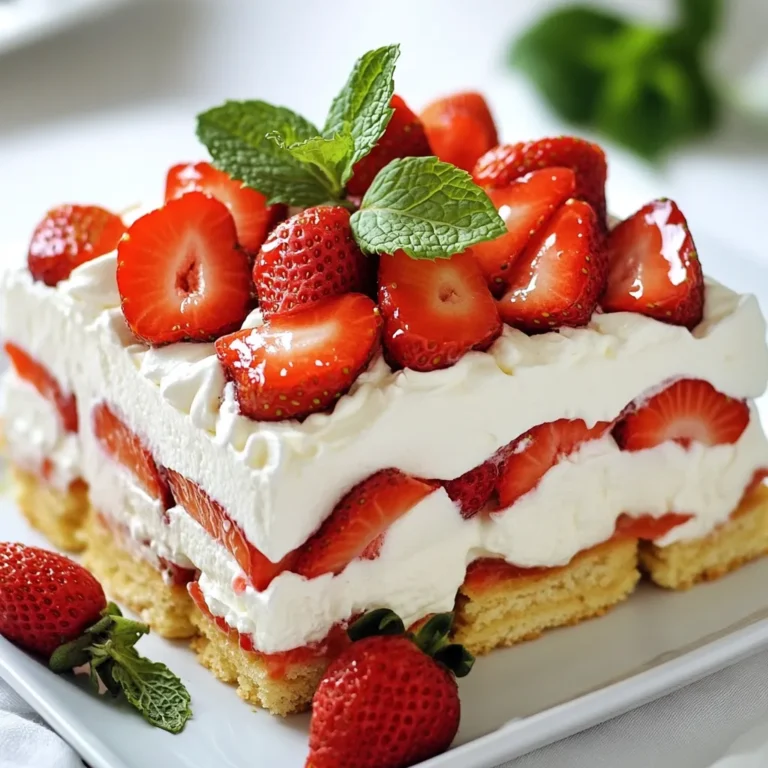 - 2 cups fresh strawberries, hulled and sliced - 1/4 cup granulated sugar - 1 1/2 cups heavy cream - 1/2 cup powdered sugar - 1 teaspoon vanilla extract - 12-14 store-bought ladyfinger cookies - Fresh mint leaves for garnish (optional) To make Strawberry Shortcake Icebox Cake, you need fresh, tasty ingredients. Start with ripe strawberries. They add sweetness and color. You will also need granulated sugar to sweeten the berries. Heavy cream is key for a rich, creamy layer. Powdered sugar gives the whipped cream a touch of sweetness. Vanilla extract brings a nice flavor to the cream. Ladyfinger cookies serve as the cake's base. These cookies soak up the strawberry juices well. Lastly, fresh mint leaves are optional but add a bright touch when you serve. Gather these items before you start. Having everything ready helps the process go smoothly. This cake is not only easy to make but also a delight to eat. {{ingredient_image_1}} First, take 2 cups of fresh strawberries. Hull and slice them well. In a medium bowl, combine the sliced strawberries with 1/4 cup of granulated sugar. Mix them together. This helps to draw out the juices. Let them sit for about 15-20 minutes. You will see the juices form at the bottom of the bowl. This step is key for flavor. Next, you need to whip the cream. In a clean bowl, add 1 1/2 cups of heavy cream. Then add 1/2 cup of powdered sugar and 1 teaspoon of vanilla extract. Use a hand mixer to whip the cream. Mix until you see stiff peaks. Be careful not to over-whip; you want it light and fluffy. This creamy texture is what makes the cake so nice. Now, it's time to assemble the cake. Grab a 9x9 inch baking dish. Start by adding a layer of whipped cream at the bottom. Next, dip each ladyfinger cookie in the strawberry juices for just a second. Arrange them in a single layer over the cream. Don’t let them soak too long or they will get soggy! After the ladyfingers, spread a layer of sliced strawberries on top. Follow this with another layer of whipped cream. Keep repeating these layers until you use all the ingredients. Finish with a top layer of whipped cream. Cover the dish with plastic wrap. Refrigerate it for at least 4 hours or overnight. This lets all the flavors blend together and softens the cookies. To get the best whipped cream, start with cold heavy cream. Use a clean bowl and whisk. You want to mix until you see stiff peaks. This means the cream stands up on its own. Be careful not to over-whip. Over-whipped cream becomes grainy and loses its fluff. Keep an eye on it to avoid this mistake. To help your cream stay light and airy, use a hand mixer on low speed. Gradually increase the speed as it thickens. This method gives you better control. Also, adding powdered sugar and vanilla early helps the flavor blend well. When layering your cake, avoid soggy ladyfingers. Just dip each one in the strawberry juice for one second. If you soak them too long, they will fall apart. Place them side by side in a single layer. Even layering is key. Start with a layer of whipped cream at the bottom. Then add ladyfingers, followed by a layer of strawberries. Repeat this until you finish all the ingredients. Make sure the last layer is whipped cream. This keeps everything together and looks nice. For serving, slice the cake into squares. Use a sharp knife for clean edges. You can place each piece on individual plates to impress your guests. Drizzle some of the reserved strawberry juices over the top for extra flavor. For garnishing, use fresh mint leaves. They add a bright touch. You can also top with extra strawberry slices. This makes your cake look fresh and inviting. Pro Tips Use Fresh Strawberries: Fresh strawberries yield the best flavor and texture, enhancing the overall taste of the dessert. Whipping Cream Technique: Whip the cream until stiff peaks form but avoid over-whipping to maintain a light and airy texture. Layering Tips: Ensure each ladyfinger is dipped quickly in the strawberry juices to prevent sogginess while still absorbing flavor. Chill Time: Allow the cake to chill overnight for the best flavor melding and texture; this also helps the ladyfingers soften perfectly. {{image_2}} You can change the flavors of your cake easily. Try adding different berries like blueberries or raspberries. These can give your cake a fresh twist and new taste. You can also use flavored whipped cream. For example, adding lemon or almond extract can give a unique flavor. This makes the dessert fun and exciting! If you want to switch things up, you can change the base. Instead of ladyfinger cookies, use sponge cake or graham crackers. Both options work well and add their own taste. Sponge cake gives a light texture, while graham crackers add a nice crunch. This way, you can make the cake your own! You can also adapt the cake for different diets. For those who can't have dairy, use dairy-free whipped cream. Brands like coconut cream work great. If you need a gluten-free option, choose gluten-free ladyfingers or use gluten-free cake. These changes let everyone enjoy this tasty treat without worry. To store your leftovers, cover the cake tightly with plastic wrap. This helps keep the cake fresh and prevents it from absorbing other smells in the fridge. I recommend storing it in the fridge for up to three days. After that, the ladyfingers may become too soft. Yes, you can freeze Strawberry Shortcake Icebox Cake. To freeze, slice the cake into portions and wrap each piece in plastic wrap. Then place the wrapped pieces in a freezer-safe bag. This helps maintain their flavor and texture. When you are ready to enjoy them, take the slices out and let them thaw in the fridge overnight. Serve them cold for the best taste. A Strawberry Shortcake Icebox Cake is a no-bake dessert. It combines layers of whipped cream, strawberries, and ladyfinger cookies. This cake is easy to make and perfect for warm days. The dish has roots in classic American desserts. It captures summer flavors in a sweet, creamy treat. You can store this cake in the fridge for up to three days. The whipped cream stays fresh and the flavors deepen. To keep the cake at its best, cover it tightly with plastic wrap. This prevents it from absorbing other fridge smells. Yes, you can make this cake a day ahead. In fact, letting it sit overnight in the fridge improves the taste. The cookies soak up the strawberry juices and soften nicely. Just remember to cover it well to keep it fresh. If you need an alternative to ladyfinger cookies, try sponge cake or graham crackers. Both options work well and still taste great. For gluten-free needs, look for gluten-free ladyfingers or cookies. These swaps ensure everyone can enjoy this delightful dessert. This blog post walked you through creating a delicious Strawberry Shortcake Icebox Cake. You learned about the simple ingredients, step-by-step instructions, and tips for making perfect layers. I also shared fun variations to try and how to store your cake. In my view, everyone should give this cake a chance. It’s refreshing, easy to make, and perfect for any occasion. Don’t hesitate to experiment with your own flavors and toppings. Enjoy your delightful dessert!