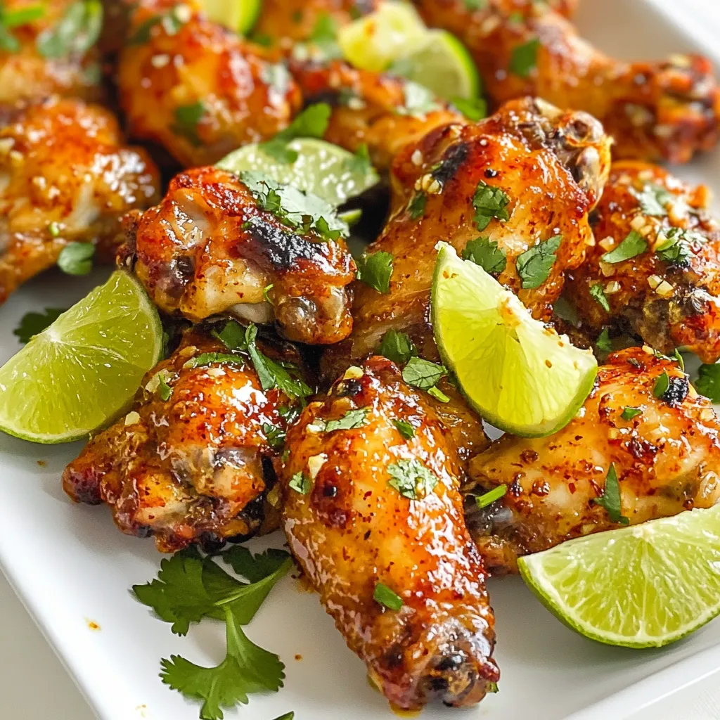 To make Chili Lime Chicken Wings, you need: - 2 pounds chicken wings - 2 tablespoons olive oil - Zest and juice of 2 limes - 1 tablespoon honey For the perfect flavor, include these seasonings: - 3 tablespoons chili powder - 1 teaspoon cumin - 1 teaspoon garlic powder - 1 teaspoon onion powder - 1/2 teaspoon smoked paprika - Salt and pepper to taste Add a fresh touch with these garnishes: - Fresh cilantro, chopped - Lime wedges for serving These ingredients create a tasty and zesty dish. The lime adds brightness, while the chili powder gives a kick. You can adjust the seasonings based on your taste. Enjoy experimenting! {{ingredient_image_1}} First, I start by prepping the wings. Pat the chicken wings dry with paper towels. This helps them crisp up nicely when cooked. Next, I make the marinade. In a large bowl, I mix together the olive oil, chili powder, cumin, garlic powder, onion powder, smoked paprika, lime zest, lime juice, honey, salt, and pepper. I stir until everything blends well. Now it's time to marinate the wings. I add the chicken wings to the bowl. I toss them in the marinade until they are fully coated. I cover the bowl and place it in the fridge. For the best flavor, I let them marinate for at least 30 minutes. If I have time, I let them sit for up to 4 hours. After marinating, I preheat the oven to 425°F (220°C). I prepare a baking sheet by lining it with parchment paper or aluminum foil. This makes cleanup easy. Then, I arrange the marinated wings in a single layer on the baking sheet. I bake them for 25-30 minutes. Halfway through, I flip the wings to ensure even cooking. When they turn golden brown and crispy, I switch to the broiler for the last 2-3 minutes. I keep a close watch to avoid burning. Finally, I take the wings out of the oven and let them rest for a few minutes. I garnish them with chopped cilantro and serve with lime wedges on the side. To get crispy chicken wings, start by drying them well. Use paper towels to soak up any extra moisture. This step is key for a nice crunch. Next, marinate them for at least 30 minutes. The longer, the better! You can marinate for up to 4 hours for great flavor. When cooking, place the wings in a single layer. This allows hot air to circulate around them. For extra crispiness, switch to broil for the last few minutes. Keep a close eye so they don’t burn. Want to add your twist? You can change the spice level by using different chili powders. If you like heat, add cayenne pepper to the marinade. For a sweeter taste, increase the honey. You can also mix in herbs like oregano or thyme for more depth. Experiment with your favorite spices! The key is to balance the heat and sweetness. Don’t be afraid to taste the marinade before adding the wings. Serve your chili lime chicken wings with lime wedges on the side. Fresh lime juice adds a bright kick. You can also make a creamy dip, like ranch or blue cheese, for a cool contrast. For a fun twist, try serving them with tortilla chips or a fresh salsa. Garnish your wings with chopped cilantro for a colorful touch. Pair these wings with a refreshing drink like iced tea or a light beer. Enjoy every flavorful bite! Pro Tips Dry the Wings: Make sure to thoroughly pat the chicken wings dry before marinating. This step is crucial for achieving a crispy skin when baked. Adjust Spice Levels: Feel free to adjust the amount of chili powder according to your heat preference. You can also add cayenne pepper for an extra kick! Use Fresh Ingredients: Using fresh lime juice and zest enhances the flavor significantly compared to bottled varieties. Always opt for fresh where possible. Rest Before Serving: Let the wings rest for a few minutes after baking. This allows the juices to redistribute, resulting in juicier wings. {{image_2}} If you want more heat, add cayenne pepper or hot sauce to the marinade. Start with 1 teaspoon of cayenne. You can also use fresh jalapeños for a different kick. Chop them finely and mix them in with the other spices. This extra spice level will make your wings even more exciting. For a sweeter twist, you can increase the honey to 2 tablespoons. This adds a nice balance to the spicy flavors. You might also try adding a splash of orange juice for a fruity note. This change gives your wings a sweet and tangy flavor that pairs well with the chili lime base. Both methods work well, but they give different results. Baking the wings in the oven makes them crispy and flavorful. Use a high temperature of 425°F (220°C) for great results. On the other hand, the air fryer cooks the wings faster and can achieve an even crispier skin. Set the air fryer to 400°F (200°C) and cook for about 20-25 minutes, shaking the basket halfway through. Both ways give you delicious chili lime wings, so choose what works best for you. To keep your chili lime chicken wings fresh, let them cool first. Place them in a shallow, airtight container. You can also use a resealable bag. Make sure to remove as much air as possible. This helps prevent freezer burn. Store them in the fridge for up to three days. When you're ready to enjoy your wings again, preheat your oven to 350°F (175°C). Spread the wings on a baking sheet. Heat them for about 15-20 minutes. Flip them halfway through for even warming. You can also use an air fryer. Just set it to 350°F (175°C) and cook for 8-10 minutes. This keeps them crispy. If you want to save your wings for later, freezing is a great option. First, let the wings cool completely. Place them in a single layer on a baking sheet. Freeze them for about 1-2 hours. Once frozen, transfer them to a freezer bag. They will stay good for up to three months. To reheat, follow the instructions above but add a few more minutes to cook through. You can marinate chicken wings for at least 30 minutes. For the best taste, marinate them for up to 4 hours. This time allows the flavors to soak in well. If you are short on time, even a quick 30-minute soak works. Just remember, longer is better for flavor. Yes, you can use other types of chicken. Drumsticks or chicken thighs work great too. Just keep in mind that cooking times may change. Thicker pieces will need more time to cook through. Make sure to check their internal temperature for safety. Chili Lime Chicken Wings go well with many sides. Here are some great options to consider: - Crunchy coleslaw - Fresh guacamole with tortilla chips - Corn on the cob - Rice or quinoa salad - Spicy potato wedges These sides balance the zesty flavors and make your meal fun and complete. Now you know how to make tasty Chili Lime Chicken Wings. We covered the key ingredients, step-by-step cooking, and expert tips to get them just right. I shared fun variations and how to store your wings, too. Try these easy recipes for your next meal. You'll impress friends and family with your skills and the great taste. Remember, cooking is all about enjoying the process and sharing good food. Happy cooking!
