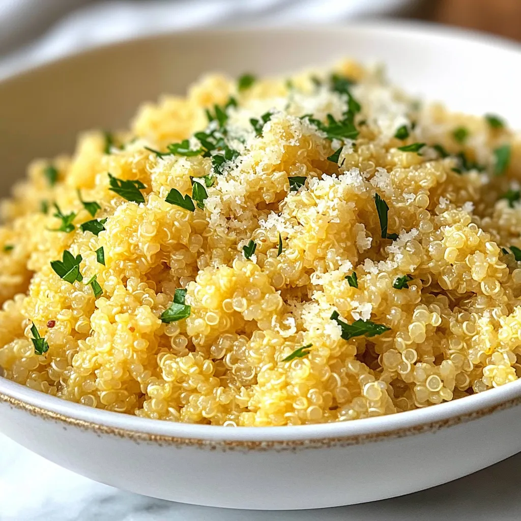 To make creamy garlic Parmesan quinoa, you will need: - 1 cup quinoa, rinsed - 2 cups vegetable broth - 1 tablespoon olive oil - 4 cloves garlic, minced - 1/2 cup heavy cream (coconut cream for vegan) - 1/2 cup grated Parmesan cheese (nutritional yeast for vegan) - 1/4 teaspoon black pepper - 1/4 cup fresh parsley, chopped - Salt to taste These main ingredients create a rich and tasty dish. The quinoa gives you a nice base, while the garlic and cheese add flavor. You can also add these optional ingredients for more flavor: - 1/4 teaspoon red pepper flakes - Extra parsley for garnish Red pepper flakes bring some heat. They add a nice kick if you enjoy spice. If you need to swap ingredients, here are some ideas: - Use brown rice instead of quinoa for a different grain. - Swap heavy cream with coconut cream or any plant-based milk for a lighter dish. - Replace Parmesan cheese with nutritional yeast for a vegan option. These substitutions keep the dish tasty while meeting your needs. Feel free to get creative with what you have on hand! {{ingredient_image_1}} First, grab a medium saucepan. Pour in 2 cups of vegetable broth and bring it to a boil. Next, add 1 cup of rinsed quinoa. This helps to remove any bitterness. Reduce the heat to low. Cover the pot and let it simmer for about 15 minutes. You want the quinoa to be fluffy and for all the liquid to absorb. After 15 minutes, take it off the heat but keep it covered for another 5 minutes. This resting time makes a big difference! While the quinoa cooks, take a large skillet. Add 1 tablespoon of olive oil and heat it over medium heat. Once hot, add 4 cloves of minced garlic. Sauté it for 1-2 minutes until it smells great. Be careful! Garlic burns easily. After it’s fragrant, pour in 1/2 cup of heavy cream. Stir well to mix it with the garlic. Let it warm through but don’t let it boil. Now, it’s time to bring it all together! Add the cooked quinoa to the skillet. Mix it well so that the quinoa is coated in the creamy garlic mixture. Next, stir in 1/2 cup of grated Parmesan cheese. Sprinkle in 1/4 teaspoon of black pepper and 1/4 teaspoon of red pepper flakes if you want some heat. Mix everything until well combined. Cook it for an extra 2-3 minutes, stirring occasionally. This helps everything to heat up and become creamy. Finally, remove it from the heat and fold in 1/4 cup of chopped fresh parsley. It adds a nice splash of color and flavor! To keep garlic from burning, watch it closely. Cook it over medium heat. Stir it often. Garlic turns brown quickly. If it burns, it gets bitter. Remove it from the heat as soon as it smells good. You want it golden, not dark. This will give your dish a lovely flavor. The key to creamy quinoa is the right mix of cream and cheese. Use heavy cream for richness. Coconut cream works great for a vegan twist. Stir it well with the garlic before adding quinoa. This helps coat every grain. If you want it creamier, add more cream or cheese. Just remember to adjust the salt if you do. Serve your creamy garlic Parmesan quinoa in nice bowls. Top it with extra parsley for color. A sprinkle of Parmesan cheese adds a nice touch too. Pair it with grilled veggies or a salad. This dish also goes well with roasted chicken or fish. It’s a perfect meal for any night. Pro Tips Rinse the Quinoa: Always rinse quinoa under cold water before cooking to remove its natural coating, called saponin, which can impart a bitter taste. Perfect Creaminess: For an extra creamy texture, consider adding a bit more heavy cream or a splash of pasta water when mixing in the quinoa. Herb Variations: Feel free to experiment with different herbs like basil or thyme to customize the flavor profile of your dish. Leftover Storage: Store any leftovers in an airtight container in the fridge for up to 3 days. Reheat gently on the stove, adding a splash of broth to restore creaminess. {{image_2}} You can make a vegan version of creamy garlic Parmesan quinoa. Just swap heavy cream for coconut cream. It gives the same richness but is plant-based. For cheese, use nutritional yeast instead of Parmesan. This change keeps it creamy and delicious without dairy. The dish remains full of flavor and is perfect for everyone. Want to add more protein? You have great options! Chickpeas work well; they add a nice texture. Cooked lentils are another good choice. You can also add grilled chicken or shrimp if you prefer meat. Just mix them in when you combine the quinoa with the creamy sauce. This makes the dish heartier and more filling. To make this dish a one-pot meal, start by cooking the quinoa in the same pot. Use the vegetable broth to cook it. Once the quinoa is fluffy, add olive oil, garlic, and cream straight into the pot. Stir in the cheese and spices right after. This method saves time and makes cleanup a breeze! You can store leftover creamy garlic Parmesan quinoa in the fridge. Place it in an airtight container. It stays fresh for up to three days. When ready to eat, check for any off smells or changes in texture before warming it up. Freezing is a great option if you want to keep your dish longer. Place the cooled quinoa in a freezer-safe container. It can last for about three months in the freezer. When you’re ready to use it, remember to label the container with the date. To reheat, you can use the microwave or the stovetop. If using the microwave, add a splash of water or broth to keep it moist. Heat in short bursts, stirring in between. On the stovetop, warm it in a skillet over low heat. Stir often to ensure even heating. Enjoy your creamy garlic Parmesan quinoa warm and creamy! Yes, you can make this dish ahead of time. Cook the quinoa and garlic mixture. Then, store them separately in airtight containers. When ready to serve, just reheat them together on the stove. This makes the meal quick and easy. If you want a lighter option, use coconut cream instead of heavy cream. It adds a rich flavor too. For a vegan option, you can use cashew cream or any plant-based cream. These keep the dish creamy without dairy. To spice things up, add more red pepper flakes. You can also sprinkle in some cayenne pepper for extra heat. For more flavor, try adding lemon juice, fresh herbs, or even sautéed mushrooms. Adjust the flavors to what you enjoy. This blog post covered key ingredients, step-by-step cooking, and helpful tips for making quinoa. We explored variations to suit different diets, plus storage advice to keep your dish fresh. Remember, creativity in your cooking can lead to great meals. Use these ideas to enjoy a tasty, creamy dish that's easy to make. Happy cooking!