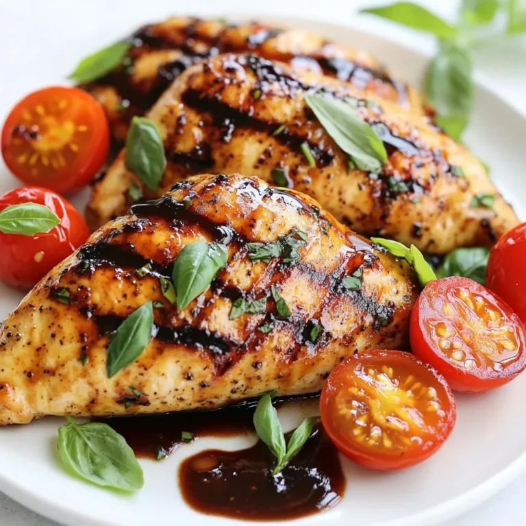 - 4 boneless, skinless chicken breasts - 1/2 cup balsamic vinegar - 1/4 cup honey - 2 cloves garlic, minced - 1 tablespoon Dijon mustard - Salt and pepper to taste - 1 tablespoon olive oil - Fresh basil leaves for garnish - 1 cup cherry tomatoes, halved (optional) - 1 teaspoon fresh thyme (optional) To make balsamic glazed chicken, you need simple and fresh ingredients. The star of the dish is the chicken. I always choose boneless and skinless breasts for tenderness. Balsamic vinegar adds a tangy flavor, while honey gives it a sweet touch. The garlic and Dijon mustard create depth in taste. Don't forget to season with salt and pepper! It makes a big difference. Olive oil is essential for cooking the chicken evenly. For a pop of color and flavor, add fresh basil leaves and cherry tomatoes. You can also use thyme for more aroma. Each ingredient plays a role in creating a juicy and flavorful delight. {{ingredient_image_1}} To start, you need to mix the glaze ingredients. In a small bowl, whisk together: - 1/2 cup balsamic vinegar - 1/4 cup honey - 2 cloves garlic, minced - 1 tablespoon Dijon mustard - Salt and pepper to taste This mix creates a rich, sweet, and tangy glaze. Once you combine everything, set the glaze aside while you cook the chicken. Next, heat a large skillet over medium-high heat. Add 1 tablespoon of olive oil to the pan. While the oil heats, season your 4 boneless, skinless chicken breasts with salt and pepper on both sides. This step is key for flavor. When the oil is hot, place the chicken breasts in the skillet. Cook for about 5-7 minutes on each side. Look for a nice golden brown color. Make sure the chicken is cooked through for safety. After the chicken is done, lower the heat to medium. Pour the balsamic glaze over the chicken in the skillet. Add the optional cherry tomatoes, halved, and fresh thyme if you like. Stir gently to coat everything in the glaze. Let it simmer for about 5 minutes. This helps thicken the glaze. Turn the chicken occasionally to ensure even coating. Once the glaze thickens, remove the skillet from heat. Allow the dish to rest for a few minutes before serving. Marinating chicken makes it taste amazing. I suggest marinating for at least 30 minutes. If you have more time, try to marinate for 2 hours. You can use the glaze as a marinade. Add a bit of olive oil and fresh herbs like thyme or rosemary for more flavor. To check if your chicken is done, use a meat thermometer. The inside should reach 165°F. If you don’t have a thermometer, cut into the thickest part. The meat should be white, not pink. To avoid dry chicken, don’t overcook it. Cook until it’s just done, then let it rest for a few minutes. This helps keep the juices in. Balsamic glazed chicken pairs well with many sides. Try it with roasted vegetables, rice, or a fresh salad. For a nice touch, garnish with fresh basil and cherry tomatoes. This makes the dish look colorful and appetizing. Drizzle extra glaze over the chicken for more flavor and style. Pro Tips Marinate for More Flavor: For an extra depth of flavor, marinate the chicken in the balsamic mixture for at least 30 minutes or up to overnight before cooking. Adjust Sweetness: If you prefer a less sweet glaze, reduce the amount of honey or substitute it with maple syrup for a different taste. Perfectly Cooked Chicken: Use a meat thermometer to ensure chicken is cooked through; it should reach an internal temperature of 165°F (75°C). Use Fresh Ingredients: Fresh garlic and herbs significantly enhance the dish's flavor, so opt for fresh over dried whenever possible. {{image_2}} You can change the taste of balsamic glazed chicken easily. Try using maple syrup instead of honey. This swap gives a deeper, richer flavor. It also adds a hint of caramel that works well with the balsamic. Adding herbs and spices can change the dish too. Fresh thyme and rosemary pair nicely with balsamic. You can also try a pinch of red pepper flakes for a spicy kick. Experimenting with these flavors keeps the dish exciting. You have options when cooking balsamic glazed chicken. Grilling gives the chicken a nice smoky flavor. It adds a nice char that enhances the taste. Just be sure to watch the time to avoid dryness. Skillet cooking is quick and easy. It helps the chicken absorb the glaze better. For baking, preheat your oven to 400°F. Place the chicken in a baking dish and pour the glaze over it. Bake for about 25-30 minutes, or until the chicken is done. If you need gluten-free options, you can still enjoy this dish. The ingredients, like balsamic vinegar and honey, are generally gluten-free. Always check labels to be sure. For a low-sugar option, use a sugar substitute in place of honey. You can also reduce the amount of glaze if you want. This way, you can enjoy your meal without worry. Nutrition tips are important too. Pair this dish with veggies or a salad for balance. Adding whole grains can boost fiber and make it a complete meal. To keep your balsamic glazed chicken fresh, follow these steps: - Storing leftovers in the fridge: Place the chicken in an airtight container. It stays good for up to three days. Make sure it cools down before sealing. - Freezing options for long-term storage: Wrap the chicken tightly in plastic wrap, then place it in a freezer-safe bag. It lasts up to three months in the freezer. Thaw it overnight in the fridge before reheating. To enjoy your chicken again, reheat it correctly: - Best methods for reheating without drying out: Use a skillet on low heat. Add a splash of water or broth to keep it moist. Cover it with a lid. You can also use the microwave on medium power for a few minutes. - Serving suggestions for reheated chicken: Serve it over rice or salad. You can add fresh herbs or a drizzle of balsamic glaze to enhance the flavor. You can serve balsamic glazed chicken with many tasty sides. Here are some ideas: - Roasted vegetables like carrots, zucchini, or bell peppers add color and nutrition. - Mashed potatoes or rice can soak up the glaze and make a filling meal. - Green salads with fresh greens and a light dressing balance the dish well. - For appetizers, try bruschetta or stuffed mushrooms to start your meal. - For dessert, consider fruit salad or chocolate mousse for a sweet finish. Balsamic glazed chicken lasts about 3 to 4 days in the fridge. Keep it in an airtight container. Look for these signs of spoilage: - Unpleasant smell or sour odor. - Change in color or texture, like sliminess. - Any mold on the surface. If you see any of these, throw it away. Yes! You can use other meats with the balsamic glaze. Here are some tasty options: - Pork chops work well and cook in a similar time. - Turkey cutlets can be a leaner choice and absorb the flavors nicely. - For a different taste, try tofu for a plant-based option. Adjust the cooking times slightly depending on the thickness of the meat. Always check for doneness to keep your meal safe and delicious. In this article, we explored how to make balsamic glazed chicken. You learned about key ingredients, cooking steps, and tips for flavor. We also discussed variations and storage techniques. Remember, marinating chicken adds flavor, and checking for doneness ensures it's juicy. Enjoy serving your dish with sides that complement it well. With these tips, you can create a meal that impresses everyone. Cook confidently and enjoy your delicious creation!
