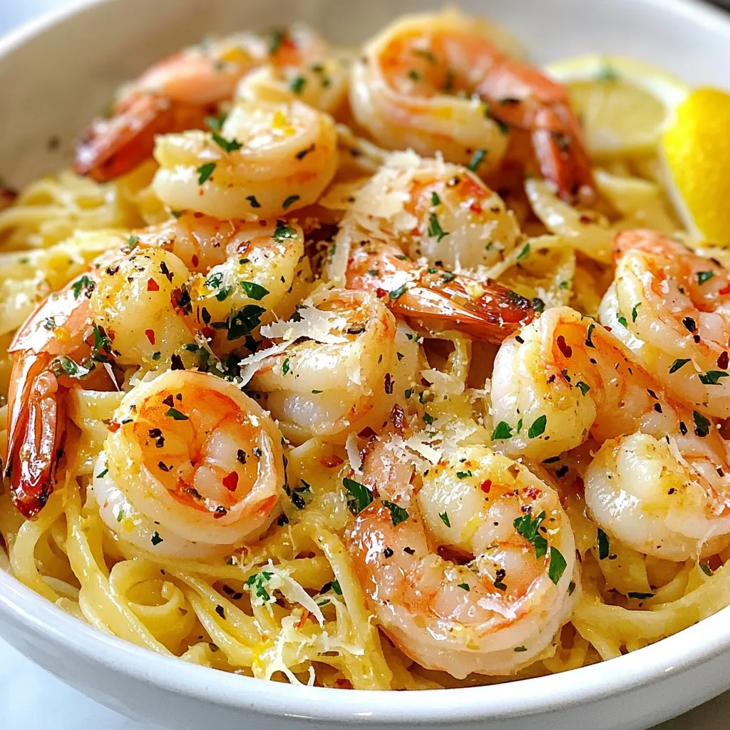 - 1 lb large shrimp, peeled and deveined The star of the dish! Fresh shrimp brings a sweet flavor and tender texture. - 8 oz linguine or spaghetti This pasta creates a great base for the sauce. It absorbs the garlic butter well. - 4 tablespoons unsalted butter Butter adds richness and depth. It helps create a smooth sauce. - 4 tablespoons olive oil Olive oil keeps the butter from burning. It adds healthy fats and flavor. - 6 cloves garlic, minced Fresh garlic gives a strong, bold flavor. It is the key to this dish. - 1 teaspoon red pepper flakes (adjust to taste) This adds a nice heat. You can use less or more based on your spice level. - 1 lemon, zested and juiced The lemon brightens the dish. The zest adds a fragrant note. - 1/4 cup fresh parsley, chopped Fresh parsley adds color and freshness. It balances the rich flavors. - Salt and pepper to taste Essential for seasoning. Adjust these to enhance the flavors. - Grated Parmesan cheese for serving (optional) This adds a salty, creamy finish. It’s not needed but is a great touch. - Vegetables like spinach or cherry tomatoes You can add veggies for more color and nutrients. They also add a nice texture. - Different herbs like basil or thyme Fresh herbs can change the flavor profile. Try them to keep it interesting. - Using whole wheat or gluten-free pasta These options suit different diets. They work well with the same cooking method. {{ingredient_image_1}} Start by cooking the pasta. Follow the package directions until it is al dente. This means it should be firm but not hard. Once done, save about 1 cup of pasta water before draining. This water is key for the sauce. It helps bind the sauce and pasta together. Set the pasta aside in a bowl. Next, grab a large skillet. Over medium heat, melt the butter and olive oil together. This mix adds flavor and richness to the dish. Now, add the minced garlic and red pepper flakes. Sauté these for 1-2 minutes. The garlic should smell nice and turn a light golden color. Be careful not to burn it. If garlic burns, it tastes bitter and ruins the dish. When it’s time to add the shrimp, make sure they are peeled and deveined. Season them with salt and pepper. Cook the shrimp for about 2-3 minutes. Flip them halfway through. You want them pink and opaque, which means they are done. After the shrimp is cooked, pour in the lemon juice and stir in the zest. This adds a bright flavor. Let it all cook together for one more minute. Then, add the drained pasta to the skillet. Toss everything well. If it looks too dry, add a little reserved pasta water. This helps keep the dish creamy and smooth. Finally, mix in the fresh parsley. Taste your dish and adjust the seasoning if needed. You can add more salt, pepper, or lemon juice. Serve it hot, with grated Parmesan on top if you like. Enjoy your meal! - Overcooking shrimp: Shrimp cook fast. They need only 2-3 minutes in the pan. If you cook them too long, they turn tough and chewy. Watch for the pink color and opaque look. That's when they are ready! - Improper seasoning techniques: Salt and pepper are your friends. Add them at the right time. Season the shrimp when you add them to the pan. Taste your dish before serving. You can always add more, but you can't take it out! - Suggestions for additional herbs and spices: Want to spice it up? Add fresh basil or thyme for more flavor. You can also try a pinch of smoked paprika for a twist. These herbs bring a fresh taste to your dish! - Recommendations for balancing acidity: Lemon juice brightens the dish, but be careful! Too much can overpower the flavors. Start with half the juice, then taste. If you want more zing, add a little more. This balance makes every bite delicious! Pro Tips Perfect Pasta: Always cook your pasta until al dente. This ensures it remains firm and holds up well in the sauce. Flavor Boost: For extra flavor, consider adding a splash of white wine after sautéing the garlic before adding the shrimp. Fresh Ingredients: Using fresh garlic and parsley can significantly enhance the dish's flavor profile compared to dried alternatives. Serving Suggestion: Pair this dish with a light salad or garlic bread for a complete meal experience. {{image_2}} You can change the protein in this dish. Try using scallops or chicken instead of shrimp. Both options will still taste great with garlic butter. If you choose chicken, cut it into bite-sized pieces. Cook it until it's golden and fully cooked through. For scallops, sauté them for just a couple of minutes until they are opaque. If you want a vegetarian meal, consider using mushrooms or firm tofu. Both will soak up the flavors well. You can sauté mushrooms until they are golden. Tofu can be cooked until crispy. This way, you keep the dish tasty without meat. Adding vegetables is a smart way to enhance your Garlic Butter Shrimp Scampi. You can toss in spinach or cherry tomatoes. Spinach adds a nice green color and nutrients. Add it just before serving, so it wilts but stays bright. Cherry tomatoes bring sweetness. Add them along with the shrimp, so they soften. If you need to adapt the dish for specific diets, consider these options. For gluten-free needs, swap the pasta for zucchini noodles or gluten-free pasta. Low-carb eaters can enjoy spaghetti squash. Make sure to adjust cooking times for these alternatives to keep everything tender and delicious. To store leftovers, first let the dish cool down. Use an airtight container for best results. This keeps the shrimp fresh and tasty. You can keep it in the fridge for up to three days. When reheating, use a skillet over low heat. Add a splash of water or broth to keep the shrimp moist. Stir often to heat evenly. Avoid using the microwave, as it can overcook the shrimp. If you want to save some for later, freezing is a great option. First, cool the dish completely. Once cooled, place it in a freezer-safe container. Make sure to leave some space at the top for expansion. You can freeze it for up to three months. When you're ready to eat it, move the container to the fridge overnight. Once thawed, reheat it gently in a skillet. Add a little water or broth to help with moisture. Enjoy your delicious Garlic Butter Shrimp Scampi even after a long day! To make Garlic Butter Shrimp Scampi from scratch, follow these steps: 1. Cook the Pasta: Boil water and add linguine or spaghetti. Cook until al dente. Save one cup of pasta water. 2. Melt Butter and Oil: In a large skillet, heat butter and olive oil over medium heat. 3. Sauté Garlic: Add minced garlic and red pepper flakes. Cook for 1-2 minutes until the garlic smells great. 4. Add Shrimp: Toss in the shrimp. Season with salt and pepper. Cook for 2-3 minutes until they turn pink. 5. Add Lemon: Pour in lemon juice and zest. Stir for a minute to mix flavors. 6. Combine Pasta: Add the drained pasta to the skillet. Toss everything well. If it’s dry, add reserved pasta water bit by bit. 7. Finish It Off: Mix in chopped parsley and adjust seasoning to taste. Serve hot, with optional Parmesan cheese. This process is simple and quick, making it great for busy nights. Yes, you can use frozen shrimp! Here’s what you need to know: - Thawing: Always thaw shrimp before cooking for best results. Place them in cold water for about 15-20 minutes. - Fresh vs. Frozen: Fresh shrimp often taste better, but frozen shrimp work well too. They are usually frozen right after being caught. - Cooking Time: If using frozen shrimp, cooking time may be slightly longer. Ensure they are fully cooked and pink before serving. Using frozen shrimp can save time and make this dish more accessible. Garlic Butter Shrimp Scampi pairs well with various side dishes. Here are some great options: - Salads: A fresh green salad with lemon vinaigrette complements the dish nicely. - Bread: Serve with crusty bread to soak up the delicious garlic butter sauce. - Vegetables: Steamed asparagus or roasted broccoli adds color and nutrition. - Wine Pairing: A crisp white wine, like Sauvignon Blanc, works well with the flavors. These sides enhance the meal and create a delightful dining experience. This blog post covered how to make a delicious Garlic Butter Shrimp Scampi. We explored the key ingredients and their roles. You learned the cooking techniques to avoid mistakes. We also discussed variations like proteins and vegetables to customize the dish. Don’t forget how to store and reheat leftovers for later enjoyment. This recipe is simple, versatile, and full of flavor. With these tips, you can create a meal that impresses anyone at your table. Enjoy cooking and experimenting with your own twist on this classic dish!