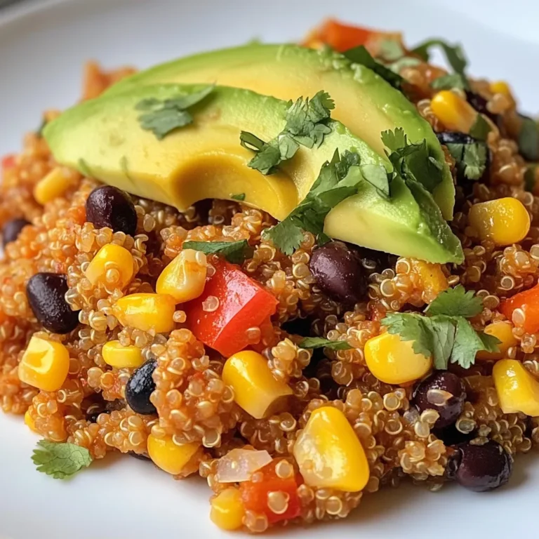 The main ingredients make this dish rich and tasty. You need: - 1 cup quinoa, rinsed and drained - 2 cups vegetable broth - 1 tablespoon olive oil - 1 small red onion, diced - 2 cloves garlic, minced - 1 red bell pepper, diced - 1 yellow bell pepper, diced - 1 can (15 oz) black beans, rinsed and drained - 1 can (15 oz) corn, drained - 1 can (14.5 oz) diced tomatoes with green chilies Quinoa is the star here. It cooks fluffy and adds protein. Vegetable broth gives it a savory base. Olive oil smooths everything out. Onions and garlic create a delicious aroma. The bell peppers add color and sweetness. Black beans bring extra protein and fiber. Corn adds a nice crunch. Lastly, the diced tomatoes add juiciness and zest. The right spices make this dish pop. You will use: - 1 tablespoon chili powder - 1 teaspoon cumin - 1 teaspoon smoked paprika - Salt and pepper to taste Chili powder gives heat and depth. Cumin adds a warm, earthy flavor. Smoked paprika brings a subtle smokiness. Salt and pepper enhance all the flavors. Mix these spices well to get a balanced taste in every bite. Garnishes make the meal look and taste even better. Use: - 1 avocado, sliced (for garnish) - Fresh cilantro, chopped (for garnish) - Lime wedges (for serving) Sliced avocado adds creaminess and healthy fats. Fresh cilantro gives a bright, fresh note. Lime wedges add zing when squeezed over the dish. Together, these garnishes make each serving feel special and fresh. Enjoy! {{ingredient_image_1}} 1. First, bring 2 cups of vegetable broth to a boil in a medium saucepan. 2. Once boiling, add 1 cup of rinsed quinoa. 3. Reduce the heat to low and cover the pot. 4. Let it cook for about 15 minutes. The quinoa will be fluffy when done. 1. While the quinoa cooks, heat 1 tablespoon of olive oil in a large skillet over medium heat. 2. Add 1 small diced red onion. Cook for 3 to 4 minutes until soft. 3. Next, add 2 cloves of minced garlic. Stir for 1 minute to avoid burning. 4. Now, toss in 1 diced red bell pepper and 1 diced yellow bell pepper. Sauté for 5 more minutes until they soften. 1. Once the veggies are ready, mix in the cooked quinoa. 2. Add 1 can of rinsed black beans, 1 can of drained corn, and 1 can of diced tomatoes with green chilies. 3. Sprinkle in 1 tablespoon of chili powder, 1 teaspoon of cumin, 1 teaspoon of smoked paprika, salt, and pepper to taste. 4. Stir everything well and heat through for about 5 to 7 minutes. Adjust the seasoning if needed. 5. Serve hot, garnished with avocado slices, fresh cilantro, and lime wedges on the side. To make quinoa great, start by rinsing it well. Rinsing removes bitter saponins. Place the quinoa in a fine mesh strainer. Rinse under cold water for about 2 minutes. This step makes your quinoa taste better. Cooking time is key. Use a 2:1 ratio of broth to quinoa. Bring the broth to a boil before adding quinoa. Reduce heat and cover. Cook for about 15 minutes. Check if it is fluffy and all liquid is gone. If needed, cook a few more minutes. Seasoning can make or break your dish. I recommend adjusting the chili powder to your taste. If you like heat, add more chili powder or some cayenne. You can also try adding a dash of hot sauce for extra kick. For deeper flavor, add some cumin and smoked paprika. These spices bring warmth and complexity. Don’t forget to taste as you go. Adjust salt and pepper to fit your needs. Serve your Tex Mex quinoa in a large bowl. It looks great with bright colors. Top each serving with sliced avocado and chopped cilantro. The green adds a nice pop to the dish. Lime wedges on the side are a must. They add freshness and zest when squeezed on top. You can also serve this dish in colorful bowls. It makes the meal feel special and fun. Pro Tips Perfectly Cooked Quinoa: To achieve fluffy quinoa, make sure to rinse it thoroughly before cooking to remove any bitterness from the saponins. This will enhance the flavor and texture. Veggie Variations: Feel free to customize the vegetables in this skillet. Zucchini, corn, or even spinach can be great additions for extra nutrition and flavor. Spice it Up: Adjust the spice levels according to your taste. If you prefer more heat, consider adding diced jalapeños or a pinch of cayenne pepper to the skillet. Meal Prep Friendly: This dish can be made ahead of time and stored in the refrigerator for up to 4 days. Reheat it quickly for a nutritious and satisfying meal. {{image_2}} You can easily boost this meal with protein. Adding chicken, shrimp, or tofu makes it heartier. If you choose chicken, cook it in the skillet before adding the vegetables. For shrimp, toss them in after the veggies soften. If you prefer tofu, make sure to press it first to remove excess water. Then, cube it and sauté it until golden. This adds a nice texture and taste. This dish is naturally vegetarian and can be made vegan by sticking to plant-based ingredients. Use vegetable broth, and skip any dairy garnishes. To make it vegan, add more beans or nuts for protein. You can also add roasted sweet potatoes for a sweet twist. Just make sure everything you use is dairy-free. Quinoa is great, but you can swap it for other grains too. Rice works well, especially brown rice for added fiber. Farro is another option that adds a chewy texture. If you want something different, try barley or bulgur wheat. Each grain gives a unique flavor and can change up this dish. Just adjust the cooking time based on the grain you select. To store leftovers of the Tex Mex Quinoa Skillet, let it cool first. Then, transfer it to an airtight container. This helps keep the dish fresh. You can store it in the fridge for up to four days. When you're ready to eat, just reheat it in the microwave or on the stove. For freezing, portion the skillet into smaller containers. Make sure you leave some space in each container. This space allows for expansion as the dish freezes. It’s best to consume it within three months for the best taste. When you want to enjoy it again, thaw it in the fridge overnight. Reheat it on the stove or in the microwave until hot. In the fridge, the Tex Mex Quinoa Skillet lasts about four days. If you freeze it, it can stay good for about three months. Always check for any off smells or changes in texture before eating. This ensures you enjoy a safe and tasty meal every time. Quinoa is a small, round seed that cooks like a grain. It is high in protein and fiber. It has all nine essential amino acids, making it a complete protein. Quinoa is also rich in vitamins and minerals, including magnesium, iron, and B vitamins. Here are key benefits: - Gluten-Free: Safe for those with gluten allergies. - High in Protein: Supports muscle growth and repair. - Rich in Fiber: Aids digestion and helps you feel full. - Low Glycemic Index: Helps maintain stable blood sugar levels. Eating quinoa can boost your health and add variety to meals. You can use it in salads, bowls, or as a side dish. Yes, you can prepare the Tex Mex quinoa skillet ahead of time. Meal prepping saves time and helps with healthy eating. Here are some tips: - Cook Quinoa in Advance: Make quinoa ahead and store it in the fridge for up to five days. - Sauté Veggies Early: You can cook the onion, garlic, and peppers and store them separately. - Combine Later: Mix the cooked quinoa, veggies, and beans when ready to eat. This dish reheats well, making it a great choice for busy days. Just warm it on the stove or in the microwave. If you don't have vegetable broth, don't worry! You can use many alternatives. Here are some great options: - Water: Simple and easy; just add extra spices for flavor. - Chicken Broth: Adds a richer taste if you are not vegetarian. - Bone Broth: A nutritious choice that adds depth to the flavor. - Homemade Broth: Simmer vegetable scraps with water for a fresh option. Feel free to use whatever you have on hand. Each choice will bring its own twist to the dish. This Tex Mex Quinoa Skillet combines wholesome ingredients and bold flavors. We covered main components like quinoa, beans, and spices that bring this dish to life. Helpful tips for cooking, enhancing flavor, and presentation can elevate your meal. Don't forget about variations to fit your diet, and easy storage tips for leftovers make this even better. It’s a fun, healthy option for any meal. Enjoy making this dish your own!