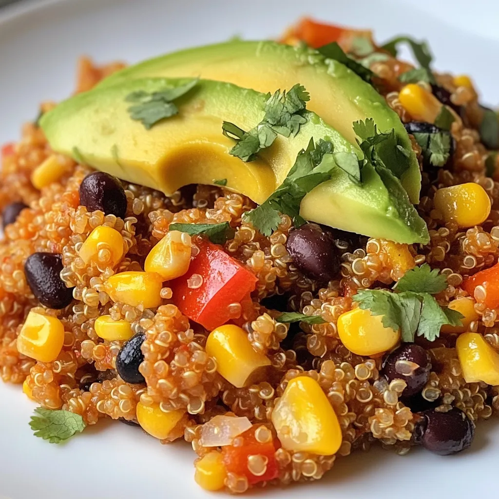 The main ingredients make this dish rich and tasty. You need: - 1 cup quinoa, rinsed and drained - 2 cups vegetable broth - 1 tablespoon olive oil - 1 small red onion, diced - 2 cloves garlic, minced - 1 red bell pepper, diced - 1 yellow bell pepper, diced - 1 can (15 oz) black beans, rinsed and drained - 1 can (15 oz) corn, drained - 1 can (14.5 oz) diced tomatoes with green chilies Quinoa is the star here. It cooks fluffy and adds protein. Vegetable broth gives it a savory base. Olive oil smooths everything out. Onions and garlic create a delicious aroma. The bell peppers add color and sweetness. Black beans bring extra protein and fiber. Corn adds a nice crunch. Lastly, the diced tomatoes add juiciness and zest. The right spices make this dish pop. You will use: - 1 tablespoon chili powder - 1 teaspoon cumin - 1 teaspoon smoked paprika - Salt and pepper to taste Chili powder gives heat and depth. Cumin adds a warm, earthy flavor. Smoked paprika brings a subtle smokiness. Salt and pepper enhance all the flavors. Mix these spices well to get a balanced taste in every bite. Garnishes make the meal look and taste even better. Use: - 1 avocado, sliced (for garnish) - Fresh cilantro, chopped (for garnish) - Lime wedges (for serving) Sliced avocado adds creaminess and healthy fats. Fresh cilantro gives a bright, fresh note. Lime wedges add zing when squeezed over the dish. Together, these garnishes make each serving feel special and fresh. Enjoy! {{ingredient_image_1}} 1. First, bring 2 cups of vegetable broth to a boil in a medium saucepan. 2. Once boiling, add 1 cup of rinsed quinoa. 3. Reduce the heat to low and cover the pot. 4. Let it cook for about 15 minutes. The quinoa will be fluffy when done. 1. While the quinoa cooks, heat 1 tablespoon of olive oil in a large skillet over medium heat. 2. Add 1 small diced red onion. Cook for 3 to 4 minutes until soft. 3. Next, add 2 cloves of minced garlic. Stir for 1 minute to avoid burning. 4. Now, toss in 1 diced red bell pepper and 1 diced yellow bell pepper. Sauté for 5 more minutes until they soften. 1. Once the veggies are ready, mix in the cooked quinoa. 2. Add 1 can of rinsed black beans, 1 can of drained corn, and 1 can of diced tomatoes with green chilies. 3. Sprinkle in 1 tablespoon of chili powder, 1 teaspoon of cumin, 1 teaspoon of smoked paprika, salt, and pepper to taste. 4. Stir everything well and heat through for about 5 to 7 minutes. Adjust the seasoning if needed. 5. Serve hot, garnished with avocado slices, fresh cilantro, and lime wedges on the side. To make quinoa great, start by rinsing it well. Rinsing removes bitter saponins. Place the quinoa in a fine mesh strainer. Rinse under cold water for about 2 minutes. This step makes your quinoa taste better. Cooking time is key. Use a 2:1 ratio of broth to quinoa. Bring the broth to a boil before adding quinoa. Reduce heat and cover. Cook for about 15 minutes. Check if it is fluffy and all liquid is gone. If needed, cook a few more minutes. Seasoning can make or break your dish. I recommend adjusting the chili powder to your taste. If you like heat, add more chili powder or some cayenne. You can also try adding a dash of hot sauce for extra kick. For deeper flavor, add some cumin and smoked paprika. These spices bring warmth and complexity. Don’t forget to taste as you go. Adjust salt and pepper to fit your needs. Serve your Tex Mex quinoa in a large bowl. It looks great with bright colors. Top each serving with sliced avocado and chopped cilantro. The green adds a nice pop to the dish. Lime wedges on the side are a must. They add freshness and zest when squeezed on top. You can also serve this dish in colorful bowls. It makes the meal feel special and fun. Pro Tips Perfectly Cooked Quinoa: To achieve fluffy quinoa, make sure to rinse it thoroughly before cooking to remove any bitterness from the saponins. This will enhance the flavor and texture. Veggie Variations: Feel free to customize the vegetables in this skillet. Zucchini, corn, or even spinach can be great additions for extra nutrition and flavor. Spice it Up: Adjust the spice levels according to your taste. If you prefer more heat, consider adding diced jalapeños or a pinch of cayenne pepper to the skillet. Meal Prep Friendly: This dish can be made ahead of time and stored in the refrigerator for up to 4 days. Reheat it quickly for a nutritious and satisfying meal. {{image_2}} You can easily boost this meal with protein. Adding chicken, shrimp, or tofu makes it heartier. If you choose chicken, cook it in the skillet before adding the vegetables. For shrimp, toss them in after the veggies soften. If you prefer tofu, make sure to press it first to remove excess water. Then, cube it and sauté it until golden. This adds a nice texture and taste. This dish is naturally vegetarian and can be made vegan by sticking to plant-based ingredients. Use vegetable broth, and skip any dairy garnishes. To make it vegan, add more beans or nuts for protein. You can also add roasted sweet potatoes for a sweet twist. Just make sure everything you use is dairy-free. Quinoa is great, but you can swap it for other grains too. Rice works well, especially brown rice for added fiber. Farro is another option that adds a chewy texture. If you want something different, try barley or bulgur wheat. Each grain gives a unique flavor and can change up this dish. Just adjust the cooking time based on the grain you select. To store leftovers of the Tex Mex Quinoa Skillet, let it cool first. Then, transfer it to an airtight container. This helps keep the dish fresh. You can store it in the fridge for up to four days. When you're ready to eat, just reheat it in the microwave or on the stove. For freezing, portion the skillet into smaller containers. Make sure you leave some space in each container. This space allows for expansion as the dish freezes. It’s best to consume it within three months for the best taste. When you want to enjoy it again, thaw it in the fridge overnight. Reheat it on the stove or in the microwave until hot. In the fridge, the Tex Mex Quinoa Skillet lasts about four days. If you freeze it, it can stay good for about three months. Always check for any off smells or changes in texture before eating. This ensures you enjoy a safe and tasty meal every time. Quinoa is a small, round seed that cooks like a grain. It is high in protein and fiber. It has all nine essential amino acids, making it a complete protein. Quinoa is also rich in vitamins and minerals, including magnesium, iron, and B vitamins. Here are key benefits: - Gluten-Free: Safe for those with gluten allergies. - High in Protein: Supports muscle growth and repair. - Rich in Fiber: Aids digestion and helps you feel full. - Low Glycemic Index: Helps maintain stable blood sugar levels. Eating quinoa can boost your health and add variety to meals. You can use it in salads, bowls, or as a side dish. Yes, you can prepare the Tex Mex quinoa skillet ahead of time. Meal prepping saves time and helps with healthy eating. Here are some tips: - Cook Quinoa in Advance: Make quinoa ahead and store it in the fridge for up to five days. - Sauté Veggies Early: You can cook the onion, garlic, and peppers and store them separately. - Combine Later: Mix the cooked quinoa, veggies, and beans when ready to eat. This dish reheats well, making it a great choice for busy days. Just warm it on the stove or in the microwave. If you don't have vegetable broth, don't worry! You can use many alternatives. Here are some great options: - Water: Simple and easy; just add extra spices for flavor. - Chicken Broth: Adds a richer taste if you are not vegetarian. - Bone Broth: A nutritious choice that adds depth to the flavor. - Homemade Broth: Simmer vegetable scraps with water for a fresh option. Feel free to use whatever you have on hand. Each choice will bring its own twist to the dish. This Tex Mex Quinoa Skillet combines wholesome ingredients and bold flavors. We covered main components like quinoa, beans, and spices that bring this dish to life. Helpful tips for cooking, enhancing flavor, and presentation can elevate your meal. Don't forget about variations to fit your diet, and easy storage tips for leftovers make this even better. It’s a fun, healthy option for any meal. Enjoy making this dish your own!
