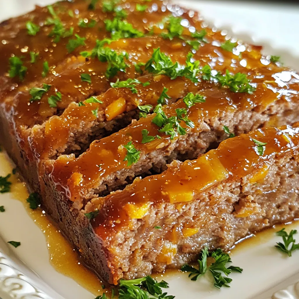 - 1 lb ground beef (or a mix of beef and turkey) - 1 cup breadcrumbs - 1/2 cup finely chopped onion - 1/2 cup grated carrots - 2 cloves garlic, minced - 1/4 cup milk - 1 egg, beaten - 1 tsp dried oregano - 1 tsp salt - 1/2 tsp black pepper For this meatloaf, I love using a blend of ground beef and turkey. It adds flavor while keeping it light. Breadcrumbs keep the meatloaf moist and give it the right texture. Chopped onion and grated carrots add sweetness and a pop of color. The minced garlic gives a nice kick. The milk helps bind everything, while the egg adds richness. - 1/4 cup honey - 1/4 cup ketchup - 2 tbsp soy sauce - 1 tbsp apple cider vinegar The glaze is where the magic happens! Honey brings a sweet touch. Ketchup adds depth and tang. Soy sauce gives umami, while apple cider vinegar adds a little zing. This glaze makes your meatloaf shine and taste amazing. - Chopped parsley Chopped parsley is a great way to finish your meatloaf. It adds a fresh look and a hint of flavor. You can sprinkle it on right before serving for a fun touch. This list of ingredients is simple yet full of flavor. Each part plays a role in making your honey garlic glazed meatloaf a hit! {{ingredient_image_1}} - Preheat your oven to 350°F (175°C). This step is key for cooking the meatloaf evenly. - Grease a baking dish or line it with parchment paper. This helps the meatloaf not stick. - In a large bowl, combine the ground beef, breadcrumbs, chopped onion, grated carrots, minced garlic, milk, beaten egg, oregano, salt, and black pepper. - Mix well until all ingredients are integrated. You want a uniform mixture for a tasty meatloaf. - Shape the mixture into a loaf form and place it in the prepared baking dish. Make it smooth for best results. - In a separate bowl, whisk together the honey, ketchup, soy sauce, and apple cider vinegar to create the glaze. This adds great flavor. - Pour half of the glaze over the meatloaf, spreading it evenly. Reserve the remaining glaze for later. - Bake in the preheated oven for about 50-60 minutes. Check that the internal temperature reaches 160°F (70°C). - During the last 10 minutes of baking, brush the remaining glaze over the meatloaf. This gives it a nice shine and extra flavor. Preheat your oven to 350°F (175°C). This is the best temperature for cooking meatloaf. It helps the meat cook evenly while keeping it moist. Grease your baking dish or line it with parchment paper to prevent sticking. Cook the meatloaf for 50-60 minutes. This time can vary based on your oven and meatloaf size. To be sure it's done, check the internal temperature. It should reach 160°F (70°C). A meat thermometer is helpful here. After baking, let the meatloaf rest for about 10 minutes. This step is very important. Resting helps the juices settle. If you slice too soon, it may fall apart. Serve the meatloaf hot, and feel free to add chopped parsley on top for a fresh look. Enjoy it with your favorite sides! Pro Tips Resting Time: Allow the meatloaf to rest for at least 10 minutes after baking. This helps the juices redistribute, making it more flavorful and easier to slice. Meat Mixture: For a leaner option, consider using ground turkey or a mix of turkey and beef. This will reduce the fat content while still keeping it moist. Glaze Variation: Feel free to customize the glaze by adding your favorite spices or a dash of hot sauce for extra heat. This can elevate the flavor profile of your meatloaf. Serving Suggestions: Pair your honey garlic glazed meatloaf with mashed potatoes or a side of steamed vegetables for a complete meal. {{image_2}} To keep your meatloaf moist, add a little milk and grated carrots. These ingredients help trap moisture. When mixing the meat and other ingredients, use your hands. This helps blend everything evenly without overworking the meat. Overmixing can lead to a tough texture, which we want to avoid. You can boost the flavor by adding fresh herbs like parsley or thyme. Try a pinch of red pepper flakes for a little heat. For the glaze, feel free to swap out honey for maple syrup or brown sugar. Both options add a unique twist to the classic glaze. One big mistake is undercooking the meatloaf. Always check the internal temperature. It should reach 160°F (70°C). Another mistake is slicing too soon. Letting it rest for about 10 minutes helps the juices settle. This makes each slice more flavorful and moist. You can change the meat in this recipe. Ground turkey or chicken works great. They make the dish lighter and just as tasty. If you want a fun twist, try a mix of beef and turkey. This keeps the flavor rich while reducing fat. For a meatless option, use lentils or chickpeas. They add protein and fiber. Mash them up and mix with breadcrumbs and eggs. This version is not only healthy but also delicious. Try a spicy honey garlic glaze for some heat. Add a teaspoon of chili flakes or hot sauce to the glaze. This gives the meatloaf a nice kick. You can also mix in some chopped jalapeños for extra flavor. Adding other vegetables is another fun idea. Bell peppers, zucchini, or spinach blend well. Just chop them finely and mix into the meat. This adds more nutrition and makes the meatloaf colorful. The meatloaf pairs well with many side dishes. Try mashed potatoes, roasted veggies, or a fresh salad. These sides balance the sweetness of the glaze. You can also use the meatloaf in sandwiches. Slice it thick and place it on bread with lettuce and tomato. This makes a tasty lunch or snack. The leftovers are just as good, making them perfect for meal prep! To keep your honey garlic glazed meatloaf fresh, place it in the fridge. Wrap it tightly in plastic wrap or foil. You can also use an airtight container. It will last up to four days. For long-term storage, freeze the meatloaf. Slice it first for easy serving. Place slices in freezer bags, removing as much air as possible. This way, it lasts up to three months. When reheating your leftovers, the best method is the oven. Preheat the oven to 350°F (175°C). Place the meatloaf on a baking sheet. Cover it with foil to keep it moist. Heat for about 20 minutes or until warm. You can also use the microwave. Place a slice on a microwave-safe plate. Cover it with a damp paper towel. Heat for one to two minutes, checking often. This keeps the texture and flavor nice. For quick meals, you can prepare the meatloaf ahead of time. Mix the ingredients and shape the loaf. Store it in the fridge for up to a day before baking. You can also cook it fully and then slice it. Portion the slices into meal containers. This makes it easy to grab a meal on busy days. Just heat and enjoy! You can use crushed crackers, oatmeal, or cornmeal. Each option adds a different flavor and texture. If you want to avoid gluten, try using ground oats or gluten-free breadcrumbs. They will work well in the meatloaf. Yes! To make it gluten-free, use gluten-free breadcrumbs. You can also swap in oats or crushed rice crackers. These ingredients will keep the meatloaf moist and tasty. The best way to check is to use a meat thermometer. Insert it into the center of the meatloaf. It should read 160°F (70°C) when fully cooked. If you don’t have a thermometer, cut into the meatloaf. The juices should run clear, not pink. Yes, you can freeze it! Let the meatloaf cool completely before wrapping it tightly in foil or plastic wrap. Place it in a freezer-safe bag. It can last up to three months in the freezer. Thaw it in the fridge before reheating. Some great sides include mashed potatoes, steamed green beans, or a fresh salad. You can also serve it with roasted vegetables or rice. These sides balance the sweet glaze and make a complete meal. This blog covers how to make the best honey garlic meatloaf. We discussed key ingredients like ground meat, breadcrumbs, and the sweet glaze. You learned step-by-step instructions for preparation, cooking, and serving. I also shared tips for flavor, avoiding mistakes, and storage ideas. In the end, enjoy customizing this recipe to suit your taste. A delicious meatloaf can bring comfort to any meal. Trust my tips to create a dish you’ll love sharing.