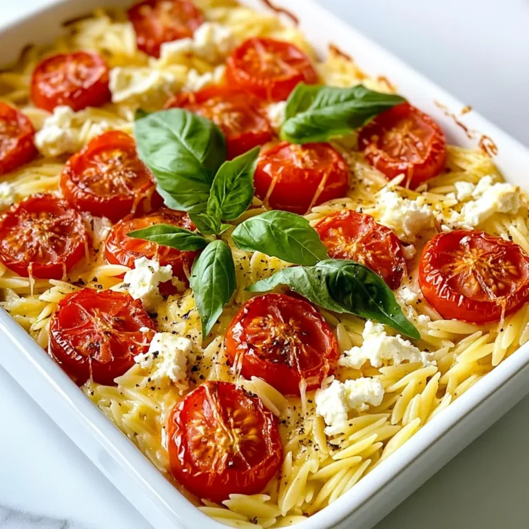 To make the Feta Tomato Orzo Bake, you need a few simple and fresh ingredients. Here’s what you’ll need: - 1 ½ cups orzo pasta - 3 cups cherry tomatoes, halved - 1 cup feta cheese, crumbled - 2 tablespoons olive oil - 3 cloves garlic, minced - 1 teaspoon dried oregano - 1 teaspoon dried basil - ½ teaspoon red pepper flakes (optional) - Salt and pepper to taste - Fresh basil leaves for garnish Each ingredient plays an important role in this dish. The orzo pasta gives a nice bite and texture. Cherry tomatoes add a burst of sweetness. Feta cheese brings creaminess and tang. Olive oil helps blend the flavors together, while garlic adds a kick. Dried oregano and basil give a nice herby taste. If you like heat, add red pepper flakes for a spicy touch. Don’t forget salt and pepper to enhance all the flavors. Finally, fresh basil leaves make a beautiful garnish that brightens the dish. Gather these ingredients, and you're ready to create a flavorful meal that is both simple and satisfying. {{ingredient_image_1}} Start by preheating your oven to 400°F (200°C). This step is key to cooking the dish right. While the oven heats, grab a large pot and fill it with water. Add salt to the water, then bring it to a boil. Once the water bubbles, add 1 ½ cups of orzo pasta. Cook it until it's al dente, following the package's instructions. Drain the orzo and set it aside. Make sure the orzo is not overcooked, as it will bake more in the oven. In a large mixing bowl, combine 3 cups of halved cherry tomatoes with 2 tablespoons of olive oil. Add in 3 minced garlic cloves, 1 teaspoon of dried oregano, and 1 teaspoon of dried basil. If you like some heat, toss in ½ teaspoon of red pepper flakes. Season the mix with salt and pepper to taste. Carefully toss everything together until the tomatoes are evenly coated. Next, add the cooked orzo and 1 cup of crumbled feta cheese. Gently mix until all the ingredients blend well. Now it's time to bake! Transfer your mixture into a greased 9x13 inch baking dish. Spread it evenly across the dish. Cover it with aluminum foil and place it in your preheated oven. Bake for 20 minutes. This helps the flavors meld together. After 20 minutes, carefully remove the foil. Bake for an additional 10 minutes. This is when the tomatoes will blister, and the feta will turn slightly golden. Once done, take it out of the oven and let it cool for a few minutes. Garnish with fresh basil leaves to add a nice touch. To get the best flavor in your Feta Tomato Orzo Bake, use ripe cherry tomatoes. Their natural sweetness boosts taste. Fresh garlic adds a strong, bold flavor, so don't skip it. I recommend using high-quality feta cheese for a rich, creamy texture. A drizzle of olive oil enhances all the flavors. Don’t forget the herbs! Dried oregano and basil bring warmth. For a bit of heat, add red pepper flakes. Mix everything well to blend the flavors. One common mistake is overcooking the orzo. Cook it just until al dente, so it remains firm. If you skip draining the orzo, it can make the dish watery. Be sure to mix the feta gently to avoid crumbling it too much. When baking, cover the dish with foil. This keeps moisture in and helps cook the tomatoes evenly. Remove the foil to get that nice, golden top at the end. Always taste before serving and adjust salt and pepper as needed. This dish pairs well with a simple green salad. A mix of greens with a light vinaigrette balances the richness. You can also serve it with crusty bread to soak up the delicious juices. For drinks, a chilled white wine is perfect. If you want a heartier meal, add grilled chicken or shrimp on the side. Fresh basil leaves on top add a pop of color and flavor. Enjoy your meal with family or friends for a cozy dinner. Pro Tips Use Fresh Ingredients: Fresh cherry tomatoes and high-quality feta cheese will elevate the flavor of your dish. Don’t Overcook the Orzo: Cook the orzo until al dente to ensure it maintains a good texture after baking. Customize Your Herbs: Feel free to experiment with different herbs like thyme or rosemary for a unique flavor profile. Let It Rest: Allow the dish to cool for a few minutes after baking; it helps the flavors meld together beautifully. {{image_2}} You can switch feta for other cheeses. Try goat cheese for a tangy twist. Mozzarella melts well and gives a creamy texture. Parmesan adds a nutty flavor. Each cheese brings its own taste. Experiment and find your favorite! Want to make this dish heartier? Add protein! Cooked chicken or shrimp works great. You could also use chickpeas or white beans for a veggie option. Just mix them in with the orzo and tomatoes. This adds protein and keeps it filling. Make this dish even more colorful! Add seasonal veggies like zucchini or bell peppers. Spinach or kale can give a nice green touch. Just chop them up and toss them in. This not only boosts flavor but also adds nutrition. Enjoy your creative spin on this recipe! After you enjoy your Feta Tomato Orzo Bake, store leftovers in an airtight container. This helps keep the flavors fresh and prevents drying out. Let the dish cool down before sealing it. You can keep it in the fridge for up to four days. When you’re ready to eat, just take it out and reheat. If you want to save some for later, freezing is a great option. First, let the Feta Tomato Orzo Bake cool completely. Then, place it in a freezer-safe container. You can also use freezer bags for easy storage. It will stay good in the freezer for about three months. To thaw, move it to the fridge a day before you plan to eat it. To reheat, you can use the oven or the microwave. For the oven, preheat it to 350°F (175°C). Place the dish in an oven-safe dish, cover it with foil, and heat for about 15 to 20 minutes. This keeps it moist. If using the microwave, put a serving on a plate and heat for 1 to 2 minutes. Stir halfway through to ensure even warming. Enjoy the great taste again! You can store Feta Tomato Orzo Bake in the fridge for up to five days. Make sure to place it in an airtight container. This keeps it fresh and tasty. The flavors can meld together over time, making it even better. When ready to eat, check for any signs of spoilage before reheating. Yes, you can make this dish ahead of time. Prepare the Feta Tomato Orzo Bake up to a day in advance. Just follow the recipe steps but stop before baking. Cover the dish tightly and place it in the fridge. When you're ready to eat, bake it straight from the fridge. You may need to add a few extra minutes to the baking time. If you need a substitute for feta cheese, try using goat cheese or ricotta. Goat cheese has a similar tangy flavor, while ricotta is creamier. You can also use cottage cheese for a lighter option. Keep in mind that these cheeses will change the dish's texture and taste, but they will still be delicious! This dish of Feta Tomato Orzo Bake uses simple ingredients to create great taste. We preheat, cook, and mix everything for perfect flavor. I shared tips to avoid mistakes and ways to add your twist. Always store leftovers properly and reheat with care. This recipe is fun to make and delicious to eat. Enjoy every bite and feel free to experiment! Happy cooking with your new favorite dish.
