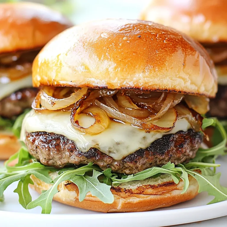 To make the best Caramelized Onion Swiss Burgers, you need a few key ingredients. Here’s what you’ll need: - Ground beef (80/20 blend) - Salt and pepper - Swiss cheese - Onions - Butter and olive oil - Burger buns - Dijon mustard (optional) - Toppings (arugula or lettuce) These ingredients come together to create a juicy and flavorful burger. The ground beef gives the patty its richness. The Swiss cheese adds a nice, creamy texture that melts beautifully. Onions, when caramelized, bring out a sweet flavor that pairs perfectly with the savory beef. Using butter and olive oil helps to caramelize the onions to a golden brown. The burger buns hold everything together and add a satisfying crunch when toasted. You can always add Dijon mustard for a little kick, but fresh arugula or lettuce adds a crisp bite. This list is simple but essential for that perfect burger experience. Make sure to gather everything before you start cooking. Having all your ingredients ready will make the process smoother and more fun! {{ingredient_image_1}} To start, set your skillet over medium heat. Add two tablespoons of butter and one tablespoon of olive oil. Let them melt together. Once melted, add two large onions, thinly sliced. Stir the onions every few minutes. This helps them cook evenly. Cook for about 20 to 25 minutes. You want them soft and golden brown. Lightly season with salt. This will bring out their natural sweetness. While the onions cook, it's time to prepare the patties. Take one pound of ground beef and divide it into four equal portions. Shape each portion gently into a patty, about three-quarters of an inch thick. Use your thumb to make a small indentation in the center of each patty. This keeps them flat while cooking. Season both sides with salt and pepper. Next, choose your cooking method. You can use a skillet or a grill. Heat it to medium-high. Add the burger patties and cook for about four to five minutes. Look for a nice browning on one side. Then, flip the patties over. After flipping, place a slice of Swiss cheese on each patty. It's best to cover the skillet with a lid. This helps the cheese melt quickly. Cook for another three to four minutes. Check the doneness to ensure it's to your liking. While the burgers cook, you can toast the buns. Use a separate skillet or place them under the broiler. Lightly toast until they are golden brown. Timing is key here, so keep an eye on them. You want them crisp but not burnt. Now it's time to build your burger. On the bottom half of each bun, spread a thin layer of Dijon mustard if you like. Place the cooked patty with melted Swiss cheese on top. Add a generous helping of caramelized onions next. If you want, layer fresh arugula or lettuce on top. Finally, place the other half of the bun on top. Enjoy your delicious creation! To make great caramelized onions, you need patience. Cook them low and slow. Start with medium heat. Let the onions soften and turn golden brown over about 20-25 minutes. Stir them occasionally. This helps them cook evenly. A pinch of salt brings out their sweetness. If you want more flavor, add a bit of balsamic vinegar or a sprinkle of sugar halfway through cooking. This boosts the taste even more. The choice of ground beef is key for your burger. I recommend using an 80/20 blend. This means 80% lean meat and 20% fat. This mix gives you juicy burgers. If you choose a leaner mix, like 90/10, your burger may dry out. The fat helps with flavor and moisture. Always season your beef with salt and pepper. This simple step adds great taste. Your burger can be as unique as you want! Try adding Dijon mustard for a tangy kick. Fresh arugula or lettuce adds a nice crunch. For grill marks, press down lightly on the patties while they cook. This gives that great outdoor grill look. You can also experiment with toppings like pickles, tomatoes, or even avocado. The choice is yours, so be creative! Pro Tips Perfect Patty Shape: Ensure your patties are slightly larger than the buns, as they will shrink while cooking. This helps avoid any burger-to-bun ratio issues! Onion Caramelization: Stir the onions occasionally but allow them to sit undisturbed for a few minutes at a time. This enhances their caramelization and deepens the flavor. Cheese Melting: Covering the skillet with a lid when adding cheese helps trap steam, ensuring it melts evenly over the burger. Flavor Boost: For an extra layer of flavor, consider adding a splash of balsamic vinegar to the caramelized onions towards the end of cooking. {{image_2}} You can change the cheese to suit your taste. Try Gouda for a smoky flavor. Cheddar adds a sharp bite, while blue cheese gives a tangy twist. Each cheese pairs well with toppings. For instance, Gouda complements crispy bacon. Cheddar works great with fresh tomatoes. Blue cheese adds depth to caramelized onions. If you want a lighter option, use ground turkey or chicken. They still taste great with caramelized onions. For a vegetarian choice, try black bean patties. Lentil patties also work well and have a hearty texture. Both options soak up flavors nicely. Get creative with your burger mix! Add spices like garlic powder or cumin to the meat. This gives your burgers a flavorful kick. For toppings, consider caramelized mushrooms for an earthy taste. Crispy bacon adds crunch and a savory element. Each twist makes your burger unique and fun! To keep your burger patties fresh, place them in a sealed container. Store them in the fridge for up to three days. For longer storage, you can freeze them. Wrap each patty in plastic wrap, then place them in a freezer bag. They will stay good for about three months. When you're ready to eat, just thaw them overnight in the fridge. Store your caramelized onions in an airtight container. They will stay fresh in the fridge for about a week. To keep the flavor strong, avoid keeping them near strong-smelling foods. When you're ready to use them, reheat them in a skillet over low heat. Stir occasionally until they warm through. If you have unopened burger buns, store them in a cool, dry place. Once opened, keep the buns in a sealed bag to avoid drying out. For day-old buns, you can toast them to bring back some crispness. Just place them in a skillet or under the broiler for a few minutes until golden. This adds great texture to your burgers! To check if your burger is done, use a meat thermometer. Insert it into the center of the patty. For beef, aim for 160°F for safety. You can also look at the burger's color. The juices should run clear, not pink. The meat should look brown on the outside. Press the patty gently; it should feel firm but springy. These steps will help you cook a safe and tasty burger. Yes, you can make caramelized onions ahead of time. Cook them and let them cool. Store them in an airtight container in the fridge. They will stay fresh for up to five days. When you're ready to use them, just reheat in a pan over medium heat. Add a splash of water or oil if they seem dry. This will bring back the sweet, rich flavor you love. Fries are a classic side that goes well with burgers. You can choose regular potato fries or sweet potato fries for a twist. Salads also make a great match. A simple green salad with vinaigrette or a creamy coleslaw can add freshness. For drinks, try a cold soda, iced tea, or a light beer. These beverages balance the rich flavors of the burger and keep the meal refreshing. Making a Caramelized Onion Swiss Burger is simple and fun. We covered the key ingredients, from juicy ground beef to the sweetness of caramelized onions. I shared easy steps to craft the perfect burger at home. Don’t forget the tips for customization and storage to keep meals fresh. Enjoy experimenting with different cheeses or toppings to find your favorite combination. With practice, you’ll impress your friends and family with delicious burgers every time. Keep these steps in mind, and have fun in the kitchen!
