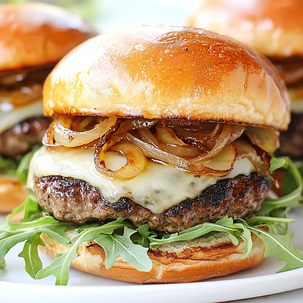 To make the best Caramelized Onion Swiss Burgers, you need a few key ingredients. Here’s what you’ll need: - Ground beef (80/20 blend) - Salt and pepper - Swiss cheese - Onions - Butter and olive oil - Burger buns - Dijon mustard (optional) - Toppings (arugula or lettuce) These ingredients come together to create a juicy and flavorful burger. The ground beef gives the patty its richness. The Swiss cheese adds a nice, creamy texture that melts beautifully. Onions, when caramelized, bring out a sweet flavor that pairs perfectly with the savory beef. Using butter and olive oil helps to caramelize the onions to a golden brown. The burger buns hold everything together and add a satisfying crunch when toasted. You can always add Dijon mustard for a little kick, but fresh arugula or lettuce adds a crisp bite. This list is simple but essential for that perfect burger experience. Make sure to gather everything before you start cooking. Having all your ingredients ready will make the process smoother and more fun! {{ingredient_image_1}} To start, set your skillet over medium heat. Add two tablespoons of butter and one tablespoon of olive oil. Let them melt together. Once melted, add two large onions, thinly sliced. Stir the onions every few minutes. This helps them cook evenly. Cook for about 20 to 25 minutes. You want them soft and golden brown. Lightly season with salt. This will bring out their natural sweetness. While the onions cook, it's time to prepare the patties. Take one pound of ground beef and divide it into four equal portions. Shape each portion gently into a patty, about three-quarters of an inch thick. Use your thumb to make a small indentation in the center of each patty. This keeps them flat while cooking. Season both sides with salt and pepper. Next, choose your cooking method. You can use a skillet or a grill. Heat it to medium-high. Add the burger patties and cook for about four to five minutes. Look for a nice browning on one side. Then, flip the patties over. After flipping, place a slice of Swiss cheese on each patty. It's best to cover the skillet with a lid. This helps the cheese melt quickly. Cook for another three to four minutes. Check the doneness to ensure it's to your liking. While the burgers cook, you can toast the buns. Use a separate skillet or place them under the broiler. Lightly toast until they are golden brown. Timing is key here, so keep an eye on them. You want them crisp but not burnt. Now it's time to build your burger. On the bottom half of each bun, spread a thin layer of Dijon mustard if you like. Place the cooked patty with melted Swiss cheese on top. Add a generous helping of caramelized onions next. If you want, layer fresh arugula or lettuce on top. Finally, place the other half of the bun on top. Enjoy your delicious creation! To make great caramelized onions, you need patience. Cook them low and slow. Start with medium heat. Let the onions soften and turn golden brown over about 20-25 minutes. Stir them occasionally. This helps them cook evenly. A pinch of salt brings out their sweetness. If you want more flavor, add a bit of balsamic vinegar or a sprinkle of sugar halfway through cooking. This boosts the taste even more. The choice of ground beef is key for your burger. I recommend using an 80/20 blend. This means 80% lean meat and 20% fat. This mix gives you juicy burgers. If you choose a leaner mix, like 90/10, your burger may dry out. The fat helps with flavor and moisture. Always season your beef with salt and pepper. This simple step adds great taste. Your burger can be as unique as you want! Try adding Dijon mustard for a tangy kick. Fresh arugula or lettuce adds a nice crunch. For grill marks, press down lightly on the patties while they cook. This gives that great outdoor grill look. You can also experiment with toppings like pickles, tomatoes, or even avocado. The choice is yours, so be creative! Pro Tips Perfect Patty Shape: Ensure your patties are slightly larger than the buns, as they will shrink while cooking. This helps avoid any burger-to-bun ratio issues! Onion Caramelization: Stir the onions occasionally but allow them to sit undisturbed for a few minutes at a time. This enhances their caramelization and deepens the flavor. Cheese Melting: Covering the skillet with a lid when adding cheese helps trap steam, ensuring it melts evenly over the burger. Flavor Boost: For an extra layer of flavor, consider adding a splash of balsamic vinegar to the caramelized onions towards the end of cooking. {{image_2}} You can change the cheese to suit your taste. Try Gouda for a smoky flavor. Cheddar adds a sharp bite, while blue cheese gives a tangy twist. Each cheese pairs well with toppings. For instance, Gouda complements crispy bacon. Cheddar works great with fresh tomatoes. Blue cheese adds depth to caramelized onions. If you want a lighter option, use ground turkey or chicken. They still taste great with caramelized onions. For a vegetarian choice, try black bean patties. Lentil patties also work well and have a hearty texture. Both options soak up flavors nicely. Get creative with your burger mix! Add spices like garlic powder or cumin to the meat. This gives your burgers a flavorful kick. For toppings, consider caramelized mushrooms for an earthy taste. Crispy bacon adds crunch and a savory element. Each twist makes your burger unique and fun! To keep your burger patties fresh, place them in a sealed container. Store them in the fridge for up to three days. For longer storage, you can freeze them. Wrap each patty in plastic wrap, then place them in a freezer bag. They will stay good for about three months. When you're ready to eat, just thaw them overnight in the fridge. Store your caramelized onions in an airtight container. They will stay fresh in the fridge for about a week. To keep the flavor strong, avoid keeping them near strong-smelling foods. When you're ready to use them, reheat them in a skillet over low heat. Stir occasionally until they warm through. If you have unopened burger buns, store them in a cool, dry place. Once opened, keep the buns in a sealed bag to avoid drying out. For day-old buns, you can toast them to bring back some crispness. Just place them in a skillet or under the broiler for a few minutes until golden. This adds great texture to your burgers! To check if your burger is done, use a meat thermometer. Insert it into the center of the patty. For beef, aim for 160°F for safety. You can also look at the burger's color. The juices should run clear, not pink. The meat should look brown on the outside. Press the patty gently; it should feel firm but springy. These steps will help you cook a safe and tasty burger. Yes, you can make caramelized onions ahead of time. Cook them and let them cool. Store them in an airtight container in the fridge. They will stay fresh for up to five days. When you're ready to use them, just reheat in a pan over medium heat. Add a splash of water or oil if they seem dry. This will bring back the sweet, rich flavor you love. Fries are a classic side that goes well with burgers. You can choose regular potato fries or sweet potato fries for a twist. Salads also make a great match. A simple green salad with vinaigrette or a creamy coleslaw can add freshness. For drinks, try a cold soda, iced tea, or a light beer. These beverages balance the rich flavors of the burger and keep the meal refreshing. Making a Caramelized Onion Swiss Burger is simple and fun. We covered the key ingredients, from juicy ground beef to the sweetness of caramelized onions. I shared easy steps to craft the perfect burger at home. Don’t forget the tips for customization and storage to keep meals fresh. Enjoy experimenting with different cheeses or toppings to find your favorite combination. With practice, you’ll impress your friends and family with delicious burgers every time. Keep these steps in mind, and have fun in the kitchen!