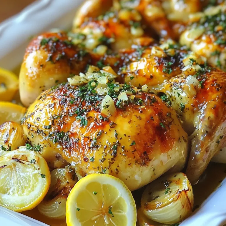 For this dish, you need one whole chicken. Aim for a weight of about 4-5 pounds. A good size ensures even cooking and juicy meat. Fresh chicken tastes best, so choose one from a trusted source. Fresh herbs make the flavors pop. You will need: - 1 tablespoon fresh rosemary, chopped - 1 tablespoon fresh thyme leaves - 1 tablespoon fresh parsley, chopped These herbs add depth and brightness to the chicken. They work well together, giving it a fresh taste. A few extra ingredients boost the flavor: - 1 head of garlic, cloves separated and peeled - 1 lemon, halved - 1 onion, quartered - 2 tablespoons olive oil - Salt and pepper to taste - 1 teaspoon paprika Garlic provides a rich, savory note. Lemon adds brightness, while onion enhances sweetness. Olive oil helps the herbs stick and adds moisture. Salt and pepper bring all the flavors together. Paprika offers a hint of warmth and color. These simple ingredients create an incredibly tasty dish. {{ingredient_image_1}} First, preheat your oven to 425°F (220°C). This high heat helps the chicken brown nicely. Next, take your whole chicken and pat it dry with paper towels. This step is key. A dry chicken skin crisps up better when cooking. Season the cavity with salt and pepper. This adds flavor inside the chicken. In a small bowl, mix together the olive oil, chopped rosemary, thyme leaves, parsley, paprika, salt, and pepper. This blend gives your chicken a burst of flavor. Make sure to blend it well to form a smooth paste. You want this mixture to coat the chicken evenly. Take the herb paste and rub it all over the outside of the chicken. Be sure to cover every part. Then, stuff the cavity with lemon halves, quartered onion, and peeled garlic cloves. These ingredients add moisture and flavor as the chicken roasts. Place the chicken in a roasting pan, breast side up. If you have a rack, use it. This allows heat to circulate around the chicken. Roast it in the oven for about 1 hour and 15 minutes. To check if it's done, the internal temperature should reach 165°F (75°C). Halfway through, baste the chicken with its own juices. This keeps the meat juicy and flavorful. When it's done, let the chicken rest for 10-15 minutes before carving. This helps the juices settle, making every bite tender. To get juicy chicken, start with a good rub. Use the herb paste made with olive oil and fresh herbs. This paste helps lock in the moisture. It also adds a lot of flavor. Make sure to rub it under the skin, too. This step makes the meat tender and tasty. Roasting at 425°F (220°C) helps create a crispy skin while keeping the inside moist. Let the chicken rest after cooking for at least 10 minutes. This allows the juices to spread evenly throughout the meat. Basting is key to keeping your chicken juicy. Halfway through roasting, open the oven carefully. Use a spoon or baster to scoop up the pan juices. Pour these juices over the chicken. This adds flavor and moisture. Do not open the oven too often. Each time you do, heat escapes. Aim to baste once to keep cooking time steady. If you want to make it easy, baste the chicken every 30 minutes. Carving the chicken right makes a big difference. Start by placing the chicken on a cutting board. Use a sharp knife. First, remove the legs by cutting through the joint. Then, take off the wings in the same way. Slice the breast meat from the bone. Cut against the grain for tender pieces. Serve the chicken on a large platter. You can add extra herbs and roasted garlic for a nice touch. This makes your meal look great and taste even better. Pro Tips Resting is Key: Let the chicken rest after roasting; this allows the juices to redistribute, ensuring a moist and flavorful result. Use Fresh Herbs: Fresh herbs like rosemary, thyme, and parsley enhance the flavor profile; dried herbs can be used in a pinch but may not provide the same depth. Check the Temperature: Always use a meat thermometer to check the internal temperature; the chicken is safe to eat at 165°F (75°C). Spice It Up: Feel free to experiment with different spices or add a touch of cayenne for some heat; customize the herb paste to suit your taste! {{image_2}} You can switch up the herbs in Garlic Herb Roasted Chicken. Use sage or oregano for a different taste. Try basil for a fresh twist. You can even mix dried herbs if you don’t have fresh ones. Just remember to keep the amounts similar for great flavor. While lemon and onion are classic, you can get creative. Consider using apples or oranges for a sweet touch. Add some fresh herbs like dill or cilantro for a unique flavor. You can even try mushrooms for an earthy taste. Get inspired and use what you love! You don’t have to roast the chicken in the oven. An air fryer works well too. Cook it at 360°F for about 60 minutes. Check the chicken’s temperature to ensure it’s done. Grilling adds a smoky flavor. Cook it over indirect heat for about 1.5 hours. Experiment with different methods to find your favorite! After cooking your garlic herb roasted chicken, let it cool. Place any leftovers in an airtight container. You can keep it in the fridge for up to four days. Make sure to label the container with the date. This helps you keep track of freshness. If you want to save some for later, freezing is a great option. Cut the chicken into pieces for easier storage. Wrap each piece tightly in plastic wrap or foil. Then, place them in a freezer-safe bag. Roasted chicken can stay good in the freezer for about three months. Remember to label the bags with the date. This way, you will know when to use them. When you are ready to enjoy the chicken again, reheating is simple. Preheat your oven to 350°F (175°C). Place the chicken pieces in an oven-safe dish. Add a splash of chicken broth or water to keep it moist. Cover the dish with foil to trap steam. Heat for about 20-25 minutes, or until warm. You can also use a microwave, but it may not keep the skin crispy. Enjoy your meal with ease! You should roast a chicken for about 18-20 minutes per pound. For a 4-5 pound chicken, this means 1 hour and 15 minutes to 1 hour and 40 minutes. Always check the internal temperature. It should be 165°F (75°C) in the thickest part of the breast. Yes, you can make the herb paste ahead of time. Simply mix the olive oil, fresh herbs, and spices. Store it in the fridge for up to 24 hours. This saves time on cooking day and lets the flavors develop. Some great side dishes include: - Roasted vegetables, like carrots and potatoes - Creamy mashed potatoes - Fresh garden salad - Garlic bread - Rice pilaf These sides complement the rich flavors of garlic herb roasted chicken well. Enjoy your meal! Roasting a whole chicken is simple and rewarding. You’ve learned about choosing the right chicken, prepping it with fresh herbs, and using various techniques to achieve juicy meat. Tips on basting and carving help make serving easier. Exploring variations and storage tips adds flexibility to your cooking. With this guide, you can create a delicious meal your family will love. Enjoy your cooking journey and the tasty results!