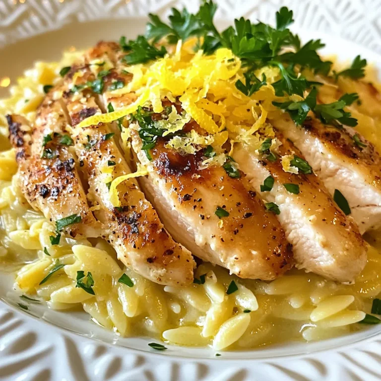 - 1 cup orzo pasta - 2 boneless, skinless chicken breasts (about 1 pound) - 1 cup heavy cream - 1/2 cup grated Parmesan cheese - 2 tablespoons olive oil - 2 garlic cloves, minced - Zest of 1 lemon - 2 tablespoons fresh lemon juice - 1 teaspoon dried thyme - Salt and pepper to taste - Fresh parsley for garnish Orzo pasta is the star of this dish. It has a small, rice-like shape that absorbs flavors well. The chicken adds protein and gives a lovely texture. Heavy cream makes the sauce rich and smooth. Parmesan cheese brings in a salty, nutty flavor that complements the dish. Garlic adds depth, while lemon zest and juice brighten everything up. Dried thyme adds an earthy taste. Finally, salt and pepper enhance all these flavors. Choose high-quality chicken for the best taste. Look for breasts that are fresh and have no added water. For the cream, use heavy cream for richness. Fresh lemons give the best flavor; always zest and juice them yourself. When selecting Parmesan cheese, get the block and grate it yourself. This ensures better flavor compared to pre-grated cheese. Fresh parsley adds a nice touch. Look for vibrant, green leaves, as this signals freshness. {{ingredient_image_1}} To cook the orzo pasta, start by filling a large pot with water. Add salt to the water to enhance flavor. Bring the water to a boil. When it boils, add 1 cup of orzo pasta. Cook it according to the package instructions, usually about 8-10 minutes. You want it to be al dente, so check it a minute early. Once done, drain the pasta and set it aside. Now, let’s prepare the chicken. Take 2 boneless, skinless chicken breasts. Pat them dry with a paper towel. Season both sides with salt, pepper, and dried thyme. Heat 2 tablespoons of olive oil in a large skillet over medium heat. When the oil is hot, add the chicken breasts. Cook them for about 6-7 minutes on each side until they turn golden brown and reach an internal temperature of 165°F. Remove the chicken from the skillet and let it rest for a few minutes. This helps keep it juicy. Slice the chicken just before serving. In the same skillet, add 2 minced garlic cloves. Sauté them for about 30 seconds until they smell great. Reduce the heat to low. Add 1 cup of heavy cream, lemon zest, and 2 tablespoons of lemon juice to the skillet. Stir the mixture and bring it to a gentle simmer. Then, add ½ cup of grated Parmesan cheese. Whisk it in until it melts and becomes smooth. Taste and add salt and pepper as needed. Finally, add the cooked orzo to the sauce and stir well. Make sure each piece of orzo is coated in that creamy goodness. Now, slice your rested chicken and place it on top of the creamy orzo. Sprinkle fresh parsley for a nice touch. Enjoy your meal! To cook chicken that shines, start with good seasoning. Use salt, pepper, and dried thyme. These flavors really enhance the taste. Heat olive oil in your skillet until hot. Then, add the chicken breasts. Cook them for 6-7 minutes on each side. You want a golden crust and an internal temperature of 165°F. Let the chicken rest after cooking. This keeps it juicy. Slice it just before serving for the best look. Creaminess comes from using heavy cream and Parmesan cheese. After cooking the garlic, reduce the heat. This helps prevent burning. Stir in the heavy cream slowly. Then add the lemon zest and juice. Bring it to a gentle simmer. Whisk in the Parmesan until smooth. This mix should coat the orzo well. If it feels too thick, add a splash of pasta water for balance. Garnishing makes your dish pop! Use fresh parsley for color and taste. Chop it finely and sprinkle on top. You can also add more lemon zest for brightness. A few extra shavings of Parmesan can enhance the look too. For a twist, try a sprinkle of crushed red pepper for a little heat. These simple touches will elevate your creamy lemon Parmesan orzo. Pro Tips Perfectly Cooked Chicken: Ensure the chicken reaches an internal temperature of 165°F for safe consumption and optimal juiciness. Use Fresh Lemon: For the best flavor, use fresh lemon juice and zest instead of bottled varieties; it enhances the dish's brightness. Customize the Herbs: Feel free to substitute dried thyme with fresh thyme or other herbs like basil or oregano to match your taste preferences. Garnish for Flair: Fresh parsley not only adds color but also brings a fresh flavor that complements the creamy orzo beautifully. {{image_2}} You can easily switch to a vegetarian version. Instead of chicken, use mushrooms or zucchini. Sauté them until soft and golden. You can also add some spinach for color and nutrients. Replace the heavy cream with coconut cream or a rich plant-based milk. This gives you creaminess without meat. To boost flavor, try adding fresh herbs. Basil or dill works great with lemon. You can also stir in sun-dried tomatoes for a tangy twist. A pinch of red pepper flakes adds a nice kick. If you like a nutty taste, toss in some toasted pine nuts before serving. Orzo is a fun choice, but other pastas can work too. Try small shapes like ditalini or farfalle. Rice or quinoa can be good substitutes if you want gluten-free. Just remember to adjust cooking times based on what you choose. Each option brings its own unique flavor and texture. You can store your creamy lemon parmesan orzo with chicken in an airtight container. Make sure to let it cool down first. Keep it in the fridge for up to three days. If you want to save it longer, freezing is a good option. To reheat, I recommend using the stovetop. Add a splash of water or chicken broth to the orzo. Heat it on low and stir until warm. This keeps the orzo creamy and tasty. You can also use the microwave. Heat it in short bursts, stirring in between. If you freeze leftovers, place them in a freezer-safe container. Leave some space at the top since the orzo expands. It can last up to three months in the freezer. When you’re ready to enjoy, thaw it overnight in the fridge. Then, reheat as described above. To make orzo from scratch, you need flour and water. You can use semolina flour for a better texture. Mix the flour with water to form a dough. Knead it until smooth. Roll it out thin and cut it into small pieces. Shape each piece into tiny rice-like grains. Cook them in boiling water until they float. This can take about 2 to 3 minutes. Fresh orzo has a great taste and texture. Yes, you can use other cheeses! If you want a strong flavor, try using aged cheddar. For a milder taste, mozzarella works well. Goat cheese can add a nice tang too. Just remember to adjust the amount based on the cheese's strength. Grate or crumble the cheese for easy melting in the sauce. This way, you keep the creamy texture. This dish pairs well with a crisp salad. A simple green salad with vinaigrette is perfect. You can also serve it with steamed vegetables for color and nutrition. Garlic bread complements the meal nicely, adding crunch. For a special touch, some lemon wedges on the side brighten the dish. Enjoying a glass of white wine can enhance the flavors too! This blog post covered all you need for a tasty Creamy Lemon Parmesan Orzo with Chicken. I broke down the key ingredients and shared tips for quality. You learned how to cook orzo, prepare chicken, and create a creamy sauce. I offered cooking tips, variations for your diet, and how to store leftovers. Remember, cooking should be fun and easy. Enjoy experimenting with flavors and making this dish your own!