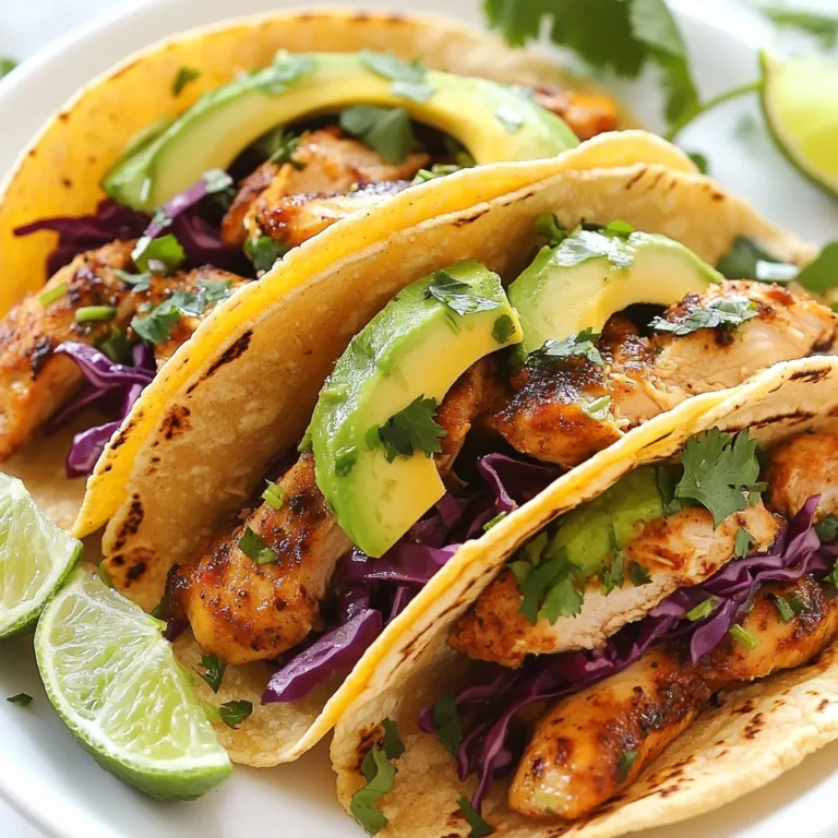 - 1 lb boneless, skinless chicken thighs - 1/4 cup fresh orange juice - 1/4 cup fresh lime juice - 4 cloves garlic, minced - 1 teaspoon cumin - 1 teaspoon oregano - 1/2 teaspoon smoked paprika - Salt and pepper to taste - 2 tablespoons olive oil For the Cuban mojo chicken, I use chicken thighs. They stay juicy and tender. The marinade makes the chicken flavorful. I mix fresh orange juice and lime juice for a bright taste. Garlic, cumin, oregano, and smoked paprika add depth. Salt and pepper round out the flavor. I let the chicken soak in this mix for hours or overnight. This helps the chicken absorb all those tasty flavors. - 8 small corn tortillas - 1 cup red cabbage, shredded - 1 avocado, sliced - Fresh cilantro leaves for garnish - Lime wedges for serving When it's time to build the tacos, I warm small corn tortillas. They are soft and easy to fold. I pile on the sliced chicken first. Then, I add shredded red cabbage for crunch. Sliced avocado gives a creamy touch. Lastly, I sprinkle fresh cilantro for a burst of flavor. A wedge of lime on the side adds zest when squeezed over the taco. Each bite is a mix of tastes and textures. {{ingredient_image_1}} To start, you need to mix the marinade. In a bowl, combine: - 1/4 cup fresh orange juice - 1/4 cup fresh lime juice - 4 cloves garlic, minced - 1 teaspoon cumin - 1 teaspoon oregano - 1/2 teaspoon smoked paprika - Salt and pepper to taste Stir these ingredients well to combine. This mixture adds zest and flavor to the chicken. Next, it’s time to marinate the chicken. Place 1 lb of boneless, skinless chicken thighs in a resealable plastic bag or a shallow dish. Pour the marinade over the chicken. Seal the bag or cover the dish. Refrigerate the chicken for at least 1 hour. For the best taste, let it marinate overnight. Now, let’s cook the chicken. Preheat your grill or skillet over medium-high heat. Once it’s hot, add 2 tablespoons of olive oil. This helps to prevent sticking and adds flavor. Remove the chicken from the marinade. Let any excess marinade drip off. Cook the chicken for about 6-7 minutes per side. You want the internal temperature to reach 165°F (74°C). This ensures the chicken is fully cooked and safe to eat. Once cooked, let the chicken rest for a few minutes. After resting, slice the chicken into strips. Now comes the fun part! Warm your 8 small corn tortillas on the grill or in a separate skillet. Heat them until they are soft and pliable. To assemble the tacos, lay a few slices of chicken on each tortilla. Top with shredded red cabbage and sliced avocado. Finally, garnish with fresh cilantro leaves. Serve with lime wedges on the side. These add a bright burst of flavor when squeezed over the tacos. Enjoy your delicious Cuban Mojo Chicken Tacos! Marinating the chicken is key. It helps the meat soak up all that great flavor. I suggest marinating for at least one hour. If you have time, let it sit overnight. This extra time really makes a difference. You can adjust the flavors easily. Want it sweeter? Add more orange juice. Like it tangy? Just use more lime juice. Play around until it fits your taste. To get the perfect chicken texture, don’t rush the cooking. Make sure your grill or skillet is hot before adding the chicken. Cook it for about 6-7 minutes on each side. You want it to reach 165°F inside. This ensures it stays juicy and tender. If you can’t grill, don’t worry! You can bake or pan-sear the chicken too. Just keep an eye on the time and temperature. When it’s time to fold your tacos, warm the tortillas first. This makes them more flexible and less likely to tear. Place your chicken slices in the center, then add the toppings. I like to add shredded red cabbage and avocado for crunch. Top it off with fresh cilantro. Serve with lime wedges for that final burst of flavor. Pair your tacos with some black beans or a fresh salad. These sides bring out the best in your Cuban Mojo Chicken Tacos. Enjoy! Pro Tips Marinate for Maximum Flavor: Allow the chicken to marinate overnight if possible. This will enhance the flavor and tenderness of the meat. Use a Meat Thermometer: To ensure the chicken is perfectly cooked, use a meat thermometer to check that the internal temperature reaches 165°F (74°C). Warm Tortillas Properly: Warm the corn tortillas on a hot grill or skillet for a few seconds on each side; this makes them more pliable and enhances their flavor. Garnish Creatively: Don't hesitate to add other toppings like diced tomatoes, pickled onions, or jalapeños for an extra flavor kick and visual appeal. {{image_2}} You can switch out chicken thighs for other proteins. Tofu is great for a plant-based option. Just press it first to remove water. Shrimp also works well and cooks fast. Use the same marinade for both. For toppings, you have many choices. Try diced tomatoes for a fresh bite. Pickled onions add a zing. You can also swap red cabbage for green. Each choice changes the flavor and look of your tacos. Cuban mojo chicken tacos are tasty, but you can mix things up. Serve the chicken over a bed of greens for a salad. Add your favorite dressing for more flavor. Want to get creative? Try Cuban nachos! Use tortilla chips as a base. Top them with chicken, cabbage, and cheese. Drizzle with lime juice to bring it all together. To keep leftover chicken fresh, place it in an airtight container. This helps avoid air and moisture. You can store it in the fridge for up to four days. If you want to keep it longer, freeze it. Wrap the chicken tightly in plastic wrap before placing it in a freezer bag. This method helps prevent freezer burn. You can freeze the chicken for up to three months. When you’re ready to eat it, thaw the chicken in the fridge overnight. When it comes to tacos, storing them correctly is key. If you have assembled tacos, eat them within a few hours. The tortillas may get soggy. If you have unassembled tacos, store the chicken, tortillas, and toppings separately. Keep the chicken in the fridge, and wrap the tortillas in foil to keep them warm. For the toppings, place them in containers. For reheating, you can warm the chicken in a skillet over medium heat. Heat the tortillas in a dry skillet for about 30 seconds on each side. This will crisp them up nicely. Enjoy your tacos fresh and tasty! You can add hot sauces or fresh peppers to your tacos. Try using jalapeños for a nice kick. If you prefer a smoky flavor, chipotle hot sauce works well too. Just drizzle some on top of your tacos before serving. You can also mix chopped peppers into the marinade. This method adds heat from the start. Adjust the spice level to fit your taste. Yes, you can use other meats like pork, beef, or shrimp. Each protein has a different marinating time. Pork can marinate for 2 to 4 hours. Beef usually needs 1 to 2 hours. Shrimp only requires about 30 minutes. Make sure to adjust your cooking time too. For example, shrimp cooks much faster than chicken. This way, you can enjoy a variety of flavors. Some great sides include black beans, rice, or plantains. These foods complement the flavors of the tacos well. You can also serve a simple salad with lime dressing. This adds freshness to your meal. Chips with salsa or guacamole are another fun option. These sides enhance the meal and make it even more enjoyable. Cuban Mojo Chicken Tacos are a delicious fusion meal you can easily create. We covered the main ingredients, from chicken thighs to fresh toppings. The step-by-step guide makes it simple to perfect your marinade and cook the chicken. I shared tips for marinating, cooking, and assembling your tacos. Remember, you can swap ingredients for fun variations. With proper storage, your leftovers can stay fresh for another meal. Now, get ready to enjoy bold flavors and impress your friends with this tasty dish!