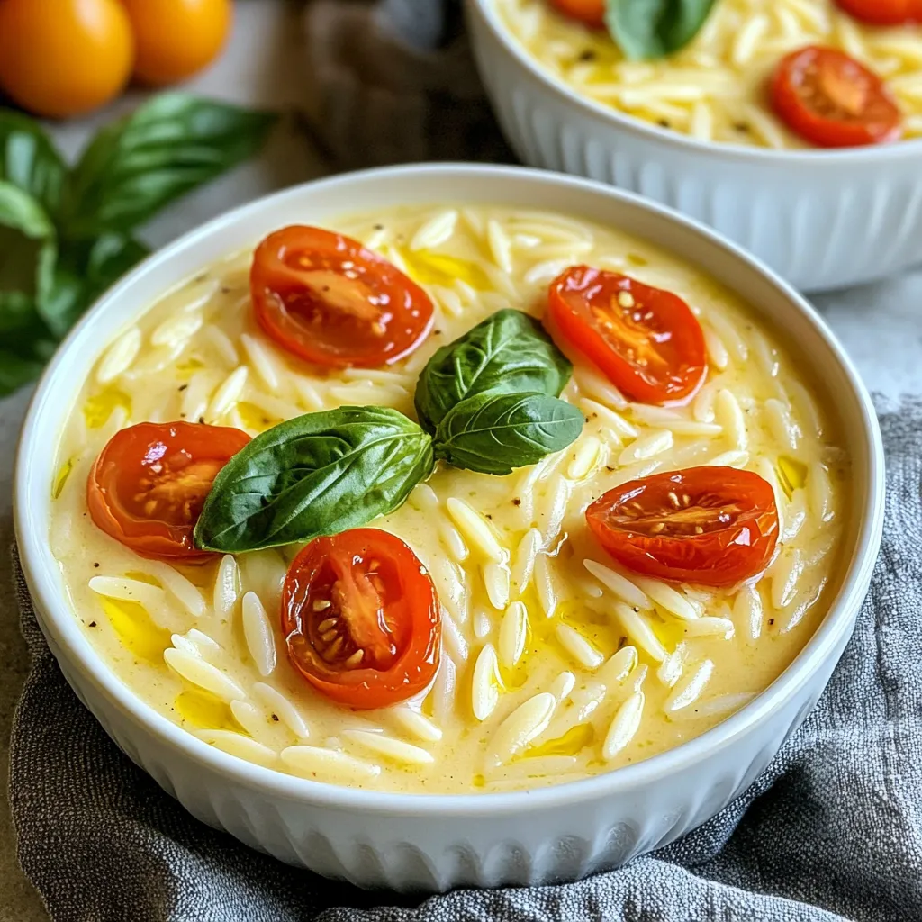 For creamy tomato basil orzo, you will need: - 1 cup orzo pasta - 2 cups vegetable broth - 1 cup cherry tomatoes, halved - 1 cup heavy cream or coconut cream - ½ cup grated Parmesan cheese (or nutritional yeast for a vegan option) - 2 cloves garlic, minced - 1 tablespoon olive oil - 1 teaspoon dried Italian herbs (basil, oregano) - Salt and pepper to taste - Fresh basil leaves for garnish Each ingredient plays a key role. If you need substitutes: - For orzo pasta, you can use any small pasta. - Vegetable broth can swap with chicken broth. - Use coconut cream for a dairy-free option. - Nutritional yeast works well instead of Parmesan cheese. Using fresh ingredients often gives better taste. For this dish: - Fresh basil adds bright flavor. - Fresh garlic has a stronger, sweeter taste. - Dried herbs are fine but use less, as they are more potent. Fresh tomatoes bring sweetness and juiciness. If you use canned tomatoes, choose whole or diced. Always drain excess liquid to prevent a watery dish. {{ingredient_image_1}} First, gather all your ingredients. You will need: - 1 cup orzo pasta - 2 cups vegetable broth - 1 cup cherry tomatoes, halved - 1 cup heavy cream or coconut cream - ½ cup grated Parmesan cheese (or nutritional yeast for a vegan option) - 2 cloves garlic, minced - 1 tablespoon olive oil - 1 teaspoon dried Italian herbs (basil, oregano) - Salt and pepper to taste - Fresh basil leaves for garnish Make sure to wash the cherry tomatoes and chop them. Mince the garlic well. This step helps in releasing the garlic's strong flavor. Begin by heating the olive oil in a medium saucepan over medium heat. Add the minced garlic and let it cook for about 1-2 minutes. You want it fragrant, not browned. Next, add the halved cherry tomatoes. Cook these for 3-4 minutes until they soften. Now, stir in the orzo pasta. Coat it well with the oil and garlic for about 1 minute. This adds flavor to the pasta. Then, pour in the vegetable broth and bring it to a boil. Once it boils, lower the heat and let it simmer. Stir occasionally for about 10-12 minutes. You want the orzo to be tender and absorb most of the liquid. Once the orzo is cooked, reduce the heat to low. Stir in the heavy cream and grated Parmesan cheese. Mix until the cheese melts and the sauce turns creamy. Season with dried herbs, salt, and pepper. If you want a creamier dish, add a bit more broth or cream. After mixing, remove the pan from the heat. Let the dish sit for a few minutes to thicken slightly. To make your orzo extra creamy, use high-quality heavy cream or coconut cream. These will blend well and give you that rich texture. Stir the mixture gently to avoid lumps. If you notice it’s too thick, add a splash of broth. This keeps the sauce smooth and helps it coat the pasta. Another tip is to use freshly grated Parmesan instead of pre-grated cheese. Fresh cheese melts better and creates a silkier sauce. Lastly, let the dish rest after cooking. It will thicken and develop its flavors, making every bite delightful. To boost flavor and creaminess, use fresh ingredients. Fresh basil adds a bright taste. Try using garlic and onion for more depth. A squeeze of lemon juice can brighten the dish. If you want it richer, add more cream or cheese. You can also try adding a bit of butter just before serving. This will give it a nice shine. One common mistake is overcooking the orzo. Keep an eye on the time. Orzo should be tender but not mushy. Another mistake is not seasoning enough. Taste the dish as you cook and adjust the salt and pepper. Also, don’t forget to let the dish sit for a few minutes after cooking. This helps it thicken and allows the flavors to blend. Serve the creamy tomato basil orzo in deep bowls. Top with fresh basil and a sprinkle of Parmesan cheese. This makes it look nice and inviting. For a side, pair it with a crisp green salad. A light vinaigrette goes well. You can also serve garlic bread or crusty rolls on the side. They are great for soaking up the creamy sauce. Pro Tips Use Fresh Herbs: Fresh basil will enhance the flavor profile of the dish significantly compared to dried herbs. Add them just before serving for maximum freshness. Adjust Creaminess: For a richer sauce, feel free to add more heavy cream or coconut cream. For a lighter version, simply increase the vegetable broth. Perfect Pasta Texture: Make sure to stir the orzo occasionally while it cooks to prevent it from sticking together and ensure an even texture. Garnish Wisely: A sprinkle of additional Parmesan cheese and a drizzle of high-quality olive oil can elevate the dish, making it look and taste gourmet. {{image_2}} You can easily make this creamy tomato basil orzo vegan. Just swap heavy cream for coconut cream. This gives a rich taste without dairy. Use nutritional yeast instead of Parmesan cheese. It adds a nice cheesy flavor. Both of these changes keep the dish creamy and delicious. Want to add more veggies? Try bell peppers, zucchini, or spinach. These add color and nutrients. Chop them small so they cook fast. You can mix them in while sautéing the garlic and tomatoes. This keeps everything fresh and bright. Herbs and spices can change the whole dish. You can use fresh basil for a strong flavor. If you like heat, add red pepper flakes. For a twist, try thyme or rosemary. These add depth and make the dish unique. Adjust herbs to match your taste. To keep your creamy tomato basil orzo fresh, store it in an airtight container. Let the orzo cool down before sealing it. This helps prevent extra moisture and keeps it from getting soggy. You can keep it in the fridge for up to three days. If you want to enjoy the dish later, make sure to label the container with the date. Reheating your leftover orzo is easy. You can use the microwave or the stove. For the microwave, place the orzo in a bowl and cover it with a damp paper towel. Heat it in short bursts, stirring in between, until it’s warm. On the stove, add a splash of broth or cream to a pan. Heat the orzo over low heat, stirring often until it’s hot. If you want to freeze your creamy tomato basil orzo, it works well! Use a freezer-safe container to store it. Make sure to leave some room for the orzo to expand. It can stay frozen for about two months. When you're ready to enjoy it, thaw it overnight in the fridge before reheating. Yes, you can use other pasta types. Try small shapes like penne or shells. These hold sauce well. Just adjust cooking time based on the pasta you pick. Follow package instructions to cook it right. You have tasty options for heavy cream. Coconut cream works well for a dairy-free choice. You can also use cashew cream for a rich flavor. If you want a lighter option, use whole milk or half-and-half. To add heat, include red pepper flakes. Start with a pinch and taste. You can also add diced jalapeños or a splash of hot sauce. Just remember, start small and add more as needed. Enjoy your spicy twist! In this blog post, we covered key ingredients and measurements for a creamy tomato basil orzo. You learned how to prepare ingredients, follow detailed cooking steps, and achieve a rich texture. We shared tips to enhance flavor and avoid common mistakes. You also discovered variations like vegan options and vegetable add-ins. Finally, we discussed how to store leftovers and reheat them properly. Now you’re ready to try this delicious dish yourself. Enjoy the cooking process and personalize it to make it your own!