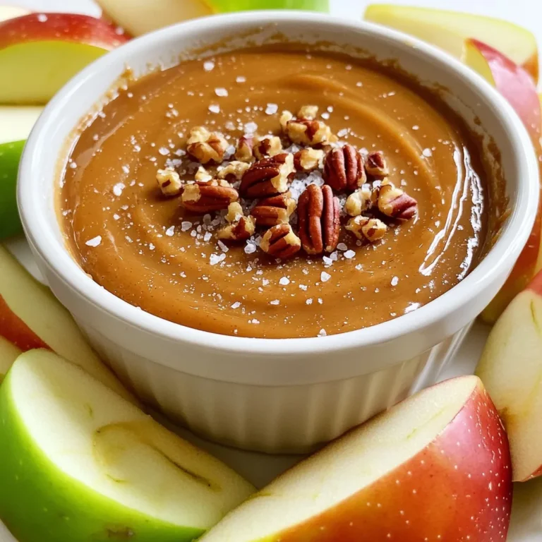 To make the best salted caramel apple dip, you need simple, fresh ingredients. Here’s what you will need: - 2 large apples (Granny Smith or Honeycrisp), sliced - 1 cup caramel sauce (store-bought or homemade) - 1/2 cup cream cheese, softened - 1/4 cup powdered sugar - 1 teaspoon vanilla extract - 1/2 teaspoon sea salt - 1/4 cup chopped pecans or walnuts (optional for crunch) - Additional sea salt for garnish These ingredients work together to create a sweet and salty treat. The apples give a crisp bite. The cream cheese adds a rich creaminess. Caramel sauce brings a warm sweetness, while sea salt balances it all. You can add nuts for a fun crunch. If you want to make it special, use homemade caramel sauce. Choosing the right apples is key. Granny Smith apples are tart and crisp, perfect for contrast. Honeycrisp apples are sweet and juicy, adding a different flavor. Either way, you will enjoy this dip! To start, take your softened cream cheese and beat it. Use an electric mixer for this. Mix until it is smooth and creamy. This step is key for a great texture. Next, add the powdered sugar and vanilla extract. Mix again until everything is well combined. You want a sweet and creamy base for your dip. Now, it’s time for the caramel. Gradually pour in the caramel sauce while mixing. Keep the mixer running to ensure it blends well. The dip should turn a beautiful caramel color. Once mixed, add the sea salt. Stir until it is fully blended. This adds a touch of salty flavor that makes the dip shine. Pour the mixture into a serving bowl. If you like nuts, sprinkle chopped pecans or walnuts on top. They add a nice crunch. Drizzle some extra caramel sauce over the dip for a sweet touch. Finish with a sprinkle of sea salt for contrast. Finally, arrange your sliced apples around the dip. You can serve them on a platter or in individual servings. Enjoy every bite of this sweet, salty, and creamy delight! For this dip, I love using Granny Smith or Honeycrisp apples. Granny Smith apples add a nice tartness. This balances the sweet caramel. Honeycrisp apples bring a crunch and sweetness. Both types slice well and hold their shape. Choose firm apples with bright color for the best flavor. You can make this dip your own! Add more flavor by mixing in spices like cinnamon or nutmeg. Want some crunch? Toss in chopped pecans or walnuts. For a creamier dip, use more cream cheese. You can also try flavored caramel, like sea salt or chocolate. Adjust the sea salt for your taste. To get a smooth dip, ensure your cream cheese is soft. Let it sit at room temperature for a bit. Mix slowly to avoid lumps. When adding the caramel sauce, pour it in gradually. This helps blend it well. If it’s too thick, add a splash of milk. For a silky finish, mix until it’s well combined. {{image_2}} You can make your salted caramel apple dip even better with fun toppings. Try adding chocolate chips for a sweet twist. You can also use shredded coconut for a tropical flair. Crushed graham crackers can add a nice crunch. Get creative and mix it up based on your taste! While apples are great, you can dip other fruits too. Pears are a tasty choice and pair well with caramel. Sliced bananas work nicely, adding a creamy texture. Strawberries are another fun option, bringing a juicy burst of flavor. Experiment with different fruits to find your perfect match. If you want a lighter dip, use light cream cheese instead of regular. This change keeps the taste while cutting some calories. For sweetness, consider sugar alternatives like honey or agave syrup. These options can help you enjoy the flavors without the extra sugar. You can still indulge while staying on track with your health goals! To store any leftover salted caramel apple dip, place it in an airtight container. This keeps it fresh and creamy. Make sure to cover the dip with plastic wrap if the container is not completely sealed. Store it in the fridge for up to three days. I do not recommend freezing this dip. Freezing can change the texture of cream cheese. The dip may become watery when thawed. If you need to save some, stick to the fridge. You do not need to heat this dip. It tastes best chilled. If you prefer it warm, gently heat it in the microwave. Use short bursts of 10 seconds, stirring in between. This helps keep the dip smooth and tasty. Yes, you can make this dip ahead of time. Prepare the dip and store it in the fridge. It stays fresh for up to two days. Just cover it well with plastic wrap or a lid. When ready to serve, add the toppings, like nuts and extra caramel. You can serve a variety of items with this dip. Here are some great options: - Sliced apples (like Granny Smith or Honeycrisp) - Pear slices - Pretzels for a salty crunch - Graham crackers for a sweet touch - Marshmallows for a fun twist Feel free to mix and match to find your favorites! Salted Caramel Apple Dip lasts for about two days in the fridge. Keep it in an airtight container. After that, the dip may lose its taste and texture. If you see any change in color or smell, it’s best to toss it. Always check before eating leftovers! This blog shared how to make a tasty Salted Caramel Apple Dip. You learned the right ingredients and simple steps to create it. I also shared tips to choose apples and customize the dip. You can even find ways to store leftovers or enjoy it with different fruits. Try this sweet treat at your next gathering. It’s easy and fun to make. Enjoy experimenting with flavors and toppings to find your perfect mix!